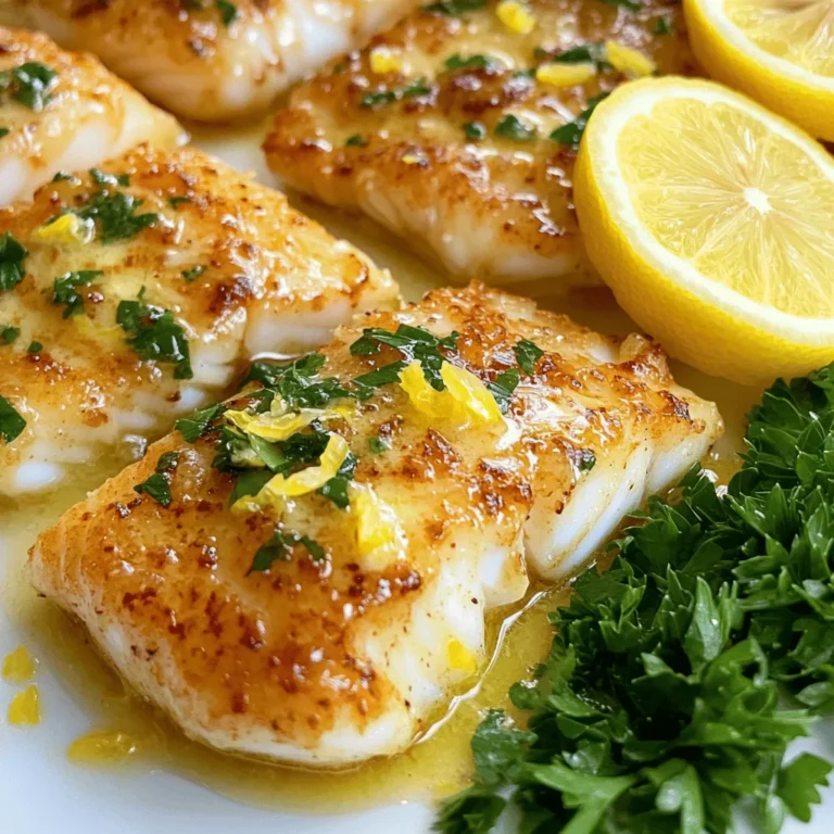 - 4 cod fillets (about 6 oz each) - 4 tablespoons unsalted butter - 4 cloves garlic, minced - Zest and juice of 1 large lemon - Salt and pepper to taste - 1 tablespoon fresh parsley, chopped (for garnish) - Lemon slices (for serving) When you make Lemon Garlic Butter Cod, fresh ingredients matter. The cod fillets should be firm and shiny. This helps ensure they cook evenly and taste great. Use unsalted butter for better control over saltiness. Fresh garlic makes a big difference in flavor. The lemon adds a bright, zesty touch. You need both the zest and juice for the best taste. Zest brings out the oils in the skin, while juice adds acidity. Don’t forget salt and pepper to season. These simple ingredients transform the dish into something special. Garnishing with parsley makes your dish look and taste fresh. Slices of lemon on the side give an extra pop of flavor. Whether you are cooking for family or friends, this dish impresses with its simplicity and taste. First, you need to pat the cod fillets dry. This helps them sear better. Use paper towels to gently press on each side. Next, season both sides with salt and pepper. This gives the fish great flavor and enhances its taste. In a large skillet, melt the butter over medium heat. Watch for it to start bubbling gently; this means it's ready. Now, add the minced garlic to the melted butter. Sauté the garlic for about 30 seconds. You want it fragrant but not burnt. This step makes the dish smell amazing! Now it's time to place the seasoned cod fillets in the skillet. Cook them for 4-5 minutes on one side. Look for a golden brown color before you flip them over. After flipping, pour the lemon juice and zest over the fish. Let it cook for another 4-5 minutes. The fish should flake easily with a fork when done. Remove the skillet from heat and transfer the cod fillets to a serving plate. Spoon the garlic butter from the skillet over the top. Garnish with chopped parsley for color and flavor. Finally, serve with lemon slices on the side. This adds a fresh, citrusy kick to your meal! To get that perfect sear on your cod, start with a hot pan. Heat the skillet on medium heat before adding butter. This makes the fish sizzle right away. Place the cod in the skillet without crowding it. Leave space for air to flow, which helps it brown nicely. To avoid overcooking, keep an eye on the cod. Cook it for about 4-5 minutes on one side. It should turn golden brown. When you flip it, pour the lemon juice and zest right away. This adds flavor and keeps the fish moist. The cod is done when it flakes easily with a fork. You can boost the flavor with fresh herbs. Try adding dill, thyme, or basil. These herbs pair well with lemon and garlic. For spices, a pinch of red pepper flakes can add a nice kick. If you want to use different fish, that’s easy! This recipe works well with tilapia, haddock, or even salmon. Adjust the cooking time based on the thickness of the fillets. Each fish brings its own taste to the dish. When plating, stack the cod fillets slightly off-center on the plate. Spoon the garlic butter sauce over the top for a glossy finish. Garnish with fresh parsley for a pop of color. For side dishes, consider serving lemon garlic butter cod with steamed broccoli or a fresh salad. Rice or quinoa also make great options. These sides balance the meal and add nutrition. {{image_2}} You can cook lemon garlic butter cod in different ways. Baking is one option. It keeps the fish moist. Bake the cod at 400°F for 12-15 minutes. This method allows the flavors to blend well. Pan-searing is another great choice. It gives the fish a nice golden crust. Heat your skillet with butter and garlic. Cook the cod for 4-5 minutes on each side. You’ll get a delicious, caramelized flavor. Grilling lemon garlic butter cod adds a smoky twist. Preheat your grill to medium heat. Place the cod on a grill pan or directly on the grates. Grill for about 4-5 minutes per side. The char from the grill enhances the dish. If you cannot find cod, you have options. Other white fish like haddock or tilapia work well. They have a similar texture and flavor. Just adjust cooking times as needed. You can swap out garlic for shallots or onion. Both give a nice flavor. If you need a dairy-free option, use olive oil instead of butter. It will change the taste a bit but still be tasty. Adding Mediterranean ingredients can make this dish unique. Try adding olives, capers, or sun-dried tomatoes. These ingredients bring a vibrant taste and color. You can also incorporate Asian flavors. Adding soy sauce or ginger can create a new twist. Drizzle some sesame oil for a nutty flavor. These changes will give your cod dish a fresh perspective. To keep cooked cod fresh, place it in a shallow container. Cover it tightly with plastic wrap or a lid. This helps reduce air exposure. You can store it in the fridge for up to three days. After that, the quality may drop, and it may not taste as good. If you need to store cod for a longer time, freezing is a great option. First, let the cod cool completely. Wrap each fillet tightly in plastic wrap, then in aluminum foil. This prevents freezer burn. You can freeze cod for up to three months. When you’re ready to eat it, thaw the cod in the fridge overnight for best texture. To reheat cod without drying it out, use a low heat method. Preheat your oven to 250°F (120°C). Place the cod in an oven-safe dish, and add a little butter or broth. Cover it with foil to keep moisture in. Heat for about 15 minutes or until warmed through. To bring life back to leftovers, you can drizzle with fresh lemon juice before serving. The best way to season cod is simple. I love using salt and pepper. This allows the fish's natural taste to shine. You can also add lemon zest for a fresh kick. Fresh herbs like parsley or dill enhance flavor too. If you want more depth, try smoked paprika or garlic powder. These spices work well with the fish. Remember, less is often more when it comes to seasoning. Cooking cod takes about 8 to 10 minutes. For the best results, cook it over medium heat. Start by cooking one side for 4 to 5 minutes. Look for a golden brown crust as a sign. Then flip it carefully and cook the other side. The cod is done when it flakes easily with a fork. If it looks opaque, it is ready. Use a timer to avoid overcooking. Yes, you can prepare cod ahead of time. Season the fillets and store them in the fridge. This keeps them fresh for up to 24 hours. When ready to cook, just follow the steps. If you have leftover cooked cod, store it in an airtight container. It lasts in the fridge for 2 to 3 days. To reheat, warm it gently in a skillet. This helps keep the fish moist and tasty. This blog post covered how to cook delicious lemon garlic butter cod. You learned about the main ingredients, step-by-step instructions, and tips for cooking it perfectly. Variations let you explore different flavors and cooking methods. It’s easy to store and reheat, ensuring less waste. Enjoy trying out new recipes and impressing your guests. Cod is simple and always tasty. Happy cooking!