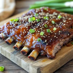 - 2 pounds baby back ribs - 1 cup honey - 1/4 cup low sodium soy sauce - 1/4 cup apple cider vinegar - 4 cloves garlic, minced - 1 teaspoon ground ginger - 1 teaspoon paprika - 1/2 teaspoon black pepper - 1/2 teaspoon salt - 1 tablespoon sesame seeds (for garnish) - 2 green onions, chopped (for garnish) - Slow cooker - Mixing bowl - Basting brush - Baking sheet Gather these ingredients to make Sweet Honey Garlic Ribs. The ribs are the star, soaking up all the tasty sauce. Honey gives sweetness, while soy sauce adds depth. Apple cider vinegar brings a nice tang. Garlic and ginger give a warm, spicy kick. Paprika, salt, and pepper round out the flavor. Make sure you have the right kitchen tools. A slow cooker is key for tender ribs. A mixing bowl helps you whisk the sauce. A basting brush lets you coat the ribs with sauce. Finally, a baking sheet is perfect for broiling after cooking. With these ingredients and tools, you’re all set to create a savory delight for any meal. - Start by removing the membrane from the back of the ribs. This helps the flavors get deep into the meat. - Once done, pat the ribs dry with paper towels. This step makes the seasoning stick better. - In a mixing bowl, whisk together the honey, soy sauce, apple cider vinegar, minced garlic, ground ginger, paprika, black pepper, and salt. - Mix until the sauce is smooth and all flavors blend well. This sauce is sweet and tangy, perfect for the ribs. - Next, stack the ribs in the slow cooker. If they don’t fit, cut them into smaller pieces. - Pour the honey garlic sauce over the ribs and make sure they are coated well. Use a spoon to turn them if needed. - Cover the slow cooker and set the cooking time. You can choose low for 6-8 hours or high for 4-5 hours. The ribs should become tender and easily pull apart. To get tender ribs, cooking time matters. If you use low heat, cook for 6-8 hours. For high heat, 4-5 hours is best. Check for tenderness. Ribs should pull apart easily. The ideal internal temperature is 190°F. This temp ensures the meat is soft and juicy. Marinating the ribs adds depth. Aim for at least 30 minutes. For more flavor, try marinating overnight. If you like heat, add chili flakes to the sauce. Start with 1/2 teaspoon, then adjust to your taste. This can give your dish a nice kick. If you don’t have a slow cooker, use your oven. Preheat to 300°F. Cover the ribs in a baking dish with foil. Bake for 2.5 to 3 hours. Check often for tenderness. You can also use an Instant Pot. Set it to high pressure for 25 minutes. Let the pressure release naturally for best results. {{image_2}} You can mix things up with different sauces. A teriyaki sauce will add a sweet and savory twist. Just swap the honey with teriyaki for a fun change. For a spicy kick, try a spicy honey garlic variation. Add some chili flakes to the honey garlic sauce for the heat you crave. You can use other cuts of ribs too. Spare ribs or St. Louis-style ribs work well. They have more meat and can hold up to slow cooking. If you prefer, boneless ribs are a great option too. They cook quickly and absorb flavors very well. Just adjust the cooking time to ensure they stay tender. Pair your ribs with tasty side dishes. Coleslaw is a classic that adds crunch and freshness. Cornbread or baked beans complement the sweet flavors nicely. For drinks, a chilled beer or a light red wine works well. They balance the rich taste of the ribs and make your meal complete. To store your sweet honey garlic ribs, let them cool first. Place the ribs on a plate to cool down for about 30 minutes. This helps prevent moisture build-up. Once cooled, you can store them in containers. Use airtight containers to keep the ribs fresh. Glass or plastic containers both work well. Make sure to leave some space for sauce if you have extra. If you have many ribs, consider using multiple containers to avoid overcrowding. When reheating ribs, you have two great options: the microwave or the oven. For the microwave, place the ribs on a plate. Cover them with a damp paper towel to keep them moist. Heat on medium power for about 1-2 minutes. Check if they're warm enough and add time if needed. For the oven, preheat it to 250°F (120°C). Place the ribs in an oven-safe dish and cover with foil. Heat for 20-30 minutes until they're warmed through. This method keeps the ribs juicy and tasty. Freezing cooked ribs is easy and helps you save them for later. Wrap each rib tightly in plastic wrap. You can also place them in a freezer bag. Remove as much air as possible to prevent freezer burn. When you want to eat the frozen ribs, let them thaw in the fridge overnight. After thawing, you can reheat them using the microwave or oven methods mentioned above. Enjoy your tender, sweet honey garlic ribs at any time! You can cook ribs in a slow cooker for 6-8 hours on low. If you prefer, you can set it to high for 4-5 hours. The ribs will become tender and pull apart easily when done. This cooking time allows the flavors to blend well and the meat to become juicy. Yes, you can use other types of vinegar. For example, rice vinegar or white vinegar work well. Each type of vinegar brings a unique flavor to the dish. Just keep in mind that the taste may vary slightly. Apple cider vinegar adds a nice sweetness, but feel free to experiment. Honey garlic ribs pair great with many sides. Here are some ideas: - Coleslaw for a crunchy contrast. - Steamed rice or fried rice to soak up the sauce. - Grilled corn on the cob for a sweet touch. - Roasted vegetables for a healthy option. - Baked beans for a classic barbecue feel. These sides balance the flavors of the ribs and create a hearty meal. This post covered how to make delicious honey garlic ribs. We explored required ingredients, kitchen tools, and step-by-step instructions. I shared tips for tender ribs and alternative cooking methods. Variations like teriyaki sauce and different cuts of meat add fun twists. Proper storage and reheating tips ensure your leftovers taste great. Enjoy these ribs with your favorite sides and drinks. Trying new recipes can be rewarding and tasty, so get cooking!