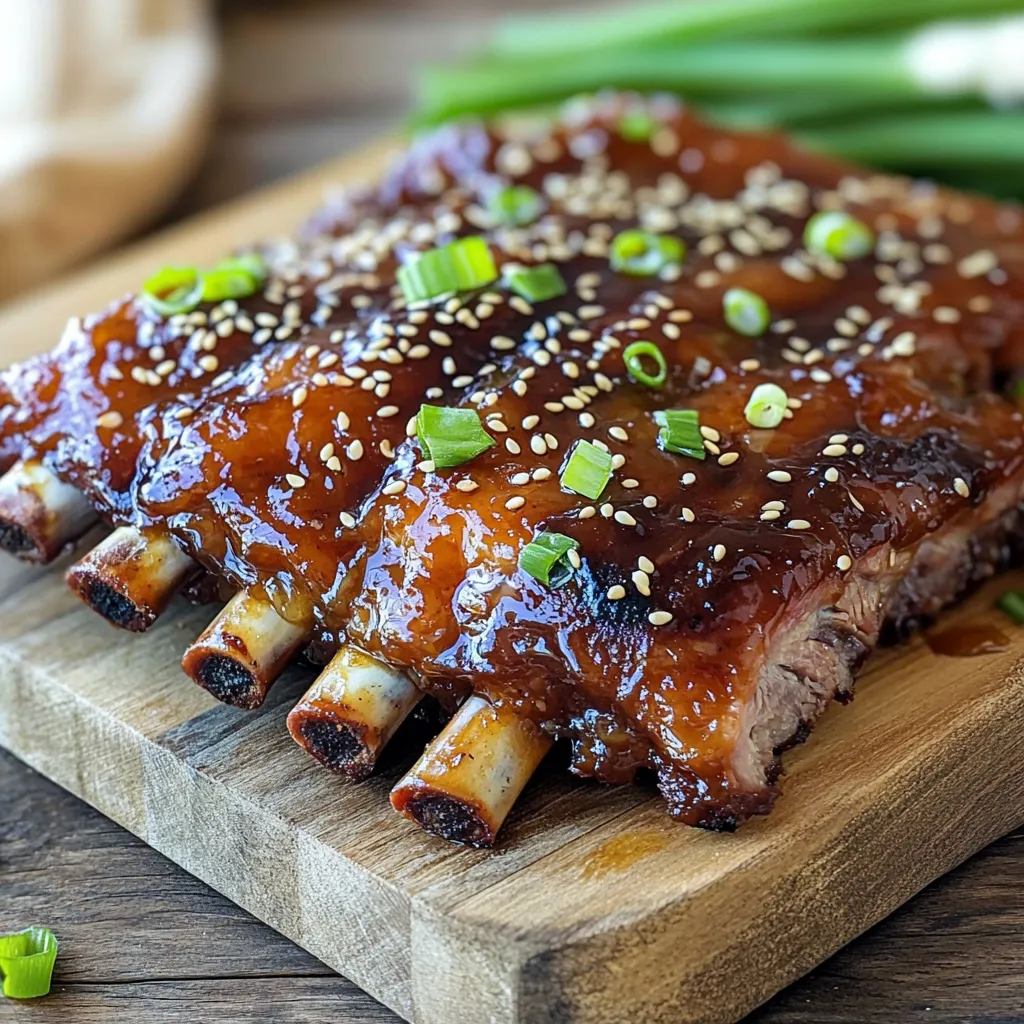 - 2 pounds baby back ribs - 1 cup honey - 1/4 cup low sodium soy sauce - 1/4 cup apple cider vinegar - 4 cloves garlic, minced - 1 teaspoon ground ginger - 1 teaspoon paprika - 1/2 teaspoon black pepper - 1/2 teaspoon salt - 1 tablespoon sesame seeds (for garnish) - 2 green onions, chopped (for garnish) - Slow cooker - Mixing bowl - Basting brush - Baking sheet Gather these ingredients to make Sweet Honey Garlic Ribs. The ribs are the star, soaking up all the tasty sauce. Honey gives sweetness, while soy sauce adds depth. Apple cider vinegar brings a nice tang. Garlic and ginger give a warm, spicy kick. Paprika, salt, and pepper round out the flavor. Make sure you have the right kitchen tools. A slow cooker is key for tender ribs. A mixing bowl helps you whisk the sauce. A basting brush lets you coat the ribs with sauce. Finally, a baking sheet is perfect for broiling after cooking. With these ingredients and tools, you’re all set to create a savory delight for any meal. - Start by removing the membrane from the back of the ribs. This helps the flavors get deep into the meat. - Once done, pat the ribs dry with paper towels. This step makes the seasoning stick better. - In a mixing bowl, whisk together the honey, soy sauce, apple cider vinegar, minced garlic, ground ginger, paprika, black pepper, and salt. - Mix until the sauce is smooth and all flavors blend well. This sauce is sweet and tangy, perfect for the ribs. - Next, stack the ribs in the slow cooker. If they don’t fit, cut them into smaller pieces. - Pour the honey garlic sauce over the ribs and make sure they are coated well. Use a spoon to turn them if needed. - Cover the slow cooker and set the cooking time. You can choose low for 6-8 hours or high for 4-5 hours. The ribs should become tender and easily pull apart. To get tender ribs, cooking time matters. If you use low heat, cook for 6-8 hours. For high heat, 4-5 hours is best. Check for tenderness. Ribs should pull apart easily. The ideal internal temperature is 190°F. This temp ensures the meat is soft and juicy. Marinating the ribs adds depth. Aim for at least 30 minutes. For more flavor, try marinating overnight. If you like heat, add chili flakes to the sauce. Start with 1/2 teaspoon, then adjust to your taste. This can give your dish a nice kick. If you don’t have a slow cooker, use your oven. Preheat to 300°F. Cover the ribs in a baking dish with foil. Bake for 2.5 to 3 hours. Check often for tenderness. You can also use an Instant Pot. Set it to high pressure for 25 minutes. Let the pressure release naturally for best results. {{image_2}} You can mix things up with different sauces. A teriyaki sauce will add a sweet and savory twist. Just swap the honey with teriyaki for a fun change. For a spicy kick, try a spicy honey garlic variation. Add some chili flakes to the honey garlic sauce for the heat you crave. You can use other cuts of ribs too. Spare ribs or St. Louis-style ribs work well. They have more meat and can hold up to slow cooking. If you prefer, boneless ribs are a great option too. They cook quickly and absorb flavors very well. Just adjust the cooking time to ensure they stay tender. Pair your ribs with tasty side dishes. Coleslaw is a classic that adds crunch and freshness. Cornbread or baked beans complement the sweet flavors nicely. For drinks, a chilled beer or a light red wine works well. They balance the rich taste of the ribs and make your meal complete. To store your sweet honey garlic ribs, let them cool first. Place the ribs on a plate to cool down for about 30 minutes. This helps prevent moisture build-up. Once cooled, you can store them in containers. Use airtight containers to keep the ribs fresh. Glass or plastic containers both work well. Make sure to leave some space for sauce if you have extra. If you have many ribs, consider using multiple containers to avoid overcrowding. When reheating ribs, you have two great options: the microwave or the oven. For the microwave, place the ribs on a plate. Cover them with a damp paper towel to keep them moist. Heat on medium power for about 1-2 minutes. Check if they're warm enough and add time if needed. For the oven, preheat it to 250°F (120°C). Place the ribs in an oven-safe dish and cover with foil. Heat for 20-30 minutes until they're warmed through. This method keeps the ribs juicy and tasty. Freezing cooked ribs is easy and helps you save them for later. Wrap each rib tightly in plastic wrap. You can also place them in a freezer bag. Remove as much air as possible to prevent freezer burn. When you want to eat the frozen ribs, let them thaw in the fridge overnight. After thawing, you can reheat them using the microwave or oven methods mentioned above. Enjoy your tender, sweet honey garlic ribs at any time! You can cook ribs in a slow cooker for 6-8 hours on low. If you prefer, you can set it to high for 4-5 hours. The ribs will become tender and pull apart easily when done. This cooking time allows the flavors to blend well and the meat to become juicy. Yes, you can use other types of vinegar. For example, rice vinegar or white vinegar work well. Each type of vinegar brings a unique flavor to the dish. Just keep in mind that the taste may vary slightly. Apple cider vinegar adds a nice sweetness, but feel free to experiment. Honey garlic ribs pair great with many sides. Here are some ideas: - Coleslaw for a crunchy contrast. - Steamed rice or fried rice to soak up the sauce. - Grilled corn on the cob for a sweet touch. - Roasted vegetables for a healthy option. - Baked beans for a classic barbecue feel. These sides balance the flavors of the ribs and create a hearty meal. This post covered how to make delicious honey garlic ribs. We explored required ingredients, kitchen tools, and step-by-step instructions. I shared tips for tender ribs and alternative cooking methods. Variations like teriyaki sauce and different cuts of meat add fun twists. Proper storage and reheating tips ensure your leftovers taste great. Enjoy these ribs with your favorite sides and drinks. Trying new recipes can be rewarding and tasty, so get cooking!