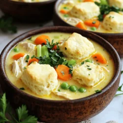 To make this cozy chicken pot pie soup, you will need: - 2 tablespoons olive oil - 1 pound boneless, skinless chicken breasts, cut into bite-sized pieces - 1 medium onion, diced - 2 cloves garlic, minced - 3 medium carrots, diced - 2 stalks celery, diced - 4 cups low-sodium chicken broth - 1 cup frozen peas - 1 cup heavy cream - 1 cup refrigerated biscuit dough, cut into small pieces - Salt to taste These ingredients come together to create a warm and hearty dish. The chicken gives protein, while the veggies add color and flavor. To boost the taste of your soup, add: - 1 teaspoon dried thyme - 1 teaspoon dried rosemary - ½ teaspoon black pepper These herbs bring warmth and depth to the soup. You can adjust the salt to your liking. For a pretty finish and added flavor, consider these garnishes: - Fresh parsley for a pop of green - Extra biscuit pieces on top or on the side for crunch Garnishes make your dish look appealing and add a touch of freshness. They are great for impressing guests or enjoying a cozy meal at home. Start by heating 2 tablespoons of olive oil in a large skillet over medium-high heat. Add 1 pound of bite-sized chicken pieces. Cook until they turn lightly brown on all sides, about 5-7 minutes. This step adds great flavor to the chicken. Once done, transfer the chicken to your slow cooker. In the same skillet, toss in 1 medium diced onion, 2 minced garlic cloves, 3 diced carrots, and 2 diced celery stalks. Sauté these for about 4-5 minutes until the veggies soften. This step builds the base of flavor for the soup. Afterward, transfer this mixture into the slow cooker with the chicken. Pour 4 cups of low-sodium chicken broth into the slow cooker. Add in 1 cup of frozen peas, 1 teaspoon of dried thyme, 1 teaspoon of dried rosemary, and ½ teaspoon of black pepper. Stir well to mix everything together. Cover the slow cooker and set it to low for 6 hours or high for 3 hours. You'll know it's ready when the chicken is cooked through and the veggies are tender. About 30 minutes before serving, stir in 1 cup of heavy cream and 1 cup of small biscuit dough pieces. Cover and let it cook until the dough is fluffy and cooked through. Before serving, taste the soup and adjust the seasoning with salt or pepper if needed. Serve hot, garnished with fresh parsley for a vibrant finish. Enjoy your cozy bowl of soup! To make your soup burst with flavor, use fresh herbs. Fresh thyme and rosemary add depth. You can also add a squeeze of lemon juice for brightness. If you want more kick, try a pinch of cayenne pepper. Adding a splash of white wine can also boost the taste. Always start with a hot skillet. Searing the chicken first gives a great base flavor. Layer the ingredients in the slow cooker. Place chicken at the bottom, then add vegetables, and top with broth. This helps all the flavors mix well. Remember not to lift the lid too often. Each time you open it, heat escapes. If the soup is too thick, add more broth or cream. Stir well and let it cook a bit longer. For a thicker soup, mash a few vegetable pieces. You can also add a cornstarch slurry for quick thickening. Adjust the biscuit dough pieces to your liking. More dough makes it hearty, while less keeps it lighter. {{image_2}} You can switch the chicken for other proteins. Turkey works well if you want a change. If you prefer beef, use stew meat. Just make sure to cook it until tender. For a lighter option, try using shrimp. Just add it in the last 30 minutes of cooking. To make this soup vegetarian, skip the chicken entirely. Use chickpeas or lentils as a great protein source. They add texture and flavor. You can also substitute vegetable broth for chicken broth. This will keep all the great taste while keeping it meat-free. Feel free to get creative with your veggies. Potatoes add heartiness and soak up flavor. Green beans bring a nice crunch and color. You can also toss in corn for sweetness. Just remember to cut all veggies into small pieces for even cooking. After you enjoy your Chicken Pot Pie Soup, store leftovers in airtight containers. Let the soup cool down first. This helps keep it fresh. You can keep it in the fridge for up to three days. Label the container with the date to track freshness. Freezing is a great option if you want to save some soup for later. To freeze, use freezer-safe containers. Pour the cooled soup in, leaving some space at the top. This allows for expansion. You can freeze it for up to three months. When you're ready to eat, just thaw it in the fridge overnight. When it's time to enjoy your soup again, reheat it gently. You can use the stove or microwave. If using the stove, pour the soup into a pot and heat on low. Stir often to avoid burning. If using the microwave, heat in short intervals. Stir in between to ensure even heating. Add a splash of cream or broth if the soup is too thick. Enjoy your comforting soup! Yes, you can make this soup on the stove. First, cook the chicken in a pot. Then add the veggies and broth. Let it simmer until everything is tender. Stir in the cream and biscuit dough last. Cook until the dough is fluffy. This method takes less time than the slow cooker. You can store Chicken Pot Pie Soup in the fridge for up to four days. Keep it in an airtight container. This helps retain its flavor and texture. If you want to save it longer, think about freezing it. This soup is great on its own, but you can serve it with bread. A nice crusty bread or biscuits pairs well. A simple salad also makes a good side dish. It adds freshness to your meal. Enjoy your comforting soup with these tasty sides! This blog post covers all you need for a great Chicken Pot Pie Soup. We discussed the main ingredients, seasonings, and tasty garnishes to elevate your dish. I shared easy steps for preparing chicken, sautéing veggies, and slow cooking the soup. You also learned helpful tips for flavor, texture, and storage. Don't forget to try different proteins or make a vegetarian version. Now, you have the tools to create a comforting meal that brings joy to the table. Enjoy your cooking adventure!