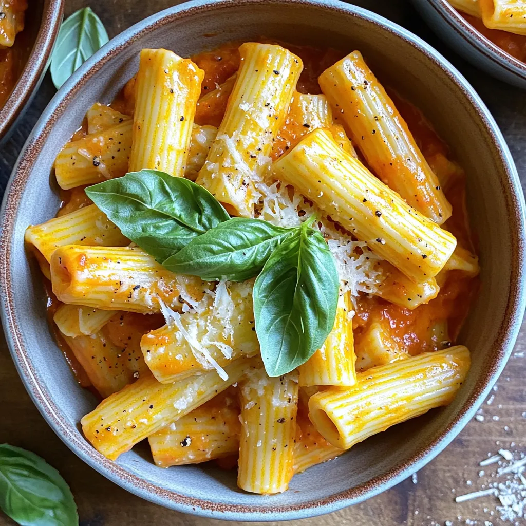 To make this creamy pasta, gather these items: - 12 oz (340g) pasta of your choice (penne or fusilli work well) - 1 jar (12 oz) roasted red peppers in oil, drained and chopped - 1 small onion, diced - 3 cloves garlic, minced - 2 cups vegetable broth - 1 cup heavy cream or coconut cream for a dairy-free option - 1 cup grated Parmesan cheese (or nutritional yeast for a vegan option) - 1 teaspoon Italian seasoning - 1/2 teaspoon red pepper flakes (adjust to taste) - Salt and pepper to taste - Fresh basil leaves for garnish You can swap some ingredients based on your needs: - Use gluten-free pasta for a gluten-free option. - Coconut cream works as a dairy-free alternative to heavy cream. - Nutritional yeast is a great substitute for Parmesan cheese in vegan dishes. - Feel free to use any broth, like chicken broth, if you prefer. This creamy roasted red pepper pasta is not just tasty but also satisfying. Here’s a quick look at the nutrition per serving: - Calories: Around 500 - Protein: 15g - Carbohydrates: 60g - Fat: 25g This dish provides a good balance of carbs and fats. It’s filling and perfect for a cozy meal. You can adjust the ingredients for dietary needs, making it versatile for all. First, gather your ingredients. You need pasta, roasted red peppers, onion, garlic, vegetable broth, heavy cream, Parmesan cheese, Italian seasoning, red pepper flakes, salt, and pepper. Fresh basil adds a nice touch. 1. Heat the Oil: Start by heating a splash of oil from the roasted red peppers in a large pot over medium heat. 2. Cook the Onion: Add the diced onion. Cook it for about 3-4 minutes until it becomes soft and clear. 3. Add Garlic: Toss in the minced garlic. Sauté for 1-2 minutes. Keep an eye on it so it doesn’t burn. 4. Combine Ingredients: Stir in the chopped roasted red peppers, vegetable broth, and Italian seasoning. Bring this to a gentle simmer. 5. Cook the Pasta: Add the uncooked pasta. Stir it well, cover, and cook for 10-12 minutes. Stir occasionally until the pasta is tender. 6. Make It Creamy: Lower the heat. Mix in the heavy cream and Parmesan cheese. Stir until everything is creamy and combined. 7. Season: Add red pepper flakes, salt, and pepper to taste. 8. Thicken and Serve: Remove from heat and let it sit for a couple of minutes. This will help it thicken. If you like, fold in fresh basil before serving. To get the best creamy texture, use heavy cream or coconut cream. Make sure to lower the heat before adding these. If you want it even creamier, add more cheese. Stir well to combine everything smoothly. Let it rest a bit after cooking. This helps the sauce stick to the pasta better. When making creamy roasted red pepper pasta, avoid undercooking the pasta. This can lead to a chewy texture. Always check the pasta for doneness before you finish the sauce. Another mistake is not using enough seasoning. The roasted red peppers add flavor, but salt and pepper are key. Taste as you go to ensure the right balance. Lastly, don't skip the resting time after cooking. Letting it sit helps the sauce thicken and flavors meld. To save time, chop the onion and garlic while the pot heats. You can also use pre-chopped roasted red peppers. They are available in jars and save you a lot of prep time. If you have leftovers, store them in the fridge for a quick meal later. Reheating on low heat helps the pasta stay creamy. You can also cook the pasta while you prepare the sauce. This cuts down on overall cooking time. You can amp up the flavor by adding fresh herbs. Basil is a great choice, but parsley or thyme works well too. A splash of lemon juice adds brightness and balances the creaminess. For spice lovers, more red pepper flakes can give it a kick. If you want a smoky flavor, try adding smoked paprika. Lastly, finish with a drizzle of good olive oil before serving for richness. {{image_2}} You can easily make this dish vegan and dairy-free. Swap heavy cream for coconut cream. It adds a nice touch. Use nutritional yeast instead of Parmesan cheese. This gives a cheesy flavor without dairy. You can also add some plant-based milk for extra creaminess. Want to change things up? Add spinach or kale for more nutrition. You can toss in sun-dried tomatoes for a burst of flavor. Try adding olives for a salty twist. For a smokier taste, mix in some smoked paprika. Each option will give your pasta a new spin. If you need gluten-free pasta, there are great options available. Look for pasta made from rice or quinoa. These cook well and taste great. Just follow the cooking times on the package. This way, you can enjoy this creamy pasta without gluten. To store your creamy roasted red pepper pasta, let it cool first. Then, place it in an airtight container. This helps keep it fresh. You can store it in the fridge for up to three days. If you want to enjoy it later, use proper storage methods to keep the flavor intact. When it’s time to reheat, use a pot or a microwave. If using a pot, add a splash of broth or water to help it warm up. Stir gently over low heat until hot. If using a microwave, heat in short bursts. Stir in between to ensure even heating. This will prevent it from drying out. You can freeze this pasta too! Place it in a freezer-safe container or bag. Make sure to remove as much air as possible. This will help avoid freezer burn. It can last in the freezer for up to two months. When ready to eat, thaw it in the fridge overnight. Reheat as described above for the best taste. Yes, you can use any pasta you like. Penne and fusilli work great, but spaghetti or rotini are also good choices. The key is to pick a pasta that can hold the sauce well. Whole grain or gluten-free pasta can be used if you prefer those options. To add spice, increase the red pepper flakes. Start with one teaspoon and add more if you like heat. You can also add sliced jalapeños or a dash of hot sauce while cooking. Taste as you go to find the right level of spice for you. If you want a lighter option, use coconut cream or cashew cream. These options give a rich flavor without dairy. You can also use unsweetened almond milk mixed with a bit of flour for creaminess. This keeps the dish creamy and delicious without heavy cream. This blog post covered all you need for a great pasta dish. We listed what ingredients to use and how to cook them. Remember to avoid common mistakes and try new flavors. You can also store leftovers for later use. Each step brings you closer to a tasty meal. Use these tips to make your cooking fun and easy. Enjoy your time in the kitchen and have great meals!
