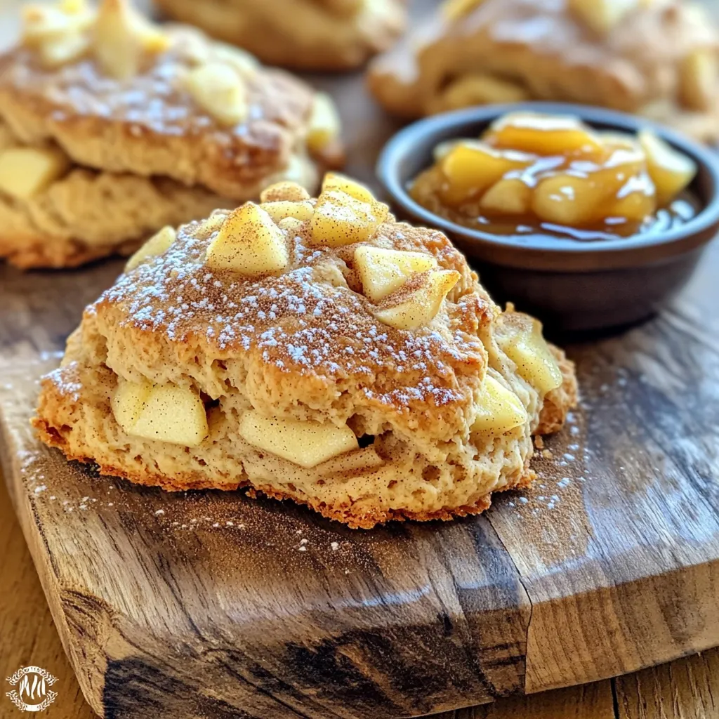 - 2 cups all-purpose flour - 1/4 cup granulated sugar - 1 tablespoon baking powder - 1/2 teaspoon baking soda - 1 teaspoon ground cinnamon - 1/4 teaspoon salt - 1/2 cup unsalted butter, cold and cubed - 1 large apple, peeled and diced - 1/2 cup heavy cream - 1 large egg - 1 teaspoon vanilla extract - 1/2 cup brown sugar, for topping - Optional: Extra cinnamon for sprinkling The key to great scones is in the ingredients. First, you need flour. It gives the scones their base. Granulated sugar adds sweetness. Baking powder helps them rise. Baking soda also helps. Ground cinnamon gives that warm spice flavor. Salt enhances all the tastes. Butter is very important. Use cold, cubed unsalted butter. This keeps the scones flaky. The apple adds moisture and flavor. I recommend a tart apple like Granny Smith. Heavy cream makes the dough rich and light. The egg binds everything together. Vanilla extract adds a lovely aroma. Brown sugar on top gives a sweet crunch. You can sprinkle extra cinnamon for that extra kick. These ingredients work together to make soft, flavorful scones that taste like they came from a bakery. 1. Preheat your oven to 400°F (200°C) and line a baking sheet with parchment paper. 2. In a large bowl, whisk together the dry ingredients: - 2 cups all-purpose flour - 1/4 cup granulated sugar - 1 tablespoon baking powder - 1/2 teaspoon baking soda - 1 teaspoon ground cinnamon - 1/4 teaspoon salt 3. Add the cold, cubed butter to the dry mix. Use your fingers or a pastry cutter to blend it until it looks like coarse crumbs. 1. In a separate bowl, mix together the wet ingredients: - 1/2 cup heavy cream - 1 large egg - 1 teaspoon vanilla extract 2. Pour this wet mixture into the dry mix. Stir it gently until just combined. The dough should feel slightly sticky but not wet. 1. Turn the dough onto a floured surface. Pat it into a square about 1 inch thick. 2. Cut the dough into triangles or squares, whatever you like. 3. Place your scones on the prepared baking sheet. Brush the tops with a bit of extra cream, then sprinkle with brown sugar and a pinch of cinnamon. 4. Bake for 15-20 minutes. Look for a golden brown color on top. Use a toothpick to check if they are done; it should come out clean. Using cold butter is key to great scones. It helps keep the dough flaky and light. When mixing the butter, use your fingertips or a pastry cutter. Work quickly to avoid warming the butter. This way, the scones will puff up nicely. You should also avoid overmixing the dough. Mixing too much makes the scones tough. Once you combine the wet and dry ingredients, stop when it just comes together. The dough should feel slightly sticky but not wet. To boost flavor, consider adding spices like nutmeg or ginger. Both pair well with cinnamon and apples. You can also try a pinch of cardamom for a unique twist. Using different types of apples can change the taste. Tart apples, like Granny Smith, add a nice zing. Sweet apples, like Fuji or Honeycrisp, offer a richer flavor. Experiment to find your favorite! Serve the warm scones on a wooden board. This makes them look inviting. Add a small bowl of apple butter or clotted cream as an accompaniment. It enhances the experience and adds a touch of luxury. For a bakery-style setup, sprinkle fresh cinnamon on top before serving. This adds a beautiful finish and makes your scones even more appealing. {{image_2}} You can make your scones even better by adding nuts or dried fruits. Walnuts or pecans add crunch. Dried cranberries or raisins give a sweet touch. Just add about half a cup of your choice when you mix the apples in. You can also switch up the spices. Try nutmeg for a warm flavor. You might like using almond extract instead of vanilla. These swaps can change the whole taste of your scones. If you need gluten-free scones, use gluten-free flour. Almond flour or coconut flour works well too. Just know that the texture might change a bit. You may want to add an extra egg to help bind it all together. For dairy-free options, you can use coconut cream instead of heavy cream. Vegan butter can replace the unsalted butter. These changes will keep your scones tasty and friendly for different diets. In fall, add cranberries or pears to your scones. They add a nice tartness that pairs well with cinnamon. You can also use pumpkin spice for a seasonal flavor. In winter, try adding spices like ginger or allspice. These spices warm up the scone and make it cozy. You can even adjust the sugar level based on the fruit’s sweetness. This keeps your scones fresh and exciting all year round! To keep your scones fresh, use airtight containers. This helps lock in moisture and flavor. If you have leftovers, store them at room temperature for up to two days. For longer storage, freeze them. Wrap each scone in plastic wrap, then place them in a freezer bag. They will stay fresh for up to three months. When you want to enjoy your scones again, reheating them is key. Preheat your oven to 350°F (175°C). Place the scones on a baking sheet. Heat them for about 10 to 15 minutes. This warms them up without losing their texture. You can also use a microwave. Warm the scones for 15 to 20 seconds. However, this method may make them a bit softer. Enjoy your delicious scones warm! To make cinnamon apple scones, follow these simple steps. First, gather your ingredients. You need flour, sugar, baking powder, baking soda, cinnamon, salt, butter, an apple, heavy cream, an egg, and vanilla. 1. Preheat your oven to 400°F and line a baking sheet with parchment paper. 2. In a large bowl, mix flour, sugar, baking powder, baking soda, cinnamon, and salt. 3. Cut in the cold butter until it looks like coarse crumbs. 4. Gently fold in the diced apple. 5. In another bowl, whisk heavy cream, egg, and vanilla until mixed well. 6. Combine the wet and dry mixes until just mixed. 7. Turn the dough onto a floured surface and shape it into a square. 8. Cut the dough into triangles or squares. 9. Place on the baking sheet, brush with cream, and sprinkle with brown sugar. 10. Bake for 15-20 minutes until golden brown. Yes, you can use other flours. For a gluten-free option, try a gluten-free blend. Almond flour adds a nutty flavor but may change the texture. Whole wheat flour makes the scones denser and heartier. Just remember, each flour acts differently. You might need to adjust the liquid based on the flour you choose. You can tell scones are done by checking their color and texture. They should be golden brown on top. Insert a toothpick into the center. If it comes out clean, the scones are ready. They should feel firm but not hard. Enjoy the warm, buttery goodness right out of the oven! This article covered how to make cinnamon apple scones. We explored ingredients, step-by-step instructions, and tips for a perfect texture. You learned about flavor variations and proper storage. Enjoy these scones fresh or save them for later. Whether you try nuts or different spices, there’s no wrong way to personalize this recipe. Remember, baking is all about fun and creativity. Enjoy every bite of your tasty creation.