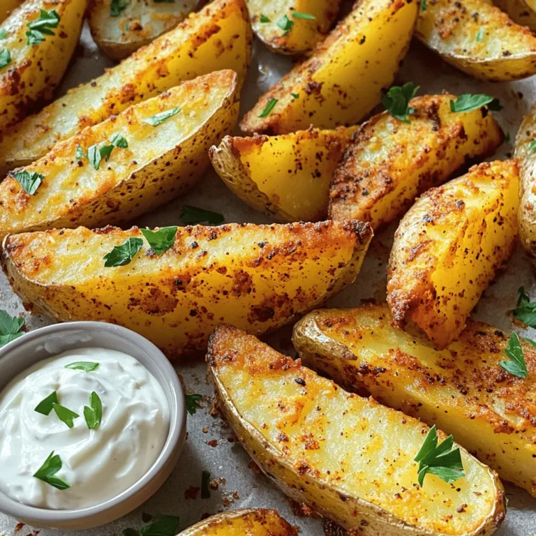 To make crispy Cajun potato wedges, you need just a few simple items. Here's what you'll need: - 4 medium russet potatoes - 3 tablespoons olive oil - 2 teaspoons Cajun seasoning - 1 teaspoon garlic powder - 1 teaspoon onion powder - ½ teaspoon smoked paprika - ½ teaspoon salt - ¼ teaspoon black pepper - Fresh parsley, chopped (for garnish) - Optional: Dipping sauce suggestions, like ranch or garlic aioli Gather these ingredients before you start cooking. Having everything ready makes the process easier. The russet potatoes give the best texture for wedges. Olive oil helps the spices stick and adds flavor. Cajun seasoning gives the wedges a nice kick! Start by scrubbing the potatoes under cold water. This cleans off dirt and grit. After cleaning, cut each potato into wedges. Aim for uniform sizes, about 1-inch thick. This helps them cook evenly. In a large bowl, place the potato wedges. Drizzle them with olive oil. Add Cajun seasoning, garlic powder, onion powder, smoked paprika, salt, and black pepper. Toss the wedges well to coat them evenly. This step is key for great flavor. Set your air fryer to 400°F (200°C). Preheat for about 5 minutes. Place the seasoned wedges in the basket, leaving space between each. This helps them crisp up. Air fry for 15-20 minutes. Shake the basket halfway through. Check for that golden-brown color. Cook until crispy and delicious! To get those perfect, crispy edges, follow these best practices for air frying: - Preheat your air fryer to 400°F (200°C) for five minutes. This step helps cook the wedges evenly. - Use a light baking spray on the basket. This adds a nice texture and helps the wedges crisp up nicely. Want to amp up the flavor? Consider these suggestions: - Add a pinch of cayenne for heat. It’ll give the wedges a spicy kick. - Try mixing in other spices like cumin or paprika. These can create unique flavor profiles. - You can also use different seasoning blends like taco or garlic herb for variety. These Cajun wedges taste great on their own, but they shine with dips: - Serve with ranch or garlic aioli. Both pair well with the spicy flavors. - For a meal, enjoy them with grilled chicken or a fresh salad. The flavors balance perfectly. {{image_2}} You can spice up your wedges with cayenne pepper. This will add heat and flavor. If you want a healthier twist, try sweet potatoes instead of russets. Sweet potato wedges bring a rich, natural sweetness. You can use the same seasoning blend for both types of potatoes. To bake these wedges in the oven, preheat it to 425°F (220°C). Spread the seasoned wedges on a baking sheet. Bake for 25-30 minutes, flipping halfway through. The air fryer gives you a crunchier texture, while baking makes them softer. Air frying cooks faster, so watch the time closely. These wedges make a great side dish for burgers or grilled chicken. You can also turn them into a loaded potato wedge plate. Just add cheese, bacon bits, and green onions on top. Serve with your favorite dipping sauce, like ranch or garlic aioli, for extra flavor. To keep your crispy Cajun potato wedges fresh, let them cool first. Spread them out on a plate to cool down quickly. Once they are at room temperature, place them in an airtight container. I recommend using glass or plastic containers with a tight lid. This keeps them crunchy and prevents moisture buildup. When you want to enjoy your leftovers, the air fryer is the best choice. Set it to 350°F (175°C). Reheat the wedges for about 5-8 minutes. This method helps restore their crispiness. If you use an oven, preheat it to 400°F (200°C). Place the wedges on a baking sheet and heat for about 10 minutes. Check to see if they are hot and crispy. If you want to store the wedges for a longer time, freezing works well. Lay the cooled wedges on a baking sheet in a single layer. Freeze them for about an hour. After they are frozen, transfer them to a freezer-safe bag or container. This keeps them from sticking together. When you’re ready to eat, thaw them in the fridge overnight. Then, reheat them in the air fryer or oven for a crispy treat! Yes, you can prep these wedges ahead of time. Here are some tips: - Cut the potatoes and soak them in water to remove excess starch. This helps them stay crispy. - Store the soaked wedges in the fridge for up to 24 hours. - When ready to cook, drain and pat them dry to remove moisture. This step ensures your wedges stay crispy and delicious. If you don't have Cajun seasoning, you can use these alternatives: - Creole seasoning: Similar flavor but with a different spice mix. - Chili powder: Adds heat and flavor, though it lacks the same depth. - Homemade mix: Combine paprika, cayenne, garlic powder, and dried herbs for a DIY option. Experiment with these to find your favorite flavor. Several common mistakes can lead to soggy wedges: - Too much oil: Use just enough to coat the wedges. Excess oil can make them greasy. - Overcrowding the basket: Give the wedges space to cook evenly. This helps them crisp up. - Not shaking the basket: Shake halfway through cooking to ensure even crisping. Avoid these issues for perfect crispy wedges. Cooking time depends on the thickness of your wedges: - Thin wedges: Cook for about 12-15 minutes. - Medium wedges: Aim for 15-20 minutes. - Thick wedges: These may need 20-25 minutes. Always check for a golden-brown color and adjust cooking time as needed. This blog post covered everything you need to make tasty Cajun potato wedges. We discussed the ingredients, prepping, and seasoning techniques for the perfect cook. I shared tips for extra crispiness and flavor enhancements as well as variations to suit your taste. Storing and reheating were also included to help you enjoy leftovers. Whether you enjoy them as a side or snack, these wedges are sure to impress. Get creative with your recipes, and enjoy the delicious results!