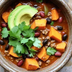 - 1 pound ground turkey - 2 medium sweet potatoes, diced - 1 can (15 oz) black beans, drained and rinsed - 1 can (15 oz) kidney beans, drained and rinsed - 1 can (28 oz) crushed tomatoes Ground turkey adds lean protein to your chili. Sweet potatoes give it a creamy texture. Beans, both black and kidney, boost protein and fiber. Together, they create a hearty base for your dish. - 1 tablespoon chili powder - 1 teaspoon cumin - 1 teaspoon smoked paprika - 1/2 teaspoon cayenne pepper (optional) Chili powder brings warmth and depth. Cumin adds a nutty flavor. Smoked paprika provides a hint of smokiness. Cayenne pepper is optional for those who love spice. These seasonings elevate the chili's taste. - 1 medium onion, chopped - 2 cloves garlic, minced - 1 bell pepper (any color), diced - 2 cups vegetable broth - 1 tablespoon olive oil Chopped onion and minced garlic create a strong flavor base. Diced bell pepper adds sweet crunch. Vegetable broth makes the chili hearty and helps it cook down. Olive oil is key for sautéing the turkey. Each ingredient plays a part in the rich, savory profile of the dish. - Sauté the turkey: Start by heating olive oil in a skillet over medium heat. Once the oil is hot, add the ground turkey. Cook it for about 5-7 minutes. Break the meat apart with a spoon as it cooks. Season it with salt and pepper to taste. This step adds flavor and makes the turkey nice and brown. - Prepare vegetables for the slow cooker: In your slow cooker, add the diced sweet potatoes, chopped onion, diced bell pepper, and minced garlic. These vegetables bring great texture and taste to the chili. The sweet potatoes add a slight sweetness that pairs well with the savory turkey. - Add beans and tomatoes: Next, stir in the black beans, kidney beans, and crushed tomatoes into the slow cooker. Beans are a perfect source of protein and fiber. They make the chili hearty and filling. - Season the mixture: Now, add the chili powder, cumin, smoked paprika, and cayenne pepper if you want heat. Don't forget to sprinkle in some salt and pepper. Mixing these spices gives the chili its rich flavor. - Pour in the broth: Carefully pour in the vegetable broth. This liquid helps the chili cook evenly and makes it nice and smooth. Stir everything together to combine all the flavors. - Combine turkey and cook: Once the turkey is browned, add it to the slow cooker. Gently stir to mix it into the chili. Cover the slow cooker and set it to low for 6-8 hours or high for 3-4 hours. You want the sweet potatoes to be soft and the flavors to blend well. Enjoy the aroma while it cooks! To make your chili taste great, adjust the seasoning to your liking. Start with the salt and pepper. You can add more chili powder or cumin to enhance the flavor. Taste as you go. This way, you can find the perfect balance. For cooking time, I suggest using the low setting for 6-8 hours. This allows the sweet potatoes to get soft and soak up all the flavors. If you're short on time, the high setting will work too, but stick to 3-4 hours. You can make this chili ahead of time. It stores well in the fridge for up to five days. Just let it cool down before sealing it in an airtight container. When you're ready to eat, just reheat it on the stove or in the microwave. For longer storage, freeze the chili. Use freezer-safe bags or containers. It can last for up to three months in the freezer. When you're ready to enjoy it, thaw it overnight in the fridge. Then reheat it on the stove or microwave. Top your chili with fresh cilantro and diced avocado for added flavor. These toppings add a nice touch and make the dish look great. For pairing options, serve your chili with crusty bread or over rice. The bread is perfect for dipping, and the rice makes it more filling. Enjoy your hearty bowl of chili! {{image_2}} You can easily make Sweet Potato Turkey Chili fit different diets. For a vegetarian or vegan option, swap the ground turkey for lentils or a plant-based meat. This keeps the chili hearty and satisfying. Use vegetable broth to replace chicken broth. For gluten-free chili, ensure all canned products are labeled gluten-free. Most beans and tomatoes fit this, making it safe for everyone. Feel free to mix up the beans and proteins. Use pinto beans or chickpeas instead of black and kidney beans. You can also add cooked quinoa for extra protein. For veggies, try adding corn, zucchini, or spinach. Each brings a new taste and boosts nutrition. Want to kick up the flavor? Add more spices like oregano, coriander, or a dash of hot sauce. You can also add a pinch of sugar or honey for a sweet touch. This balance of sweet and savory makes the chili unforgettable. Don't forget to taste as you go; adjust to your liking! To store your Sweet Potato Turkey Chili, let it cool first. Once cooled, transfer it to an airtight container. This keeps the chili fresh and safe. You can store it in the fridge for up to four days. Always check for any off smells or changes in color before eating leftovers. Freezing is a great option for longer storage. To freeze, let the chili cool completely. Then, pour it into freezer-safe bags or containers. Remove as much air as possible before sealing. This helps prevent freezer burn. You can freeze it for up to three months. For best quality, label the bags with the date. When you’re ready to eat, thaw the chili in the fridge overnight. This keeps the texture nice. You can also use a microwave for quicker thawing. Just be careful not to overheat it. To reheat, you have a few options. The best way is to use the stove. Pour the chili into a pot and heat on low. Stir often to keep it from sticking. This method keeps the flavors fresh. You can also use a microwave. Place the chili in a microwave-safe bowl. Heat it in short bursts, stirring in between. This helps heat evenly, keeping the taste and texture great. No matter how you reheat, enjoy your delicious chili! Sweet Potato Turkey Chili takes about 6 to 8 hours on low heat. If you choose high heat, it will take about 3 to 4 hours. I love using the slow cooker for this dish. The long cooking time lets all the flavors blend together beautifully. Yes, you can use other meats. Ground beef or chicken works well too. If you prefer, you can even use sausage for a different flavor. Just be sure to adjust the cooking time as needed. Absolutely! Sweet Potato Turkey Chili is great for freezing. Just let it cool completely before you store it. Use an airtight container or freezer bag. It will stay fresh for up to 3 months. You can serve this chili with many sides. Cornbread is a favorite of mine. You can also try it with rice or tortilla chips. Toppings like fresh cilantro and avocado add a nice touch. To add more heat, increase the cayenne pepper. You can also add diced jalapeños or hot sauce. Start with a little and taste as you go. It's easy to add but hard to take away! This blog post covered how to make a delicious Sweet Potato Turkey Chili. We looked at key ingredients, like turkey, sweet potatoes, and various beans. I shared step-by-step instructions for preparation and cooking. You now have tips for perfecting your chili, meal prepping, and serving it. Plus, we explored variations and storage info for your chili. In conclusion, this recipe is flexible and easy to adapt. Try it your way. Enjoy making this dish for your next meal!