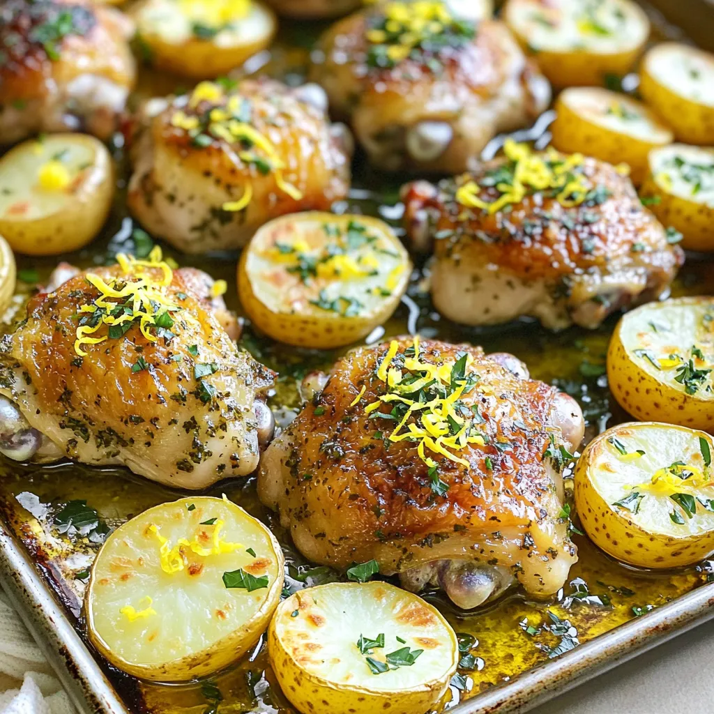 To make this dish, you need: - 4 boneless, skinless chicken thighs - 1.5 pounds baby potatoes, halved - 4 tablespoons olive oil - 2 tablespoons fresh lemon juice - 1 tablespoon lemon zest - 2 teaspoons garlic powder - 2 teaspoons dried oregano - 1 teaspoon dried thyme - 1 teaspoon paprika - Salt and pepper to taste - Fresh parsley or basil for garnish These chicken thighs stay juicy and tasty. The baby potatoes add a nice texture. Olive oil helps the chicken and potatoes brown well. For this recipe, gather these common pantry items: - Garlic powder - Dried oregano - Dried thyme - Paprika - Salt and pepper These ingredients boost flavor and make the dish shine. They are easy to find and often already in your kitchen. Fresh ingredients make a big difference in taste. Use: - Fresh lemons for juice and zest - Fresh parsley or basil for garnish Fresh lemon juice brightens the dish. Zest adds a fragrant kick. Chopped herbs at the end give color and flavor. Using fresh ingredients will elevate your meal. First, preheat your oven to 425°F (220°C). This will get it hot and ready. Next, grab a large bowl. Combine 4 tablespoons of olive oil, 2 tablespoons of fresh lemon juice, and 1 tablespoon of lemon zest. Add in 2 teaspoons of garlic powder, 2 teaspoons of dried oregano, 1 teaspoon of dried thyme, 1 teaspoon of paprika, salt, and pepper. Whisk them together until mixed well. Now, add the 4 boneless, skinless chicken thighs to this bowl. Make sure each piece is coated in the marinade. Let the chicken sit for at least 15 minutes. This helps the flavors soak in while you prepare the potatoes. Take a large sheet pan and place the halved baby potatoes on it. You need about 1.5 pounds of these potatoes. Drizzle an extra tablespoon of olive oil over them. Season with salt and pepper. Toss the potatoes so they are all coated. Once done, create a space in the center of the pan. Place the marinated chicken thighs there. Pour any leftover marinade over the chicken and potatoes. This will add extra flavor. Now, it's time to bake. Place the sheet pan in your preheated oven. Bake for 25 to 30 minutes. You want the chicken to reach 165°F (74°C) inside. Check the potatoes too; they should be tender and golden. When the cooking time is up, take the pan out of the oven. Let the dish rest for about 5 minutes before serving. This helps the juices settle. Finally, garnish with chopped fresh parsley or basil for color and flavor. Enjoy your delicious meal! To make the best marinade, start with fresh lemon juice and zest. This gives the chicken a bright flavor. Mixing the olive oil, lemon juice, garlic powder, and herbs in a bowl helps blend the flavors. Make sure to coat the chicken well. Let it sit for at least 15 minutes. This short time allows the chicken to absorb the flavors, making each bite tasty. Baking chicken thighs at high heat ensures a juicy inside and a crisp outside. Preheat your oven to 425°F (220°C) before placing the chicken in. Use a meat thermometer to check the chicken's doneness. Look for an internal temperature of 165°F (74°C). This way, you avoid dry chicken and keep it tender. For crispy potatoes, cut them in half for even cooking. Toss them in olive oil, salt, and pepper before baking. This helps them crisp up nicely. Spread the potatoes out on the pan, ensuring they are not overcrowded. This allows the hot air to circulate and creates a golden, crispy finish. Check them after 25 minutes for the best texture. {{image_2}} You can switch out the chicken for other meats. Try using boneless pork chops or turkey breasts. They cook well on a sheet pan and soak up the same lemon herb flavor. For a vegetarian option, use firm tofu or chickpeas. These options add protein while keeping the dish tasty. Feel free to change the baby potatoes. Carrots, sweet potatoes, or Brussels sprouts work great too. Just cut them to similar sizes for even cooking. You can also add bell peppers or zucchini for more color and crunch. Mixing different veggies adds fun and new flavors to the dish. Experimenting with herbs can change the dish's taste. Swap oregano and thyme for rosemary or dill. You can use fresh herbs for a stronger flavor or dried herbs for ease. Adding fresh basil or cilantro at the end brings a fresh twist. These simple changes can make your sheet pan dinner exciting and new each time. To store leftovers, let the dish cool down first. Place the chicken and potatoes in an airtight container. This keeps them fresh. Store the container in the fridge. It will last for up to three days. When you are ready to reheat, preheat your oven to 350°F (175°C). Place the chicken and potatoes on a baking sheet. Cover them with foil to keep moisture in. Heat for about 15-20 minutes. This will help the dish stay juicy and tasty. You can freeze the leftovers too! First, let them cool completely. Then, place the chicken and potatoes in freezer-safe bags. Remove as much air as you can. This helps prevent freezer burn. Label the bags with the date. They can be stored for up to three months. When you want to enjoy them again, thaw in the fridge overnight before reheating. Yes, you can use bone-in chicken. Just adjust the cooking time. Bone-in cuts take longer to cook. Aim for 35 to 40 minutes. Check the internal temperature. It should reach 165°F (74°C). To make it healthier, use less oil. You can cut the olive oil amount by half. Add more veggies like bell peppers or zucchini for extra nutrients. You can also swap chicken thighs for chicken breasts. Breasts are leaner and lower in fat. Many sides pair well with this dish. A fresh salad with greens and lemon dressing works great. Steamed broccoli or green beans add color and nutrition. You can also serve it with quinoa for a hearty option. Yes, you can prepare this dish ahead. Marinate the chicken and chop the potatoes a day before. Store them in the fridge. Just bake them when you are ready to eat. This saves time and makes dinner easy. The best way to know if chicken is done is by checking the temperature. Use a meat thermometer. Insert it into the thickest part of the thigh. It should read 165°F (74°C). If you don’t have a thermometer, the juices should run clear when pierced. This blog post covered how to make Sheet Pan Lemon Herb Chicken. You learned about key ingredients and how to prepare, bake, and store your dish. I shared tips to perfect the marinade and keep your chicken tender. You can also customize the recipe with different proteins and veggies. Try this simple meal for a tasty dinner. With easy steps and helpful tips, you’ll impress everyone at the table. Enjoy cooking and make this dish your own!