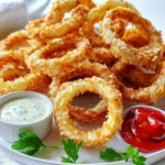 - 2 large onions - 1 cup all-purpose flour - 2 large eggs - 1 teaspoon garlic powder - 1 teaspoon onion powder - 1 teaspoon smoked paprika - 1/2 teaspoon salt - 1/2 teaspoon black pepper - 1 cup panko breadcrumbs - Cooking spray or olive oil spray To make crispy onion rings in the air fryer, you need a few key ingredients. First, you will use two large onions. These provide a sweet and crunchy base for your onion rings. Slice them into rings about 1/4 inch thick. Next, gather one cup of all-purpose flour. This will help the coating stick. You will also need two large eggs, beaten. The eggs act as glue for the breadcrumbs. For flavor, mix in some seasonings. Add one teaspoon each of garlic powder, onion powder, and smoked paprika. Then, include half a teaspoon of salt and black pepper. This blend creates a tasty coating. Finally, for that delightful crunch, use one cup of panko breadcrumbs. These will give your onion rings that extra crispy texture. Don't forget to have cooking spray or olive oil spray on hand. This will help the onion rings crisp up in the air fryer. With these ingredients ready, you can create delicious crispy onion rings that everyone will love. - Slice the onions into 1/4 inch rings. - Separate the rings carefully and set them aside. To get the best onion rings, choose large onions. Sweet onions work great. They add a nice flavor. - Combine 1 cup of flour, 1 teaspoon garlic powder, 1 teaspoon onion powder, 1 teaspoon smoked paprika, 1/2 teaspoon salt, and 1/2 teaspoon black pepper in a bowl. - Beat 2 large eggs in a separate bowl. - Place 1 cup of breadcrumbs in a third bowl. This setup is key for even coating. It keeps the process smooth and fun. The mix of spices gives your onion rings a tasty kick. - Dip each onion ring in the flour mixture. Shake off any excess. - Coat it with the beaten egg. Let the extra egg drip off. - Press the ring into the breadcrumbs. Make sure to coat each ring well. This helps create a crispy crust. You want that crunch with every bite! Set your air fryer temperature to 375°F (190°C). This heat helps the onion rings turn golden and crispy. Preheat it for about 5 minutes. This step ensures even cooking and a nice crunch. Next, spray the basket with cooking oil. This helps prevent sticking. Arrange your onion rings in a single layer in the basket. Make sure they are not overlapping. Lightly spray the tops with olive oil. This adds flavor and promotes browning. Air fry the onion rings for 10 minutes. Flip them halfway through cooking. This helps them cook evenly. Check for your desired crispiness and adjust the time if needed. If they need more time, add 2-3 minutes for extra crunch. {{image_2}} To get the best crunch, I recommend using panko breadcrumbs. They add a light and crisp texture that regular breadcrumbs can't match. Make sure to coat each onion ring evenly. This helps the breading stick and ensures every bite is crunchy. Want to spice things up? Add a pinch of cayenne pepper to your flour mix for some heat. You can also play with flavors. Try adding Italian seasoning or grated parmesan cheese for a tasty twist. These small changes can make your onion rings stand out. When it's time to serve, think about your dips. Ranch dressing and spicy ketchup are perfect choices. They complement the crispy texture. For a fresh touch, garnish your platter with chopped parsley or other herbs. This adds color and a pop of flavor. Enjoy your crispy onion rings! You can change the flavor of your onion rings by using different onion types. Sweet onions, like Vidalia, add a mild and sweet taste. They are perfect if you want a sweeter crunch. Yellow onions are a classic choice for their balanced flavor. They give a nice bite and are great for frying. Want to be adventurous? Try using red onions! Their bold color and taste will surprise you. Red onions have a slight sweetness and a bit of sharpness. They make your onion rings not only tasty but also colorful. If you want a different way to cook your onion rings, try baking them in the oven. For oven-baked onion rings, follow the same breading steps. Then, place them on a baking sheet lined with parchment paper. Bake at 425°F (220°C) for about 20-25 minutes. This method can yield a great crunch too! When using different air fryer models, keep an eye on the cooking time. Each air fryer can vary in how it cooks. Check your onion rings a few minutes early to make sure they do not burn. You can make these onion rings vegan by making a few simple swaps. Instead of using eggs, mix flaxseed meal with water. Use one tablespoon of flaxseed meal and two and a half tablespoons of water per egg. Let it sit for a few minutes until it thickens. For the coating, switch to a plant-based milk. Almond milk or soy milk works well. This way, you can enjoy crispy onion rings that fit a vegan diet! To keep your crispy onion rings fresh, first let them cool down. Then, place them in an airtight container. You can use glass or plastic containers. Make sure to store them in the fridge. They will stay good for 3 to 5 days. When it comes to reheating, I prefer the air fryer. It keeps them crispy. Preheat your air fryer to 375°F (190°C). Place the onion rings in a single layer. Heat for about 5 minutes. If you use the oven, set it to 375°F too. Bake for 10 to 15 minutes. To keep them crisp, spray a little oil on top before reheating. Yes, you can freeze leftover onion rings! Make sure they are fully cool. Place them in a freezer-safe bag or container. Try to remove as much air as you can. For best taste, use them within 2 to 3 months. To thaw, move them to the fridge overnight. Reheat in the air fryer for the best results. To make onion rings extra crispy, follow these tips: - Use panko breadcrumbs instead of regular ones. They add a nice crunch. - Make sure the onion rings are coated evenly. Shake off any extra flour. - Lightly spray the tops with olive oil before cooking. This helps them crisp up. - Flip the onion rings halfway through cooking. This ensures both sides get golden brown. These steps will give you that perfect crunch each time. Yes! You can prep onion rings in advance. Here’s how: 1. Prepare the onion rings as usual, but don't cook them. 2. Place them on a baking sheet in a single layer. This keeps them from sticking together. 3. Cover with plastic wrap and refrigerate. They can sit for up to 24 hours. 4. When you are ready, just pop them into the air fryer. Cook as directed. This makes meal prep easy without losing flavor. Onion rings taste great with many sauces. Here are some tasty options: - Ranch dressing: A classic choice that never disappoints. - Spicy ketchup: Adds a kick and balances the onion's sweetness. - Honey mustard: Sweet and tangy, perfect for dipping. - BBQ sauce: Smoky flavor pairs well with the crunch. Feel free to mix and match to find your favorite! You can make delicious onion rings with simple ingredients and steps. We covered how to prepare, coat, and cook your onion rings in an air fryer for perfect crispiness. Remember, using panko crumbs and even coating are key for that crunch. Don't forget to try different onion types and dips to enhance flavors. Enjoy your homemade treats and share them with family and friends. Cooking can be fun and rewarding, so get started on your next batch!