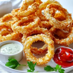 - 2 large onions - 1 cup all-purpose flour - 2 large eggs - 1 teaspoon garlic powder - 1 teaspoon onion powder - 1 teaspoon smoked paprika - 1/2 teaspoon salt - 1/2 teaspoon black pepper - 1 cup panko breadcrumbs - Cooking spray or olive oil spray To make crispy onion rings in the air fryer, you need a few key ingredients. First, you will use two large onions. These provide a sweet and crunchy base for your onion rings. Slice them into rings about 1/4 inch thick. Next, gather one cup of all-purpose flour. This will help the coating stick. You will also need two large eggs, beaten. The eggs act as glue for the breadcrumbs. For flavor, mix in some seasonings. Add one teaspoon each of garlic powder, onion powder, and smoked paprika. Then, include half a teaspoon of salt and black pepper. This blend creates a tasty coating. Finally, for that delightful crunch, use one cup of panko breadcrumbs. These will give your onion rings that extra crispy texture. Don't forget to have cooking spray or olive oil spray on hand. This will help the onion rings crisp up in the air fryer. With these ingredients ready, you can create delicious crispy onion rings that everyone will love. - Slice the onions into 1/4 inch rings. - Separate the rings carefully and set them aside. To get the best onion rings, choose large onions. Sweet onions work great. They add a nice flavor. - Combine 1 cup of flour, 1 teaspoon garlic powder, 1 teaspoon onion powder, 1 teaspoon smoked paprika, 1/2 teaspoon salt, and 1/2 teaspoon black pepper in a bowl. - Beat 2 large eggs in a separate bowl. - Place 1 cup of breadcrumbs in a third bowl. This setup is key for even coating. It keeps the process smooth and fun. The mix of spices gives your onion rings a tasty kick. - Dip each onion ring in the flour mixture. Shake off any excess. - Coat it with the beaten egg. Let the extra egg drip off. - Press the ring into the breadcrumbs. Make sure to coat each ring well. This helps create a crispy crust. You want that crunch with every bite! Set your air fryer temperature to 375°F (190°C). This heat helps the onion rings turn golden and crispy. Preheat it for about 5 minutes. This step ensures even cooking and a nice crunch. Next, spray the basket with cooking oil. This helps prevent sticking. Arrange your onion rings in a single layer in the basket. Make sure they are not overlapping. Lightly spray the tops with olive oil. This adds flavor and promotes browning. Air fry the onion rings for 10 minutes. Flip them halfway through cooking. This helps them cook evenly. Check for your desired crispiness and adjust the time if needed. If they need more time, add 2-3 minutes for extra crunch. {{image_2}} To get the best crunch, I recommend using panko breadcrumbs. They add a light and crisp texture that regular breadcrumbs can't match. Make sure to coat each onion ring evenly. This helps the breading stick and ensures every bite is crunchy. Want to spice things up? Add a pinch of cayenne pepper to your flour mix for some heat. You can also play with flavors. Try adding Italian seasoning or grated parmesan cheese for a tasty twist. These small changes can make your onion rings stand out. When it's time to serve, think about your dips. Ranch dressing and spicy ketchup are perfect choices. They complement the crispy texture. For a fresh touch, garnish your platter with chopped parsley or other herbs. This adds color and a pop of flavor. Enjoy your crispy onion rings! You can change the flavor of your onion rings by using different onion types. Sweet onions, like Vidalia, add a mild and sweet taste. They are perfect if you want a sweeter crunch. Yellow onions are a classic choice for their balanced flavor. They give a nice bite and are great for frying. Want to be adventurous? Try using red onions! Their bold color and taste will surprise you. Red onions have a slight sweetness and a bit of sharpness. They make your onion rings not only tasty but also colorful. If you want a different way to cook your onion rings, try baking them in the oven. For oven-baked onion rings, follow the same breading steps. Then, place them on a baking sheet lined with parchment paper. Bake at 425°F (220°C) for about 20-25 minutes. This method can yield a great crunch too! When using different air fryer models, keep an eye on the cooking time. Each air fryer can vary in how it cooks. Check your onion rings a few minutes early to make sure they do not burn. You can make these onion rings vegan by making a few simple swaps. Instead of using eggs, mix flaxseed meal with water. Use one tablespoon of flaxseed meal and two and a half tablespoons of water per egg. Let it sit for a few minutes until it thickens. For the coating, switch to a plant-based milk. Almond milk or soy milk works well. This way, you can enjoy crispy onion rings that fit a vegan diet! To keep your crispy onion rings fresh, first let them cool down. Then, place them in an airtight container. You can use glass or plastic containers. Make sure to store them in the fridge. They will stay good for 3 to 5 days. When it comes to reheating, I prefer the air fryer. It keeps them crispy. Preheat your air fryer to 375°F (190°C). Place the onion rings in a single layer. Heat for about 5 minutes. If you use the oven, set it to 375°F too. Bake for 10 to 15 minutes. To keep them crisp, spray a little oil on top before reheating. Yes, you can freeze leftover onion rings! Make sure they are fully cool. Place them in a freezer-safe bag or container. Try to remove as much air as you can. For best taste, use them within 2 to 3 months. To thaw, move them to the fridge overnight. Reheat in the air fryer for the best results. To make onion rings extra crispy, follow these tips: - Use panko breadcrumbs instead of regular ones. They add a nice crunch. - Make sure the onion rings are coated evenly. Shake off any extra flour. - Lightly spray the tops with olive oil before cooking. This helps them crisp up. - Flip the onion rings halfway through cooking. This ensures both sides get golden brown. These steps will give you that perfect crunch each time. Yes! You can prep onion rings in advance. Here’s how: 1. Prepare the onion rings as usual, but don't cook them. 2. Place them on a baking sheet in a single layer. This keeps them from sticking together. 3. Cover with plastic wrap and refrigerate. They can sit for up to 24 hours. 4. When you are ready, just pop them into the air fryer. Cook as directed. This makes meal prep easy without losing flavor. Onion rings taste great with many sauces. Here are some tasty options: - Ranch dressing: A classic choice that never disappoints. - Spicy ketchup: Adds a kick and balances the onion's sweetness. - Honey mustard: Sweet and tangy, perfect for dipping. - BBQ sauce: Smoky flavor pairs well with the crunch. Feel free to mix and match to find your favorite! You can make delicious onion rings with simple ingredients and steps. We covered how to prepare, coat, and cook your onion rings in an air fryer for perfect crispiness. Remember, using panko crumbs and even coating are key for that crunch. Don't forget to try different onion types and dips to enhance flavors. Enjoy your homemade treats and share them with family and friends. Cooking can be fun and rewarding, so get started on your next batch!