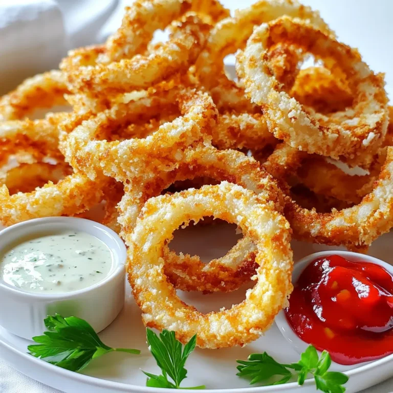 - 2 large onions - 1 cup all-purpose flour - 2 large eggs - 1 teaspoon garlic powder - 1 teaspoon onion powder - 1 teaspoon smoked paprika - 1/2 teaspoon salt - 1/2 teaspoon black pepper - 1 cup panko breadcrumbs - Cooking spray or olive oil spray To make crispy onion rings in the air fryer, you need a few key ingredients. First, you will use two large onions. These provide a sweet and crunchy base for your onion rings. Slice them into rings about 1/4 inch thick. Next, gather one cup of all-purpose flour. This will help the coating stick. You will also need two large eggs, beaten. The eggs act as glue for the breadcrumbs. For flavor, mix in some seasonings. Add one teaspoon each of garlic powder, onion powder, and smoked paprika. Then, include half a teaspoon of salt and black pepper. This blend creates a tasty coating. Finally, for that delightful crunch, use one cup of panko breadcrumbs. These will give your onion rings that extra crispy texture. Don't forget to have cooking spray or olive oil spray on hand. This will help the onion rings crisp up in the air fryer. With these ingredients ready, you can create delicious crispy onion rings that everyone will love. - Slice the onions into 1/4 inch rings. - Separate the rings carefully and set them aside. To get the best onion rings, choose large onions. Sweet onions work great. They add a nice flavor. - Combine 1 cup of flour, 1 teaspoon garlic powder, 1 teaspoon onion powder, 1 teaspoon smoked paprika, 1/2 teaspoon salt, and 1/2 teaspoon black pepper in a bowl. - Beat 2 large eggs in a separate bowl. - Place 1 cup of breadcrumbs in a third bowl. This setup is key for even coating. It keeps the process smooth and fun. The mix of spices gives your onion rings a tasty kick. - Dip each onion ring in the flour mixture. Shake off any excess. - Coat it with the beaten egg. Let the extra egg drip off. - Press the ring into the breadcrumbs. Make sure to coat each ring well. This helps create a crispy crust. You want that crunch with every bite! Set your air fryer temperature to 375°F (190°C). This heat helps the onion rings turn golden and crispy. Preheat it for about 5 minutes. This step ensures even cooking and a nice crunch. Next, spray the basket with cooking oil. This helps prevent sticking. Arrange your onion rings in a single layer in the basket. Make sure they are not overlapping. Lightly spray the tops with olive oil. This adds flavor and promotes browning. Air fry the onion rings for 10 minutes. Flip them halfway through cooking. This helps them cook evenly. Check for your desired crispiness and adjust the time if needed. If they need more time, add 2-3 minutes for extra crunch. {{image_2}} To get the best crunch, I recommend using panko breadcrumbs. They add a light and crisp texture that regular breadcrumbs can't match. Make sure to coat each onion ring evenly. This helps the breading stick and ensures every bite is crunchy. Want to spice things up? Add a pinch of cayenne pepper to your flour mix for some heat. You can also play with flavors. Try adding Italian seasoning or grated parmesan cheese for a tasty twist. These small changes can make your onion rings stand out. When it's time to serve, think about your dips. Ranch dressing and spicy ketchup are perfect choices. They complement the crispy texture. For a fresh touch, garnish your platter with chopped parsley or other herbs. This adds color and a pop of flavor. Enjoy your crispy onion rings! You can change the flavor of your onion rings by using different onion types. Sweet onions, like Vidalia, add a mild and sweet taste. They are perfect if you want a sweeter crunch. Yellow onions are a classic choice for their balanced flavor. They give a nice bite and are great for frying. Want to be adventurous? Try using red onions! Their bold color and taste will surprise you. Red onions have a slight sweetness and a bit of sharpness. They make your onion rings not only tasty but also colorful. If you want a different way to cook your onion rings, try baking them in the oven. For oven-baked onion rings, follow the same breading steps. Then, place them on a baking sheet lined with parchment paper. Bake at 425°F (220°C) for about 20-25 minutes. This method can yield a great crunch too! When using different air fryer models, keep an eye on the cooking time. Each air fryer can vary in how it cooks. Check your onion rings a few minutes early to make sure they do not burn. You can make these onion rings vegan by making a few simple swaps. Instead of using eggs, mix flaxseed meal with water. Use one tablespoon of flaxseed meal and two and a half tablespoons of water per egg. Let it sit for a few minutes until it thickens. For the coating, switch to a plant-based milk. Almond milk or soy milk works well. This way, you can enjoy crispy onion rings that fit a vegan diet! To keep your crispy onion rings fresh, first let them cool down. Then, place them in an airtight container. You can use glass or plastic containers. Make sure to store them in the fridge. They will stay good for 3 to 5 days. When it comes to reheating, I prefer the air fryer. It keeps them crispy. Preheat your air fryer to 375°F (190°C). Place the onion rings in a single layer. Heat for about 5 minutes. If you use the oven, set it to 375°F too. Bake for 10 to 15 minutes. To keep them crisp, spray a little oil on top before reheating. Yes, you can freeze leftover onion rings! Make sure they are fully cool. Place them in a freezer-safe bag or container. Try to remove as much air as you can. For best taste, use them within 2 to 3 months. To thaw, move them to the fridge overnight. Reheat in the air fryer for the best results. To make onion rings extra crispy, follow these tips: - Use panko breadcrumbs instead of regular ones. They add a nice crunch. - Make sure the onion rings are coated evenly. Shake off any extra flour. - Lightly spray the tops with olive oil before cooking. This helps them crisp up. - Flip the onion rings halfway through cooking. This ensures both sides get golden brown. These steps will give you that perfect crunch each time. Yes! You can prep onion rings in advance. Here’s how: 1. Prepare the onion rings as usual, but don't cook them. 2. Place them on a baking sheet in a single layer. This keeps them from sticking together. 3. Cover with plastic wrap and refrigerate. They can sit for up to 24 hours. 4. When you are ready, just pop them into the air fryer. Cook as directed. This makes meal prep easy without losing flavor. Onion rings taste great with many sauces. Here are some tasty options: - Ranch dressing: A classic choice that never disappoints. - Spicy ketchup: Adds a kick and balances the onion's sweetness. - Honey mustard: Sweet and tangy, perfect for dipping. - BBQ sauce: Smoky flavor pairs well with the crunch. Feel free to mix and match to find your favorite! You can make delicious onion rings with simple ingredients and steps. We covered how to prepare, coat, and cook your onion rings in an air fryer for perfect crispiness. Remember, using panko crumbs and even coating are key for that crunch. Don't forget to try different onion types and dips to enhance flavors. Enjoy your homemade treats and share them with family and friends. Cooking can be fun and rewarding, so get started on your next batch!