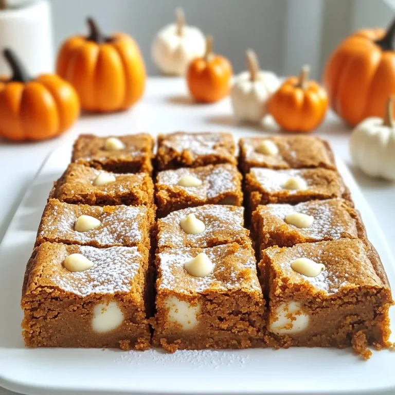 To make delicious pumpkin blondies, you need a few key items: - 1 cup pumpkin puree (canned or fresh) - 1/2 cup unsalted butter, melted - 1 cup brown sugar, packed - 1/2 cup granulated sugar Pumpkin puree gives that lovely flavor and moisture. You can use canned puree, but fresh is great too. Unsalted butter adds richness. Brown sugar brings a nice caramel taste, while granulated sugar adds sweetness. Consider adding these extras for more flavor and crunch: - 1 cup white chocolate chips - 1/2 cup chopped pecans (optional) White chocolate chips melt beautifully and add sweetness. Chopped pecans give a nice crunch. You can skip the pecans if you prefer a nut-free treat. You also need some baking basics to make these blondies: - 1 1/2 cups all-purpose flour - 1 teaspoon baking powder - 1 teaspoon baking soda - 1 teaspoon ground cinnamon - 1/2 teaspoon ground nutmeg - 1/4 teaspoon ground ginger - 1/2 teaspoon salt All-purpose flour helps form the structure. Baking powder and baking soda help them rise. The spices—cinnamon, nutmeg, and ginger—give that warm, cozy flavor we love in fall treats. Salt balances all the sweetness. With these ingredients, you are all set to start baking your pumpkin blondies! First, preheat your oven to 350°F (175°C). This step is key for even baking. Next, grab an 8x8 inch baking pan. Line it with parchment paper, letting the edges hang over the sides. This makes it easy to lift out the blondies later. In a large bowl, combine melted butter and pumpkin puree. Add brown sugar and granulated sugar, whisking until smooth. This mix needs to be creamy. Next, crack in two large eggs and pour in the vanilla extract. Whisk again until everything is well combined. Take another bowl and sift together the all-purpose flour, baking powder, baking soda, cinnamon, nutmeg, ginger, and salt. Sifting helps mix the dry ingredients well. Slowly add the dry mix to the wet mix. Stir gently until just combined. Be careful not to overmix, or your blondies may become tough. Now, it's time to add in the fun stuff! Fold in the white chocolate chips and chopped pecans, if you choose to use them. Make sure they are evenly spread throughout the batter. This step adds great flavor and texture. Pour the batter into the prepared pan and spread it out evenly. Bake for 25-30 minutes. To check for doneness, insert a toothpick in the center. It should come out clean or with a few moist crumbs. Once done, let the blondies cool in the pan for 10 minutes. Then, lift them out using the parchment paper and move them to a wire rack to cool completely. After cooling, cut them into squares and get ready to enjoy! To make the best pumpkin blondies, avoid overmixing the batter. Once you add the dry ingredients, mix just until combined. Overmixing can lead to tough blondies. Keep an eye on the baking time, too. Baking for 25-30 minutes usually works well. Check them with a toothpick. If it comes out clean or with a few crumbs, they are done! When serving your blondies, presentation matters. Place them on a rustic wooden board or a pretty plate. Lightly dust them with powdered sugar for a nice touch. You can also add mini pumpkin decorations to boost the fall vibe. Pairing your blondies with ice cream or whipped cream makes them even better. The creaminess complements the rich flavors perfectly. To elevate the flavor, experiment with spices. Adding a bit more cinnamon or nutmeg can make a big difference. You can also try using different types of chocolate. Semi-sweet or dark chocolate can add a nice twist. Each type of chocolate brings its own unique taste, so have fun with it! {{image_2}} You can easily make gluten-free pumpkin blondies. Just swap all-purpose flour with gluten-free flour. Many brands offer a great mix. Look for one that has xantham gum. This helps with texture. If you want a nut-free version, leave out the chopped pecans. You can add extra white chocolate chips instead. This keeps the flavor rich and sweet without the nuts. Want to mix things up? Try adding caramel or butterscotch chips. These flavors pair well with pumpkin and white chocolate. You can also use different types of nuts. Walnuts or almonds work great too. This adds a new twist to your blondies. To keep your pumpkin blondies fresh, store them at room temperature. Place them in an airtight container. This method helps maintain their soft texture. They should last for about three days on your counter. If you want them to last longer, consider fridge storage. Put the blondies in an airtight container. They can stay fresh for up to a week in the fridge. Chilling them helps preserve their flavor and moisture. You can freeze pumpkin blondies for later enjoyment. First, let them cool completely. Then, cut them into squares. Wrap each square in plastic wrap. Place the wrapped squares in a freezer-safe bag. This way, they stay fresh for up to three months. To thaw, take out a square and leave it on the counter for about an hour. You can also warm them in the microwave for a few seconds. This method helps restore their soft, gooey texture. At room temperature, pumpkin blondies last about three days. In the fridge, they can last up to a week. If stored properly in the freezer, they remain good for three months. Always check for any signs of spoilage before enjoying. Yes, you can use homemade pumpkin puree. To make it, bake a small pumpkin until soft. Scoop out the flesh and blend until smooth. Fresh puree has a bright flavor. It can add a nice touch to your blondies. Just make sure to drain any extra moisture. This keeps your blondies from getting too wet. Absolutely! You can use semi-sweet or dark chocolate chips. They will change the taste a bit. Semi-sweet adds a rich flavor, while dark chocolate gives a deeper taste. Both options pair well with pumpkin. Feel free to mix in your favorite chocolate. This adds a fun twist to the recipe. Pumpkin blondies are delicious on their own. But you can serve them with a scoop of vanilla ice cream. Whipped cream is another great option. You can also top them with caramel sauce or chocolate drizzle. For a crunchy touch, sprinkle some chopped nuts on top. These add texture and flavor. Enjoy mixing and matching your toppings! Pumpkin blondies are an easy and tasty treat. We explored key ingredients like pumpkin puree, butter, and sugars. You learned how to mix wet and dry ingredients, fold in tasty add-ins, and bake to perfection. Use tips to avoid overmixing and play with flavors in your recipes. Remember the storage tips to keep blondies fresh. Try new variations like gluten-free or nut-free options. Create your perfect pumpkin blondie today, and enjoy the sweet results!