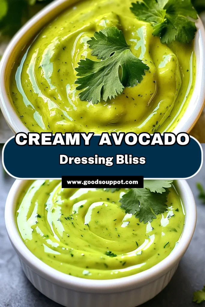 Elevate your meals with this delicious Creamy Avocado Cilantro Dressing! Made with ripe avocado, fresh cilantro, Greek yogurt, and zesty lime, this easy recipe is perfect for salads, grilled veggies, or as a dip. Ready in just 10 minutes, it's a flavorful addition to any dish. Click through for the full recipe and make your meals healthier and tastier today! #AvocadoDressing #HealthyRecipes #CilantroLove #EasyCooking
