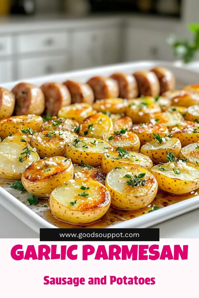 Satisfy your cravings with this Garlic Parmesan Delight: Sausage and Potatoes Sheet Pan recipe! This easy one-pan meal combines smoked sausage and tender baby potatoes, all roasted to perfection with garlic, thyme, and a generous sprinkle of Parmesan cheese. Perfect for busy weeknights or cozy gatherings, you’ll love how simple and delicious it is. Click through for the full recipe and make mealtime a breeze! #SheetPanDinner #GarlicLovers #EasyRecipes #ComfortFood