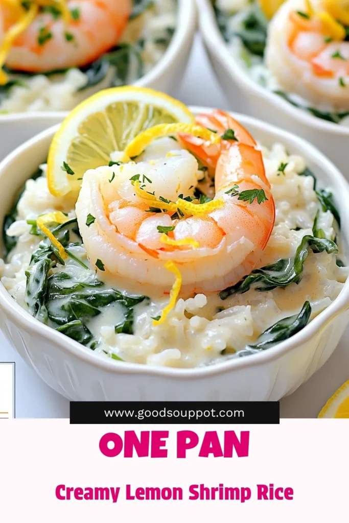 Elevate your dinner with this One-Pan Creamy Lemon Garlic Shrimp Rice! This quick and easy recipe combines succulent shrimp, creamy rice, and vibrant spinach, all infused with zesty lemon flavor. Perfect for busy nights, it's delicious and hassle-free. Click to explore the full recipe and bring this delightful dish to your table tonight! #OnePanMeals #ShrimpRecipe #DinnerIdeas #CookingAtHome