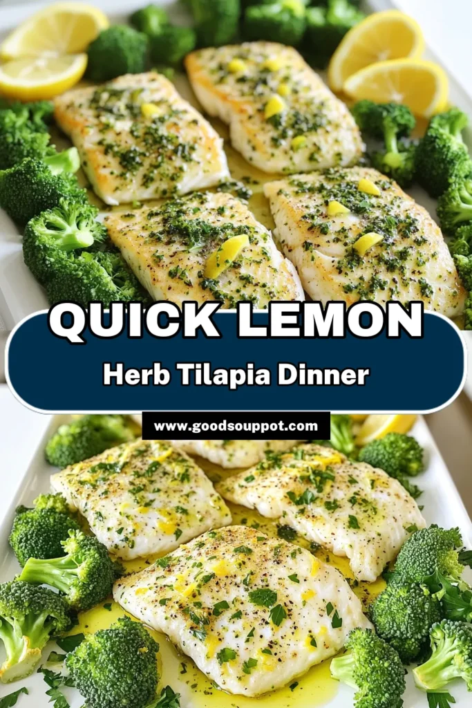 Enjoy a delicious and healthy dinner with this Lemon Herb Tilapia & Broccoli Sheet-Pan recipe! Perfectly baked tilapia fillets combined with vibrant broccoli, all drizzled with a zesty lemon herb sauce—this meal is simple and satisfying. Ready in just 25 minutes, it's a breeze to prepare and clean up. Click through for the full recipe and step-by-step instructions that will make mealtime a delight! #TilapiaRecipe #SheetPanDinner #HealthyEating #QuickMeals