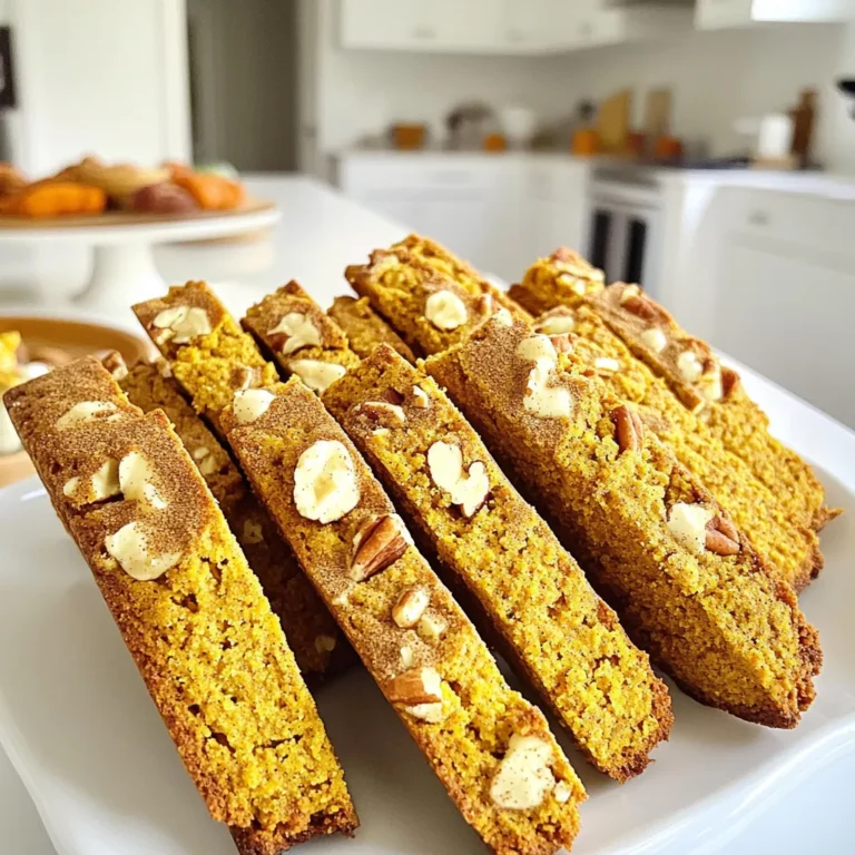 To make pumpkin spice biscotti, gather these items: - 2 ½ cups all-purpose flour - 1 cup granulated sugar - 1 teaspoon baking powder - ½ teaspoon baking soda - 1 teaspoon ground cinnamon - 1 teaspoon ground ginger - ½ teaspoon ground nutmeg - ½ teaspoon ground allspice - ½ teaspoon salt - ¾ cup canned pumpkin puree - 2 large eggs - 1 teaspoon vanilla extract - ½ cup chopped pecans or walnuts (optional) - ½ cup white chocolate chips (optional) You can swap some ingredients if needed: - Use whole wheat flour for extra fiber. - Substitute brown sugar for a richer flavor. - Try maple syrup instead of granulated sugar for a natural sweetener. - Use almond flour or gluten-free flour for a gluten-free version. - Swap pumpkin puree with applesauce for a different taste. Add more flavor or texture with these options: - Fold in dried cranberries or raisins for sweetness. - Add chopped dark chocolate for a richer treat. - Mix in a pinch of cayenne for heat. - Use different nuts, like almonds or hazelnuts, for variety. - Drizzle melted chocolate on top for an extra touch. These ingredients and options help you create a delightful fall treat. Enjoy the process and let your creativity shine! Start by gathering all your ingredients. You will need flour, sugar, baking powder, baking soda, spices, salt, pumpkin puree, eggs, and vanilla extract. You can also include nuts and white chocolate chips if you want. Preheat your oven to 350°F (175°C). Line your baking sheet with parchment paper to keep the biscotti from sticking. In a medium bowl, whisk the dry ingredients. This includes flour, sugar, baking powder, baking soda, spices, and salt. Mix them well to combine all the flavors. In a large bowl, mix the pumpkin puree, eggs, and vanilla extract. Stir this mixture until it is smooth. Next, add the dry ingredients to the wet ones. Stir gently until just combined. If you like, fold in chopped nuts and white chocolate chips for extra flavor. Divide the dough in half. Shape each piece into a log about 12 inches long and 3 inches wide. Place these logs on your baking sheet and flatten the tops slightly. Bake in the preheated oven for 25-30 minutes. The logs should feel firm and look slightly golden. After baking, let them cool for about 10 minutes. Lower the oven temperature to 325°F (160°C). Once cool enough to handle, use a serrated knife to slice the logs diagonally into ¾-inch thick pieces. Arrange these biscotti cut-side down on the baking sheet. Bake for another 15-20 minutes, turning them halfway through. This helps them get dry and crisp. Let the biscotti cool completely on a wire rack before serving or storing. When you slice the logs, keep them about ¾-inch thick. This thickness helps them bake evenly. If they are too thick, they may not dry out properly. If they are too thin, they may burn. Use a sharp serrated knife for clean cuts. This prevents the biscotti from crumbling. Enjoy your delicious pumpkin spice biscotti! To achieve the right texture for your biscotti, start with room temperature ingredients. This helps them mix better. When you shape the dough, keep it thick but not too dry. The logs should be about 3 inches wide. After baking, let the logs cool slightly before slicing. This keeps them from crumbling. Use fresh spices for a stronger taste. Ground spices lose flavor over time. You can also add extras like chopped nuts or white chocolate chips. These add crunch and sweetness. For an added twist, try mixing in a splash of maple syrup. This brings a warm, cozy flavor that pairs well with pumpkin. One common mistake is overmixing the dough. This can make your biscotti tough. Another mistake is cutting them too thick. Aim for ¾-inch slices to ensure they bake evenly. Lastly, don’t skip the second bake. This is key to getting them crisp. {{image_2}} To make gluten-free pumpkin spice biscotti, swap the all-purpose flour for a gluten-free blend. Look for a blend that has xanthan gum, which helps bind the ingredients. You can also mix almond flour and coconut flour for a nutty touch. Adjust the liquid slightly if needed since gluten-free flours absorb moisture differently. For a sweet twist, try chocolate-dipped biscotti. After baking and cooling, melt some dark or white chocolate. Dip half of each biscotti into the chocolate, then place them on parchment paper to set. This adds a rich layer of flavor that pairs well with the spices. Feel free to play with flavors! You can add dried cranberries or chopped apples for a fruity kick. Try mixing in some maple syrup for added sweetness. Even a dash of cayenne pepper can add a surprising heat that balances the sweetness. Experimenting with these additions can make each batch unique and exciting. To keep your pumpkin spice biscotti fresh, store them in an airtight container. This helps keep them crispy. Place parchment paper between layers to avoid sticking. I recommend using a container that fits well, so the biscotti do not move around. You can freeze pumpkin spice biscotti for later enjoyment. After baking, let them cool completely. Wrap each biscotti in plastic wrap. Then, place them in a freezer bag. They can last for up to three months in the freezer. To enjoy, thaw them at room temperature. You can also re-crisp them in the oven for a few minutes. Pumpkin spice biscotti can last for up to two weeks at room temperature. Keep them in a cool, dry place. If you notice them getting soft, it’s time to eat or freeze them. For the best flavor, enjoy them within the first week. To make your biscotti crispy, bake them twice. The first bake shapes the dough. After cooling, slice them and bake again. This second bake dries them out. Keep an eye on them to avoid burning. You want them golden brown, not dark. Yes, you can use fresh pumpkin. Start by roasting it until soft. Then, puree it until smooth. Fresh pumpkin gives a nice flavor, but it may add extra moisture. Adjust the flour if the dough feels too wet. Serve your biscotti in a pretty jar or on a wooden board. Add a sprinkle of cinnamon for a cozy touch. Pair them with coffee or tea for the perfect snack. You can also dip them in chocolate for a sweet treat. We covered key ingredients and their possible substitutes. I shared how to prepare and bake your biscotti for a perfect texture. You learned tips to enhance flavor and avoid common mistakes. Plus, the variations let you explore different twists, like gluten-free options or chocolate dips. Finally, proper storage ensures freshness. Remember, perfecting your pumpkin spice biscotti is all about practice. Enjoy your baking adventure!