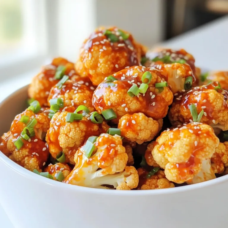 To make Air Fryer Sweet Chili Cauliflower, you need a few simple ingredients. Each one adds a unique flavor to the dish. Here’s what you’ll need: - Cauliflower florets - Olive oil - Sweet chili sauce - Garlic powder - Onion powder - Smoked paprika - Salt and pepper - Garnish options (green onions, sesame seeds) Using fresh cauliflower florets gives the best texture. Olive oil helps the spices stick and adds a nice richness. Sweet chili sauce brings a perfect balance of sweet and spicy. Garlic powder and onion powder enhance the savory taste. Smoked paprika adds a subtle smokiness that makes each bite special. Don’t forget salt and pepper! They elevate all the flavors. For garnish, green onions and sesame seeds add color and crunch. They also make your dish look fancy on the table. Enjoy your cooking! Set your air fryer to 400°F (200°C) and let it preheat for about 5 minutes. This step is important. It helps the cauliflower cook evenly and become crispy. First, take a medium head of cauliflower. Cut it into small florets. You want them to be bite-sized. This helps with even cooking. Then, place the florets in a large bowl. Drizzle 2 tablespoons of olive oil over them. Toss the florets gently to coat them well with the oil. Now, it’s time to add flavor. In the same bowl, pour in 1/4 cup of sweet chili sauce. Add 1 teaspoon of garlic powder, 1 teaspoon of onion powder, and 1/2 teaspoon of smoked paprika. Season with salt and pepper to taste. Mix everything until the cauliflower florets are evenly coated. This will make every bite tasty. Next, arrange the coated cauliflower in the air fryer basket. Make sure they are in a single layer. If your air fryer is small, you may need to cook in batches. Cook the cauliflower at 400°F (200°C) for 12 to 15 minutes. Be sure to shake the basket halfway through. This helps all the florets get crispy. When your cauliflower is golden brown, check if it’s done. It should feel crispy on the outside. Transfer the cauliflower to a serving platter. For a nice touch, garnish with chopped green onions and sesame seeds. This adds color and crunch to your dish. Enjoy your flavorful treat! To get that perfect crunch, cook the cauliflower at 400°F (200°C). This high heat helps it brown nicely. Be sure to shake the basket halfway through cooking. This step lets hot air reach all sides, ensuring even crispiness. If you skip this, some florets may get soggy. Don’t stop at sweet chili sauce! You can add other spices to boost flavor. Try a pinch of cayenne for heat or some ginger for a twist. You can also swap the sesame seeds for crushed peanuts to add a new texture. Toppings like fresh cilantro or lime zest can brighten the dish even more. If you want to make more, it’s easy! Just double the recipe and cook in batches. Spread the florets out in a single layer for best results. Store any leftovers in an airtight container in the fridge. They stay good for up to three days. When reheating, pop them back in the air fryer. This helps keep them crispy. {{image_2}} To add some heat, use chili flakes or spicy chili sauce. Start with just a pinch of flakes. If you want more spice, mix in more sauce. This adds a nice kick and balances the sweetness. For a vegan version, replace sweet chili sauce with a homemade mix. Combine maple syrup, soy sauce, and a splash of vinegar. Use avocado oil instead of olive oil for a different flavor. This keeps the dish plant-based and just as tasty. You can also roast this dish in the oven. Preheat your oven to 425°F (220°C). Spread the coated cauliflower on a baking sheet. Bake for 20-25 minutes, flipping halfway. This method gives you a nice char and enhances the flavor. To store your sweet chili cauliflower, place it in an airtight container. This keeps the flavors fresh. You can refrigerate it for up to three days. Always remember to let it cool before sealing. When reheating, I recommend using the air fryer. Set it to 350°F (175°C) for about 5 minutes. This method helps keep the cauliflower crisp. If you use a microwave, it may become soggy. So stick to the air fryer for the best results. If you want to freeze the cauliflower, first let it cool completely. Spread the florets in a single layer on a baking sheet. Freeze them for an hour. Once frozen, transfer them to a freezer bag. When ready to eat, thaw in the fridge overnight before reheating. Yes, you can use frozen cauliflower. It makes cooking easier and faster. However, frozen cauliflower may have more water, which can change the texture. To use it, thaw the cauliflower and pat it dry with a towel. This helps keep the dish crispy. You have many tasty options! Here are some ideas: - Steamed rice - Quinoa - Stir-fried vegetables - Tofu or chicken for protein - A fresh salad for crunch These dishes pair well and balance the sweet chili flavor. To change the heat level, you can: - Add more sweet chili sauce for sweetness. - Mix in chili flakes for extra spice. - Use a milder sauce if you want less heat. - Taste as you go to find your perfect balance. Most sweet chili sauces are not gluten-free. Check the label for wheat or gluten. If you need a gluten-free option, look for sauces marked as gluten-free. You can also make your own with safe ingredients. This blog post covered air fryer sweet chili cauliflower. You learned the best ingredients and how to prepare them. We discussed steps for air frying and tips for crispy results. I also shared recipe variations and how to store leftovers. I hope you feel inspired to try this recipe. It’s simple, tasty, and fun to make. Enjoy your cooking and don’t be afraid to experiment with flavors!