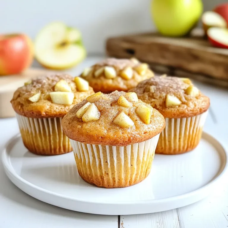 To make Cinnamon Sugar Apple Muffins, gather these key ingredients: - 2 cups all-purpose flour - 1 cup granulated sugar - 1 tablespoon baking powder - ½ teaspoon salt - 1 teaspoon ground cinnamon (plus extra for topping) - 2 large eggs - ½ cup unsalted butter, melted - 1 cup whole milk - 2 cups peeled and diced apples (like Granny Smith or Honeycrisp) - ½ cup brown sugar - 1 tablespoon granulated sugar (for topping) - 1 teaspoon vanilla extract These ingredients bring flavor and texture to the muffins. If you need alternatives for dietary restrictions, consider these options: - Use gluten-free flour instead of all-purpose flour. - Replace granulated sugar with coconut sugar or a sugar substitute. - Swap cow's milk for almond milk or oat milk for dairy-free muffins. - Use flax eggs instead of regular eggs for vegan muffins. Making these simple swaps helps everyone enjoy this delicious treat! - First, preheat your oven to 350°F (175°C). Line a muffin tin with paper liners or grease the cups. - In a large bowl, mix 2 cups of flour, 1 cup of sugar, 1 tablespoon of baking powder, ½ teaspoon of salt, and 1 teaspoon of cinnamon. Make sure they blend well. - In another bowl, beat 2 large eggs. Add ½ cup of melted butter, 1 cup of milk, and 1 teaspoon of vanilla. Mix until smooth. - Pour the wet mix into the dry mix. Stir gently until just combined. A few lumps are okay, don’t overmix! - Carefully fold in 2 cups of diced apples. This adds moisture and flavor to your muffins. - Fill each muffin cup about ¾ full with batter. - In a small bowl, mix ½ cup of brown sugar with a sprinkle of cinnamon. This will be your topping. - Sprinkle the cinnamon sugar on each muffin. Bake for 18 to 22 minutes. They should be golden brown. Test with a toothpick; it should come out clean. To make these muffins light and fluffy, avoid overmixing the batter. When you mix too much, the muffins can turn out dense. Stir the wet and dry ingredients just until combined. A few lumps are perfectly fine. This keeps the air in the batter, giving you that perfect texture. Choosing the right apples is also key for great flavor. I love using Granny Smith apples for their tartness. Honeycrisp apples work well too, adding a nice sweetness. The right apple will enhance the muffin's taste and keep it juicy. Serve your Cinnamon Sugar Apple Muffins warm. A light dusting of powdered sugar adds a sweet touch. You can also drizzle a simple glaze made of powdered sugar and milk on top. This makes them look even more inviting. For drinks, pair the muffins with warm apple cider or a cup of tea. The flavors blend well, making a cozy snack. You could also enjoy them with a glass of milk for a classic pairing. These muffins are perfect for breakfast or as an afternoon treat. {{image_2}} You can easily switch up the flavors in these muffins. Adding nuts or dried fruit gives them a nice crunch. I love using walnuts or pecans. Dried cranberries or raisins also work well. Just add about ½ cup to the batter. You can also play with spices. Try adding nutmeg or allspice for a warm twist. Just use about ½ teaspoon of either spice. This can change the taste of your muffins and make them even more special. If you need gluten-free muffins, swap the all-purpose flour for a gluten-free blend. Most blends work well and keep the texture light. For vegan muffins, replace the eggs with flaxseed meal. Mix one tablespoon of flaxseed meal with three tablespoons of water. Let it sit for five minutes. Use plant-based milk instead of whole milk and coconut oil for butter. These changes keep the muffins moist and tasty. To keep your muffins fresh, store them in an airtight container. This helps keep them moist and tasty. Place a paper towel inside the container to absorb extra moisture. You can keep them at room temperature for about three days. If you want them to last longer, freezing is a great option. To freeze your muffins, first, let them cool completely. Wrap each muffin in plastic wrap, then place them in a freezer-safe bag. This keeps them from getting freezer burn. You can store them in the freezer for up to three months. When you're ready to enjoy them, just take out the muffins you want. For the best taste, reheat your muffins in the oven. Preheat your oven to 350°F (175°C). Place the muffins on a baking sheet. Heat them for about 10 minutes. This warms them up and makes the tops crisp again. If you're in a hurry, you can use the microwave. Heat each muffin for about 15-20 seconds. This is quick and easy, but it may not make them as crispy. Enjoy your warm muffins with a cup of coffee or tea! To keep the muffins moist, use fresh apples. Granny Smith or Honeycrisp work well. Also, don’t overmix the batter. Mix until just combined. This helps keep them fluffy and soft. Yes, you can use other fruits. Blueberries, pears, or even peaches can work. Just make sure to adjust the sugar based on the fruit's sweetness. Chop the fruit into small pieces for even baking. To test doneness, insert a toothpick into the center of a muffin. If it comes out clean, they are ready. The tops should also be golden brown. You can also gently press the top; it should spring back. To make the muffins healthier, you can use whole wheat flour instead of all-purpose flour. You can also reduce the sugar by half and add Greek yogurt for moisture. Adding nuts can give extra fiber and healthy fats too. Cinnamon Sugar Apple Muffins are simple to make and delicious. We explored key ingredients, easy steps, and tips to perfect your muffins. With variations for different diets, you can enjoy them any way you want. Remember, proper storage keeps them fresh longer. Now, it's your turn to bake! Enjoy these treats warm or with your favorite drink. Your kitchen will smell amazing, and everyone will love these muffins. Happy baking!
