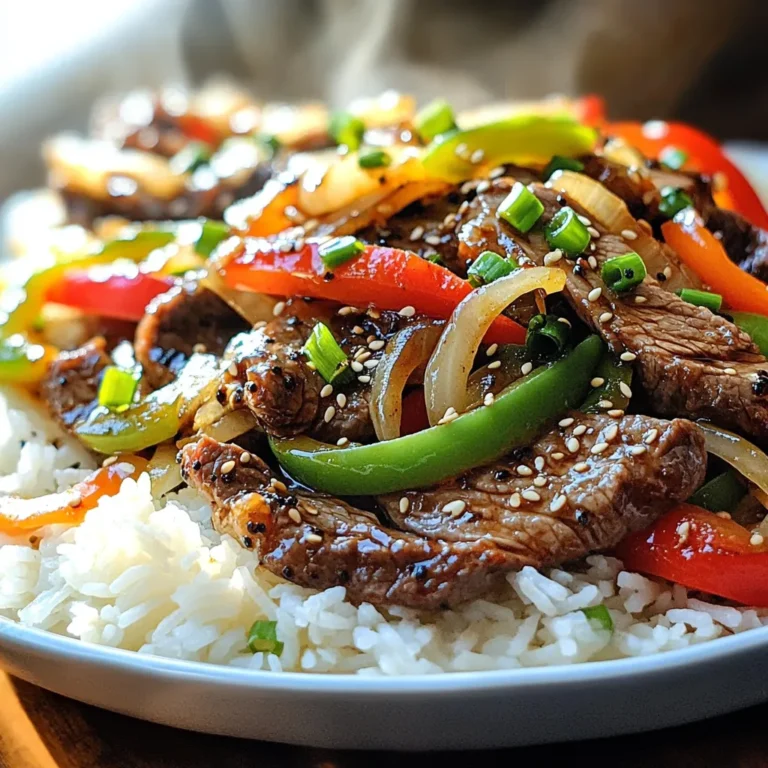 - 1 lb (450g) beef sirloin, thinly sliced against the grain - 2 tablespoons black pepper, coarsely ground - 2 tablespoons soy sauce - 1 tablespoon cornstarch - 2 tablespoons vegetable oil - 1 red bell pepper, sliced - 1 green bell pepper, sliced - 1 large onion, sliced - 3 cloves garlic, minced - 1 inch fresh ginger, grated - 2 green onions, chopped (for garnish) - Cooked jasmine rice (for serving) The main ingredients are simple yet flavorful. The beef sirloin adds a nice texture. The black pepper gives it a bold kick. Bell peppers add sweetness and color. Garlic and ginger bring warmth and depth. The marinade makes the beef tender and tasty. Mixing the beef with black pepper, soy sauce, and cornstarch helps it soak up flavors. Letting it sit for 15 minutes is key. This short wait makes a big difference in taste. For garnishing, I use chopped green onions. They add a fresh touch. You can also add sesame seeds for crunch. A sprinkle of extra black pepper boosts the flavor. Serve over fluffy jasmine rice for a complete meal. Start by slicing the beef sirloin. Cut it thin against the grain. This helps keep it tender. In a medium bowl, mix the beef with black pepper, soy sauce, and cornstarch. Toss the beef well to coat every piece. Let it sit for 15 minutes. This step is key for flavor. Heat a large skillet or wok over high heat. Add 1 tablespoon of vegetable oil. Once hot, add the marinated beef in a single layer. Sear the beef for 2-3 minutes. Look for a nice brown color. After that, remove the beef from the skillet and set it aside. This keeps the beef juicy. In the same skillet, add the other tablespoon of oil. Toss in the sliced onions and bell peppers. Sauté them for 4-5 minutes. You want them to soften but still be crunchy. Next, add minced garlic and grated ginger. Stir-fry for 1-2 minutes until you smell their aroma. Return the beef to the skillet. Toss everything together. Cook for another 2-3 minutes until hot. Taste and add more black pepper or soy sauce if needed. Finally, garnish with chopped green onions before serving. Enjoy your flavorful stir-fry over fragrant jasmine rice! To get tender beef, always slice against the grain. This means cutting across the fibers. Thin slices help beef cook fast and stay soft. Marinating the beef for 15 minutes also helps. Use soy sauce and cornstarch in your marinade. Cornstarch creates a nice seal, keeping the juices in. Black pepper is the star here. Use two tablespoons for a bold taste. If you want more heat, add a pinch of red pepper flakes. Soy sauce adds a salty depth. Taste as you cook. You can always add more black pepper or soy sauce later. High heat is key for stir-frying. It seals in the flavors and gives a nice char. Start with hot oil in your skillet. Cook the beef in one layer for best results. Stir-fry the veggies until they soften but stay crisp. This keeps the dish fresh and bright. Enjoy your meal over jasmine rice for a perfect finish! {{image_2}} You can switch out beef for other meats. Chicken or pork will work well. Just slice them thin. Use the same marinade for flavor. Tofu is a great choice for a meatless meal. It soaks up the sauce nicely. Feel free to change the veggies based on what you like. Broccoli or snap peas add a nice crunch. Carrots can give a sweet touch. You can even add mushrooms for a unique flavor. Use any colorful veggies you have for a vibrant dish. Soy sauce is a classic, but you can try new flavors. Teriyaki sauce adds sweetness and depth. Hoisin sauce gives a rich, savory taste. For a spicy kick, add chili paste to your sauce mix. Experiment and find your favorite combination! You can store leftover Black Pepper Beef Stir-Fry in an airtight container. Keep it in the fridge for up to three days. Make sure it cools down to room temperature first. This keeps the beef tender and tasty. For longer storage, freeze the stir-fry. Place it in a freezer-safe bag or container. It can last up to three months in the freezer. Remember to label it with the date. Thaw it overnight in the fridge before cooking. To reheat, use a skillet over medium heat. Add a splash of water or broth to keep it moist. Stir often to heat it evenly. You can also use the microwave. Heat it in short bursts, stirring in between. Enjoy your warm and flavorful stir-fry! Yes, you can use different cuts of beef. Flank steak or ribeye work well. Both cuts have great flavor and can be tender if cooked right. Just slice them thinly against the grain. This ensures that every bite is soft and easy to chew. To change the spice level, adjust the black pepper. Use less if you want it milder. You can also add a pinch of sugar. This helps balance the heat. For more spice, try adding crushed red pepper flakes or chili paste. Start with a small amount and taste as you go. Serve this dish with fluffy jasmine rice. The rice soaks up the sauce well. You can also add a side of steamed broccoli or snap peas. These veggies add color and crunch to your meal. For extra flavor, sprinkle some sesame seeds on top before serving. This blog post covered key areas for making a great Black Pepper Beef Stir-Fry. We discussed the ingredients you need, including beef, marinade, and garnishes. I shared step-by-step instructions for preparing and cooking your dish. You also learned tips for tender beef and flavor enhancement. Variations allow you to switch up proteins and vegetables. Lastly, I provided storage info and answered common questions. With this knowledge, you can create a delicious stir-fry your family will love. Enjoy cooking and happy eating!