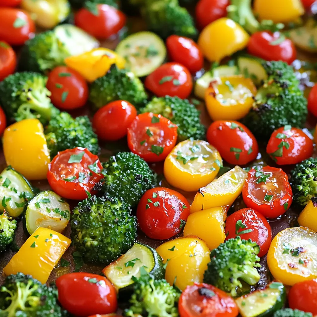 - 1 cup bell peppers (red and yellow), sliced - 1 cup zucchini, diced - 1 cup cherry tomatoes, halved - 1 cup broccoli florets - 1 medium red onion, sliced - 4 cloves garlic, minced - 3 tablespoons olive oil - 1 teaspoon dried oregano - 1 teaspoon dried thyme - 1 teaspoon paprika - Salt and pepper to taste - Fresh parsley, chopped (for garnish) - Optional lemon zest Gathering fresh ingredients makes this dish shine. Use bright bell peppers for color. Zucchini adds a nice texture. Cherry tomatoes bring a sweet burst. Broccoli florets are great for crunch. Sliced red onion gives a mild bite. Next, we need some key seasonings. Garlic is a must for flavor. Olive oil helps everything roast nicely. Dried oregano and thyme add earthy notes. Paprika brings warmth and color. Don’t forget salt and pepper to enhance the taste. Finally, fresh parsley brightens the dish. A sprinkle of lemon zest gives it a fresh twist. This veggie medley is not only simple but also packed with flavor and nutrients. - Preheat your oven to 425°F (220°C). This heat helps the veggies cook well. - Slice the bell peppers and red onion. Dice the zucchini and halve the cherry tomatoes. Break broccoli into florets. Cut all your veggies to similar sizes. This way, they cook evenly. - In a small bowl, whisk together the minced garlic, olive oil, dried oregano, dried thyme, paprika, salt, and pepper. Blend them well to make a smooth mixture. This herb mix adds great flavor to the veggies. - Toss the sliced and diced vegetables in the garlic herb mixture. Make sure each piece is coated well. This step is key to flavor. - Spread the veggie mix on a large sheet pan. Arrange them in a single layer. This helps them roast rather than steam. - Roast in the preheated oven for 20-25 minutes. Stir halfway through to ensure even cooking. The veggies should be tender and slightly caramelized when done. Enjoy the smell while they roast! To get the best roast, set your oven to 425°F (220°C). This high heat helps the veggies caramelize, adding great flavor. Roast your vegetables for 20-25 minutes. Stir halfway to ensure even cooking. Always spread the veggies in a single layer on the sheet pan. This helps them roast, not steam. If they are too crowded, they won’t get that nice brown color. Want to boost flavor? Try adding a pinch of red pepper flakes for heat. You can also mix in some balsamic vinegar for a sweet touch. For oils, olive oil is a great choice. However, you can swap it out for avocado oil if you like. Both oils pair nicely with garlic and herbs. When it’s time to serve, you can keep it simple. Present the medley straight from the sheet pan for a rustic look. Or, transfer it to a serving bowl. Drizzle some extra olive oil on top. A sprinkle of lemon zest adds a fresh burst of flavor. For protein, grilled chicken or fish works well. You can also serve with quinoa or rice for a hearty meal. {{image_2}} You can swap out the veggies based on what you have. Try seasonal choices like: - Carrots - Sweet potatoes - Asparagus - Brussels sprouts Root vegetables add sweetness. Greens like spinach or kale bring color and health. Mixing different textures makes your dish fun and tasty. You can change the taste by adding different spices. For a Mediterranean vibe, use rosemary or basil. If you want a Mexican twist, try cumin and lime juice. You can also add heat: - Chili flakes for a spicy kick - Hot sauce for extra flavor Adjust spices to match your mood or meal. This recipe is easy to adapt for special diets. It’s already vegan, so feel free to enjoy it as is. For gluten-free, all ingredients are safe. Just check your seasoning blends to ensure they are gluten-free. To keep your Sheet Pan Garlic Herb Veggie Medley fresh, store leftovers right away. Place the veggies in an airtight container. This helps keep moisture in and smells out. For best results, refrigerate them within two hours of cooking. Use glass or BPA-free plastic containers for safe storage. When it's time to enjoy your leftovers, you have two great options. For the best texture, reheat them in the oven. Preheat your oven to 350°F (175°C). Spread the veggies on a baking sheet and heat for about 10-15 minutes. This keeps them crispy and tasty. You can also use the microwave if you're in a hurry. Place the veggies in a microwave-safe dish. Cover them with a lid or microwave-safe wrap. Heat for 1-2 minutes, checking until warm. Note that microwaving may make them a bit softer. If you want to save your veggie medley for later, freezing is a smart choice. First, let the veggies cool completely. Then, place them in a freezer-safe container or bag. Press out as much air as possible to prevent freezer burn. For best quality, eat them within three months. When you're ready to use frozen veggies, thaw them in the fridge overnight. If you're in a rush, you can microwave them on defrost mode. After thawing, reheat them in the oven or microwave for the best flavor. Roasting times vary by vegetable. Here’s a quick guide: - Bell peppers: 20-25 minutes - Zucchini: 20-25 minutes - Cherry tomatoes: 15-20 minutes - Broccoli: 20-25 minutes - Red onion: 20-25 minutes The key is to check for doneness. You want them tender and slightly caramelized. Stir halfway through roasting for even cooking. Yes, you can use fresh herbs! Here’s what to consider: Pros: - Fresh herbs add bright flavor. - They can enhance the dish's aroma. Cons: - Fresh herbs need more quantity. Use three times the amount of dried herbs. - They can spoil faster than dried herbs. If you have fresh herbs on hand, use them! They bring a lovely taste to your veggie medley. This veggie medley pairs well with many dishes. Here are some ideas: - Grilled chicken or fish for protein. - Quinoa or rice for a hearty side. - A fresh salad for a light touch. - Crusty bread to soak up flavors. These options complement the medley well and make for a balanced meal. Enjoy mixing and matching! Roasting vegetables brings out their best flavors. This blog covered key ingredients, from fresh veggies to flavorful herbs. I shared easy steps to prep and roast, plus tips for perfect results. You can mix things up with different vegetables and spices to fit your taste. Remember to store leftovers properly for later enjoyment. Enjoy your tasty, healthy roasted vegetable dish!