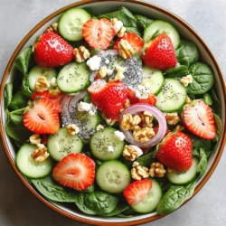 - 6 cups fresh baby spinach, washed and dried - 2 cups strawberries, hulled and sliced - 1 cup cucumber, thinly sliced - ½ cup red onion, thinly sliced - ½ cup feta cheese, crumbled - ¼ cup walnuts or pecans, chopped To make this salad shine, you need fresh baby spinach. It serves as a great base. Strawberries add juicy sweetness and a pop of color. Cucumber gives the salad a nice crunch. Thinly sliced red onion brings a sharpness that balances the sweetness. The feta cheese adds a creamy texture and salty flavor. For a nutty crunch, use walnuts or pecans. This mix of ingredients makes the salad tasty and exciting. - ¼ cup olive oil - 2 tablespoons apple cider vinegar - 2 tablespoons honey or maple syrup - 1 tablespoon poppy seeds - Salt and pepper to taste The dressing is key to this salad's charm. Start with good olive oil for a rich taste. Apple cider vinegar adds brightness and tang. Use honey or maple syrup for a hint of sweetness. Poppy seeds give a delightful crunch and a visual pop. Lastly, salt and pepper tie all these flavors together. This dressing elevates the salad, making it a real delight. To start, mix the dressing ingredients in a small bowl or jar. Combine ¼ cup olive oil, 2 tablespoons apple cider vinegar, 2 tablespoons honey or maple syrup, 1 tablespoon poppy seeds, and a pinch of salt and pepper. Whisk or shake this mixture until it's well blended. For the best blending, use a whisk or a jar with a tight lid. If you prefer a smoother texture, you can blend it in a small food processor. Store any leftover dressing in the fridge for up to a week. Just remember to shake it well before using it again. Now, let’s create the salad base. In a large salad bowl, add 6 cups of fresh baby spinach. This forms the green foundation of your delightful salad. Next, it’s time to add vegetables! Layer on 2 cups of sliced strawberries, 1 cup of thinly sliced cucumber, and ½ cup of thinly sliced red onion. These colorful veggies add flavor and crunch. Finally, incorporate the cheese and nuts. Sprinkle ½ cup of crumbled feta cheese and ¼ cup of chopped walnuts or pecans over the top. This adds creaminess and a satisfying crunch. Pour the poppy dressing evenly over the salad ingredients. This will enhance the taste of all the fresh components. Now, toss the salad gently. Use salad tongs or two large forks to mix everything together. Be careful not to bruise the spinach or strawberries. For presentation, serve the salad in chilled bowls or on a nice platter. Garnish with whole strawberries and a sprinkle of poppy seeds for a lovely touch. Enjoy your vibrant and tasty strawberry spinach salad! To boost flavor, you can switch up some ingredients. Try using arugula for a peppery kick. You can also swap feta with goat cheese for a creamier taste. For the dressing, if you prefer less sweetness, reduce the honey or maple syrup. A squeeze of fresh lemon juice brightens the whole dish. This salad pairs well with grilled chicken or fish. It makes a great side for a summer barbecue or a light lunch. You can also serve it at picnics or potlucks. For a more filling meal, add quinoa or couscous to the salad. Prep your ingredients a few hours in advance. Wash and dry the spinach early. Slice the strawberries, cucumber, and red onion, and store them in the fridge. Chilling the salad bowl before serving keeps your salad fresh and crisp. This makes a big difference in taste! {{image_2}} You can make your salad heartier by adding protein. Here are some great options: - Grilled chicken: Cooked chicken adds flavor and makes the salad filling. - Shrimp or tofu options: Shrimp gives a nice seafood touch while tofu offers a plant-based choice. These add-ons boost nutrition and help you enjoy the salad as a meal. If you want to change the taste, try different dressings. Here are a few ideas: - Balsamic vinaigrette: It adds a sweet and tangy flavor. - Honey mustard dressing: This gives a nice kick to your salad. - Avocado dressing: Creamy and rich, it complements the fresh ingredients well. Experimenting with dressings can keep your salad exciting and new. Using seasonal ingredients makes your salad fresh and vibrant. Here’s how to adapt it: - Fruits: In summer, add peaches or blueberries. In fall, try apples or pears. - Nuts: In winter, use hazelnuts for a warm touch. In spring, almonds bring a crisp bite. Changing fruits and nuts lets you enjoy different flavors all year round. To store your salad, place it in an airtight container. This helps keep the spinach fresh. If you leave the dressing on, the spinach may wilt quickly. For best results, store the salad without dressing. It will stay good for about 1-2 days in the fridge. If you have leftovers, try to eat them soon. The flavors will be best within this time frame. Store leftover dressing in a sealed jar or container. This helps keep it fresh and tasty. You can keep it in the fridge for up to a week. To prolong its shelf life, always use a clean spoon to scoop out the dressing. Avoid introducing any food particles. If you notice any changes in smell or texture, it’s best to toss it out. Enjoy your salad and dressing while they’re at their best! Yes, you can make this salad ahead of time. To prepare it in advance, follow these tips: - Prep Ingredients: Wash and slice all the vegetables. Store them separately in airtight containers. - Mix Dressing: Make the poppy dressing a day before. Keep it in the fridge. - Combine Just Before Serving: Mix the salad just before you serve it. This keeps the spinach fresh. If you need a substitute for feta cheese, here are some great options: - Goat Cheese: It has a creamy texture and tangy flavor. - Ricotta Cheese: This cheese adds creaminess and a mild taste. - Cottage Cheese: A lighter choice, great for adding protein. You can store the poppy dressing for about one week. Here are key storage tips: - Use a Sealed Container: Store it in a jar with a tight lid. - Keep It Chilled: Always refrigerate the dressing. - Shake Before Use: Give it a good shake before using, as ingredients may separate. This blog post shared a tasty salad recipe. You learned about fresh ingredients and a simple dressing. We went through easy steps for mixing, assembling, and serving. Remember to try different flavors with our tips and variations. My final thought: This salad is not just healthy but great for any meal. Experiment with flavors, and enjoy every bite!