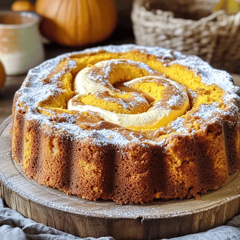 - 1 ½ cups all-purpose flour - 1 tsp baking powder - ½ tsp baking soda - ½ tsp salt - ½ tsp ground cinnamon - ¼ tsp ground nutmeg - ¼ tsp ground ginger - ½ cup unsalted butter, softened - 1 cup granulated sugar - ½ cup packed brown sugar - 3 large eggs - 1 cup pumpkin puree - 1 tsp vanilla extract - 8 oz cream cheese, softened - ¾ cup powdered sugar Gathering quality ingredients is key to making this pumpkin cream cheese pound cake a delight. The dry ingredients form the cake's base. The all-purpose flour gives it structure. Baking powder and baking soda help it rise. The salt enhances the other flavors. The ground spices, like cinnamon, nutmeg, and ginger, add warmth and a cozy aroma. For the wet ingredients, using good-quality unsalted butter is vital for flavor. The granulated and brown sugars add sweetness and a lovely texture. Eggs bind everything together while adding moisture. Pumpkin puree brings a rich flavor and a beautiful orange hue. Vanilla extract enhances the cake's sweetness. The cream cheese is the star of the filling. It adds a creamy layer that makes the cake special. Powdered sugar sweetens it, making it perfect for a filling. Each of these ingredients plays a role, creating a moist and flavorful pound cake that you and your family will love. - Preheat oven to 325°F (165°C). - Grease a 9x5-inch loaf pan. Line the bottom with parchment paper for easy removal. - In a bowl, whisk together: - 1 ½ cups all-purpose flour - 1 tsp baking powder - ½ tsp baking soda - ½ tsp salt - ½ tsp ground cinnamon - ¼ tsp ground nutmeg - ¼ tsp ground ginger - In a large bowl, cream together: - ½ cup unsalted butter, softened - 1 cup granulated sugar - ½ cup packed brown sugar - Beat this mix until light and fluffy, about 3-4 minutes. - Add 3 large eggs, one at a time. Mix well after each egg. - Stir in 1 cup pumpkin puree and 1 tsp vanilla extract until smooth. - Gradually fold in the dry mixture until just combined. Be careful not to overmix. - In another bowl, beat together: - 8 oz cream cheese, softened - ¾ cup powdered sugar - Mix until smooth and creamy. - Pour half of the batter into the loaf pan. - Spoon the cream cheese mixture down the center. - Top with the remaining pound cake batter and smooth the top. - Use a knife to create swirls. Drag it gently through the batter for a lovely design. - Bake for 60-70 minutes. Check for doneness by inserting a toothpick into the center. - If the top browns too much, cover it loosely with aluminum foil. - Once done, let it cool in the pan for 10 minutes before transferring to a wire rack to cool completely. To make a great pound cake, avoid overmixing. Mix just until combined for a light texture. Overmixing can lead to a dense cake. When adding the cream cheese, keep it smooth but do not mix too much. For the perfect swirl, spoon the cream cheese down the center. Use a knife to gently swirl it through the batter. Just a few gentle swirls will create a beautiful design. If you bake at high altitude, you need to adjust your recipe. Decrease the sugar by one to two tablespoons. Add a bit more flour to keep the cake from being too wet. You may also need to increase the baking time slightly. Check for doneness using a toothpick. When it's time to serve, slice the cake after it has cooled completely. Use a nice platter for a lovely presentation. A sprinkle of powdered sugar adds a nice touch. You can also serve with whipped cream or drizzle caramel sauce for extra flavor. Pair it with a cup of coffee or tea for a delightful treat. {{image_2}} You can change the flavor of the pumpkin cream cheese pound cake easily. Adding chocolate chips gives a sweet twist. I recommend using semi-sweet or dark chocolate for a rich taste. You can also add nuts, like walnuts or pecans, for crunch. They add texture and a nice contrast to the soft cake. For spices, try swapping out the ground cinnamon for allspice or cardamom. These spices add warmth and depth. You can also increase the nutmeg or ginger for a bolder flavor. Adjusting spices can make your cake unique. If you need gluten-free options, use almond or coconut flour. These flours work well and keep the cake moist. You might need to adjust the amount slightly since these flours absorb more moisture. For vegan substitutions, replace the eggs with flax eggs or applesauce. You can use coconut oil instead of butter. These swaps keep the cake tasty without animal products. You can switch pumpkin puree for butternut squash puree for a different flavor. Squash gives a sweet and creamy texture, just like pumpkin. This change can surprise your guests. Consider adding holiday-themed decorations when serving. You can sprinkle cinnamon on top or add maple glaze. Adding fall leaves or cranberries can make your cake look festive. These fun touches make your cake perfect for any season. To keep your pumpkin cream cheese pound cake fresh, wrap it well. Use plastic wrap or aluminum foil to cover the whole cake. You can also use an airtight container for best results. Store it in the fridge for up to one week. This keeps it moist and protects it from drying out. To freeze the pound cake, let it cool completely first. Wrap slices or the whole cake in plastic wrap. Then, place it in a freezer-safe bag or container. This helps prevent freezer burn. When you want to enjoy it, take it out and thaw it in the fridge overnight. For the cream cheese filling, you can freeze it too. Just store it in a separate container, wrapped tightly. Thaw it in the fridge when you're ready to use it. At room temperature, the pound cake stays fresh for about three days. If you keep it in the fridge, it can last up to a week. Always check for any signs of spoilage before enjoying your slice. Storing it properly helps you savor this delightful treat longer. Pumpkin puree is pure pumpkin. It has no added spices or sugar. You find it in cans or you can make it fresh. Pumpkin pie filling has added sugar, spices, and sometimes preservatives. It is not the same as puree. For this cake, always use pumpkin puree. Yes, homemade pumpkin puree works great! Just make sure to cook and blend fresh pumpkin until smooth. It should be thick and not watery. Be careful, as watery puree can change the cake's texture. To check, insert a toothpick into the center of the cake. If it comes out clean, the cake is done. The edges may brown a little, but the center should be set. If it's not done, bake a bit longer. You can make the batter ahead and store it in the fridge. Just bake it when you are ready. You can also bake the cake ahead and store it. It tastes great for up to three days at room temperature. If you need a different filling, try ricotta cheese or mascarpone. Both add creaminess. You can mix them with a bit of sugar for sweetness. Greek yogurt is another option, but it will be tangier. This blog post shared a detailed guide to baking a delicious pumpkin cream cheese pound cake. We covered essential ingredients, step-by-step instructions, handy tips, and various ways to customize your cake. Whether you bake for fun or to impress, you now have the tools to create something special. Remember, baking is fun and you can always make it your own. Enjoy your cake and happy baking!