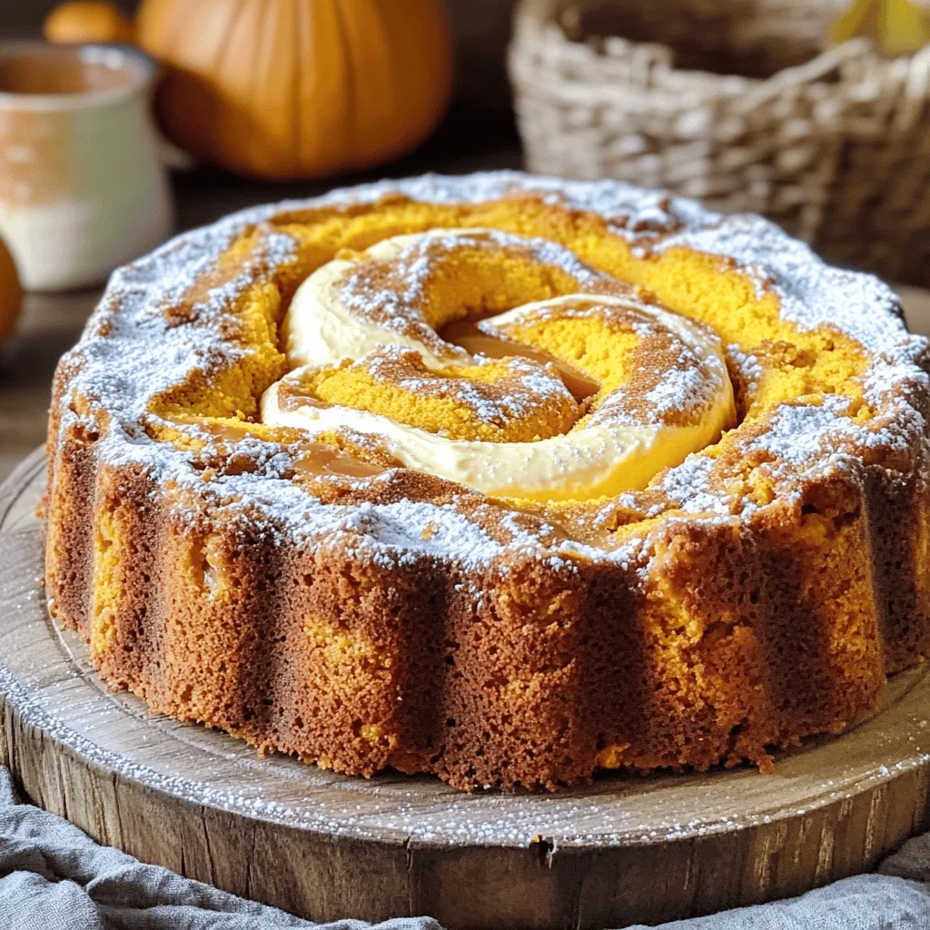 - 1 ½ cups all-purpose flour - 1 tsp baking powder - ½ tsp baking soda - ½ tsp salt - ½ tsp ground cinnamon - ¼ tsp ground nutmeg - ¼ tsp ground ginger - ½ cup unsalted butter, softened - 1 cup granulated sugar - ½ cup packed brown sugar - 3 large eggs - 1 cup pumpkin puree - 1 tsp vanilla extract - 8 oz cream cheese, softened - ¾ cup powdered sugar Gathering quality ingredients is key to making this pumpkin cream cheese pound cake a delight. The dry ingredients form the cake's base. The all-purpose flour gives it structure. Baking powder and baking soda help it rise. The salt enhances the other flavors. The ground spices, like cinnamon, nutmeg, and ginger, add warmth and a cozy aroma. For the wet ingredients, using good-quality unsalted butter is vital for flavor. The granulated and brown sugars add sweetness and a lovely texture. Eggs bind everything together while adding moisture. Pumpkin puree brings a rich flavor and a beautiful orange hue. Vanilla extract enhances the cake's sweetness. The cream cheese is the star of the filling. It adds a creamy layer that makes the cake special. Powdered sugar sweetens it, making it perfect for a filling. Each of these ingredients plays a role, creating a moist and flavorful pound cake that you and your family will love. - Preheat oven to 325°F (165°C). - Grease a 9x5-inch loaf pan. Line the bottom with parchment paper for easy removal. - In a bowl, whisk together: - 1 ½ cups all-purpose flour - 1 tsp baking powder - ½ tsp baking soda - ½ tsp salt - ½ tsp ground cinnamon - ¼ tsp ground nutmeg - ¼ tsp ground ginger - In a large bowl, cream together: - ½ cup unsalted butter, softened - 1 cup granulated sugar - ½ cup packed brown sugar - Beat this mix until light and fluffy, about 3-4 minutes. - Add 3 large eggs, one at a time. Mix well after each egg. - Stir in 1 cup pumpkin puree and 1 tsp vanilla extract until smooth. - Gradually fold in the dry mixture until just combined. Be careful not to overmix. - In another bowl, beat together: - 8 oz cream cheese, softened - ¾ cup powdered sugar - Mix until smooth and creamy. - Pour half of the batter into the loaf pan. - Spoon the cream cheese mixture down the center. - Top with the remaining pound cake batter and smooth the top. - Use a knife to create swirls. Drag it gently through the batter for a lovely design. - Bake for 60-70 minutes. Check for doneness by inserting a toothpick into the center. - If the top browns too much, cover it loosely with aluminum foil. - Once done, let it cool in the pan for 10 minutes before transferring to a wire rack to cool completely. To make a great pound cake, avoid overmixing. Mix just until combined for a light texture. Overmixing can lead to a dense cake. When adding the cream cheese, keep it smooth but do not mix too much. For the perfect swirl, spoon the cream cheese down the center. Use a knife to gently swirl it through the batter. Just a few gentle swirls will create a beautiful design. If you bake at high altitude, you need to adjust your recipe. Decrease the sugar by one to two tablespoons. Add a bit more flour to keep the cake from being too wet. You may also need to increase the baking time slightly. Check for doneness using a toothpick. When it's time to serve, slice the cake after it has cooled completely. Use a nice platter for a lovely presentation. A sprinkle of powdered sugar adds a nice touch. You can also serve with whipped cream or drizzle caramel sauce for extra flavor. Pair it with a cup of coffee or tea for a delightful treat. {{image_2}} You can change the flavor of the pumpkin cream cheese pound cake easily. Adding chocolate chips gives a sweet twist. I recommend using semi-sweet or dark chocolate for a rich taste. You can also add nuts, like walnuts or pecans, for crunch. They add texture and a nice contrast to the soft cake. For spices, try swapping out the ground cinnamon for allspice or cardamom. These spices add warmth and depth. You can also increase the nutmeg or ginger for a bolder flavor. Adjusting spices can make your cake unique. If you need gluten-free options, use almond or coconut flour. These flours work well and keep the cake moist. You might need to adjust the amount slightly since these flours absorb more moisture. For vegan substitutions, replace the eggs with flax eggs or applesauce. You can use coconut oil instead of butter. These swaps keep the cake tasty without animal products. You can switch pumpkin puree for butternut squash puree for a different flavor. Squash gives a sweet and creamy texture, just like pumpkin. This change can surprise your guests. Consider adding holiday-themed decorations when serving. You can sprinkle cinnamon on top or add maple glaze. Adding fall leaves or cranberries can make your cake look festive. These fun touches make your cake perfect for any season. To keep your pumpkin cream cheese pound cake fresh, wrap it well. Use plastic wrap or aluminum foil to cover the whole cake. You can also use an airtight container for best results. Store it in the fridge for up to one week. This keeps it moist and protects it from drying out. To freeze the pound cake, let it cool completely first. Wrap slices or the whole cake in plastic wrap. Then, place it in a freezer-safe bag or container. This helps prevent freezer burn. When you want to enjoy it, take it out and thaw it in the fridge overnight. For the cream cheese filling, you can freeze it too. Just store it in a separate container, wrapped tightly. Thaw it in the fridge when you're ready to use it. At room temperature, the pound cake stays fresh for about three days. If you keep it in the fridge, it can last up to a week. Always check for any signs of spoilage before enjoying your slice. Storing it properly helps you savor this delightful treat longer. Pumpkin puree is pure pumpkin. It has no added spices or sugar. You find it in cans or you can make it fresh. Pumpkin pie filling has added sugar, spices, and sometimes preservatives. It is not the same as puree. For this cake, always use pumpkin puree. Yes, homemade pumpkin puree works great! Just make sure to cook and blend fresh pumpkin until smooth. It should be thick and not watery. Be careful, as watery puree can change the cake's texture. To check, insert a toothpick into the center of the cake. If it comes out clean, the cake is done. The edges may brown a little, but the center should be set. If it's not done, bake a bit longer. You can make the batter ahead and store it in the fridge. Just bake it when you are ready. You can also bake the cake ahead and store it. It tastes great for up to three days at room temperature. If you need a different filling, try ricotta cheese or mascarpone. Both add creaminess. You can mix them with a bit of sugar for sweetness. Greek yogurt is another option, but it will be tangier. This blog post shared a detailed guide to baking a delicious pumpkin cream cheese pound cake. We covered essential ingredients, step-by-step instructions, handy tips, and various ways to customize your cake. Whether you bake for fun or to impress, you now have the tools to create something special. Remember, baking is fun and you can always make it your own. Enjoy your cake and happy baking!
