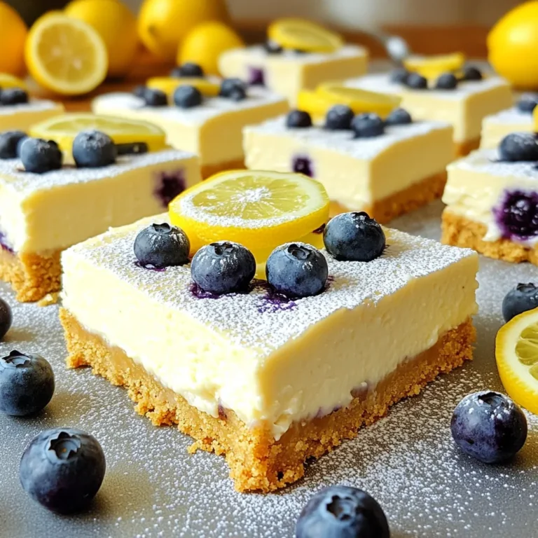 To make these lemon blueberry cheesecake bars, you will need: - 1 ½ cups graham cracker crumbs - ½ cup unsalted butter, melted - 1 tablespoon sugar - 2 (8-ounce) packages cream cheese, softened - ¾ cup granulated sugar - 2 large eggs - 1 teaspoon vanilla extract - Zest and juice of 2 lemons - 1 cup fresh blueberries - Powdered sugar, for dusting (optional) You can add a few fun twists to the recipe: - Swap blueberries for raspberries or strawberries. - Add a teaspoon of almond extract for a nutty flavor. - Mix in a pinch of salt to enhance sweetness. If you don’t have some ingredients on hand, here are some easy swaps: - Use graham crackers or digestive biscuits for the crust. - Replace cream cheese with ricotta or mascarpone for a different texture. - For a dairy-free option, try a plant-based cream cheese. - Use lemon juice from a bottle if fresh lemons are not available. These options keep the recipe simple and fun while allowing you to personalize your bars! Start by preheating your oven to 350°F (175°C). This step helps the crust bake evenly. Grease a 9x9-inch baking pan or use parchment paper. Parchment paper makes it easy to lift out the bars later. In a medium bowl, mix 1 ½ cups of graham cracker crumbs, ½ cup of melted butter, and 1 tablespoon of sugar. Stir until it looks like wet sand. Press this mixture into the bottom of the pan to form a solid layer. Bake this crust for 8-10 minutes until it is lightly golden. Once done, take it out and let it cool. In a large mixing bowl, beat 2 packages of softened cream cheese with an electric mixer. Mix until it is smooth and creamy. Gradually add ¾ cup of granulated sugar. Keep mixing until it is well blended. Next, add 2 large eggs, one at a time. Mix on low speed after each egg. Then, add 1 teaspoon of vanilla extract, the zest, and the juice of 2 lemons. Mix everything until it is smooth. Finally, gently fold in 1 cup of fresh blueberries. Be careful not to break the berries. Pour the cheesecake filling over the cooled crust. Spread it out evenly. Bake it in the oven for 25-30 minutes. The edges should be set, but the center will be slightly jiggly. When it’s done, take it out and let it cool at room temperature for about 30 minutes. Then, place it in the fridge for at least 2 hours to let it set completely. Once chilled, lift the cheesecake out of the pan using the parchment paper if you used it. Cut into bars and dust with powdered sugar if you like. To get the best texture, use softened cream cheese. This helps the mix become smooth. Beat it until there are no lumps. Mixing the eggs slowly keeps the filling creamy. Don’t overmix after adding the eggs. This helps the cheesecake stay fluffy. Bake until the edges are set but the center is a bit jiggly. This keeps it from being too dry. One common mistake is using cold cream cheese. Always let it sit out for a bit. Another mistake is overbaking. Keep an eye on the bars while they bake. They should set but not be firm. Not letting them cool before cutting can cause a mess. Always wait until they chill in the fridge. For a beautiful presentation, cut the bars into even squares. Use a sharp knife for clean edges. Arrange the bars on a nice platter. Add a lemon wheel and fresh blueberries on top. This adds color and makes them look fancy. Dust with powdered sugar for a sweet touch. This makes them look as good as they taste! {{image_2}} You can switch up the blueberries for other fruits. Raspberries or strawberries work well. Try blackberries for a mixed berry twist. Just make sure to use fresh fruit for the best taste. You can also add a fruit puree on top for extra flavor. A berry swirl adds color and fun to each bar. If you want a gluten-free crust, use ground almonds or gluten-free graham crackers. You can also use oats as a base. Just mix them with melted butter and a bit of sugar. Press this mixture into your baking pan like you would with normal crumbs. This keeps the bars tasty and safe for gluten-free diets. To cut sugar, use a sugar substitute like stevia or monk fruit. You can also make this recipe vegan. Replace cream cheese with a vegan option made from nuts. Use flax eggs instead of real eggs. Just mix one tablespoon of ground flaxseed with three tablespoons of water for each egg. This makes your bars creamy and plant-based. To keep your lemon blueberry cheesecake bars fresh, store them in the fridge. Use an airtight container. Cover the bars with plastic wrap or foil. This helps prevent them from drying out. They will stay fresh for about five days. If you want to enjoy them later, freezing is a great option. Freezing your bars is simple. First, let them cool completely in the fridge. Cut them into squares. Next, wrap each square in plastic wrap. Place the wrapped bars in a freezer-safe bag. Squeeze out as much air as possible. They can last in the freezer for up to three months. When you're ready to eat, just thaw them in the fridge overnight. If you prefer warm cheesecake bars, reheat them gently. Preheat your oven to 300°F (150°C). Place the bars in an oven-safe dish. Heat for about 10 to 15 minutes. Check them often to avoid overcooking. You want them warm, not hot. Enjoy the creamy texture and bright flavors! Yes, you can use frozen blueberries. Just make sure to thaw them first. Pat them dry with a paper towel to avoid extra moisture. This helps keep your bars from getting soggy. You’ll still get that great blueberry flavor! Look for the edges to be set and the center to be slightly jiggly. The bars should not look wet or overly soft. A light golden color on the edges is a good sign. They will firm up more as they cool in the fridge. Absolutely! These bars store well in the fridge. You can make them a day or two ahead. Just cover them tightly with plastic wrap. They taste even better after a day in the fridge, as the flavors meld nicely. To cut the bars neatly, use a sharp knife. Dip the knife in hot water and wipe it dry before cutting. This helps create clean lines. Cut the bars into smaller pieces for easy serving. Enjoy sharing them with friends or family! In this blog post, we covered the essential ingredients and steps to make lemon blueberry cheesecake bars. You learned about optional ingredients and substitutions. We discussed tips to get the best texture and avoid mistakes. Variations give you options, and storage tips keep your bars fresh longer. Enjoy making and sharing these tasty treats. They are sure to impress!