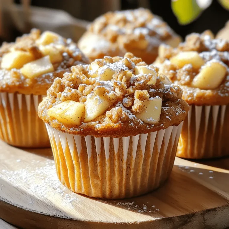 Here’s what you need to make apple cinnamon streusel coffee cake muffins: - 2 cups all-purpose flour - 1 cup granulated sugar - 1 tablespoon baking powder - ½ teaspoon baking soda - 1 teaspoon ground cinnamon - ½ teaspoon salt - ½ cup unsalted butter, softened - 2 large eggs - 1 cup sour cream - 1 teaspoon vanilla extract - 2 cups apples, peeled and diced (about 2 medium apples) - ½ cup brown sugar - ½ cup rolled oats - 1 teaspoon ground ginger - ¼ cup chopped walnuts (optional) Each ingredient plays a key role in creating a warm, comforting muffin. The flour gives structure, while sugar adds sweetness. Baking powder and baking soda help the muffins rise. Cinnamon and salt enhance the flavor and balance the sweetness. Softened butter makes the muffins rich, and eggs provide moisture and binding. Sour cream keeps them tender, while vanilla adds depth. Diced apples bring freshness, and the streusel topping gives a delightful crunch. Feel free to add walnuts for extra texture. This mix creates a perfect blend of flavors and textures. Enjoy the process of gathering these simple yet essential ingredients! First, preheat your oven to 350°F (175°C). This step is key for even baking. Prepare your muffin tin by lining it with paper liners or greasing it with cooking spray. Next, grab a large bowl. In this bowl, mix the dry ingredients. Combine 2 cups of all-purpose flour, 1 cup of granulated sugar, 1 tablespoon of baking powder, ½ teaspoon of baking soda, 1 teaspoon of ground cinnamon, and ½ teaspoon of salt. Whisk these until they are well blended. Now, it's time to work on the wet ingredients. In another bowl, beat ½ cup of softened unsalted butter with the sugar until creamy. Add 2 large eggs one at a time, mixing well after each. Stir in 1 cup of sour cream and 1 teaspoon of vanilla extract until smooth. Gradually add the wet mixture to the dry mixture. Mix gently until just combined. Be careful not to overmix, as this can make the muffins tough. Now, we will fold in the apples. Take 2 cups of peeled and diced apples, about 2 medium apples, and gently fold them into the batter. This step adds a lovely texture and flavor. In a small bowl, mix the streusel topping. Combine ½ cup of brown sugar, ½ cup of rolled oats, 1 teaspoon of ground ginger, and ¼ cup of chopped walnuts if you want some crunch. This topping will add a sweet and spicy layer to our muffins. It's time to fill the muffin tin. Spoon the batter into the prepared muffin cups, filling them about ⅔ full. Then, sprinkle a generous amount of the streusel topping over each muffin. Bake the muffins in your preheated oven for 18-20 minutes. You will know they are done when a toothpick inserted in the center comes out clean. After baking, let the muffins cool in the pan for about 5 minutes. Then, transfer them to a wire rack to cool completely. Enjoy the smell of warm apples and cinnamon filling your kitchen! - Avoiding overmixing: Mix the batter just until it blends. Overmixing can make the muffins tough. It's okay if some lumps remain. This will give you a light, fluffy texture. - Proper cooling techniques: Allow the muffins to cool for five minutes in the pan. Then, transfer them to a wire rack. This helps keep the muffins soft and prevents sogginess. - Serving suggestions: Serve the muffins warm on a nice platter. You can dust them lightly with powdered sugar for a pretty touch. This also adds a sweet finish that looks lovely. - Adding cinnamon butter: Make cinnamon butter for an extra treat. Just mix softened butter with a bit of cinnamon and sugar. Serve it in a small bowl next to the muffins. This adds a delicious twist that everyone will love. {{image_2}} You can change the type of apples you use in these muffins. Granny Smith apples give a nice tart flavor. Honeycrisp apples add sweetness and crunch. You can even mix different apples for a fun twist. If you need a gluten-free option, switch the all-purpose flour for a gluten-free blend. Many brands work well in baking. Just check that your blend contains xanthan gum for the best texture. You can make your muffins even more exciting! Try adding dried fruits like raisins or cranberries. They give a chewy texture and boost the flavor. You can also use different nuts. Chopped pecans or almonds add a nice crunch and taste. Feel free to experiment with spices too. A pinch of nutmeg or a dash of cardamom can change the flavor profile. You can create your perfect muffin by mixing and matching these ingredients! To keep your Apple Cinnamon Streusel Coffee Cake Muffins fresh and tasty, you have a couple of good options. - Room temperature storage: Place the muffins in an airtight container. They will stay fresh for about 2 to 3 days on the counter. Keep them away from direct sunlight and moisture. - Freezing instructions: For longer storage, freeze the muffins. Wrap each muffin in plastic wrap, then place them in a freezer bag. They can last for up to 3 months in the freezer. When ready to eat, just thaw them overnight in the fridge. When you want to enjoy your muffins warm, here are the best methods to reheat them. - Microwave: Place a muffin on a microwave-safe plate. Heat it for about 10 to 15 seconds. Check if it’s warm enough; if not, heat for a few more seconds. - Oven: Preheat the oven to 350°F (175°C). Place the muffins on a baking sheet. Heat them for about 5 to 10 minutes. This method keeps the muffins crispy on the outside. Enjoy your muffins warm, and savor the delicious flavors! Can I substitute sour cream? Yes, you can use plain yogurt instead of sour cream. Both give a nice moisture to the muffins. If you want a lighter taste, use Greek yogurt. How do I know when the muffins are done? The muffins are ready when a toothpick inserted into the center comes out clean. You can also gently press the top. If it springs back, they are done. Can I make these muffins ahead of time? Yes, you can make them ahead. Just store them in an airtight container. They stay good for up to three days at room temp. You can freeze them for longer storage. What to do if muffins are too dry or too wet? If the muffins are too dry, try adding a bit more sour cream or butter next time. If they are too wet, reduce the apples or check your measurements. Tips for achieving the desired texture To get the best texture, mix the batter only until combined. Overmixing can lead to tough muffins. Make sure to fold in the apples gently for even distribution. You learned how to make delicious apple cinnamon muffins. We covered key ingredients, step-by-step instructions, and handy tips. Remember, avoid overmixing for the best results. You can try different apples or even gluten-free options. Store muffins at room temp or freeze them to enjoy later. Reheating them brings back that fresh-baked taste. Follow these steps, and you'll bake perfect muffins every time. Enjoy your tasty treats!