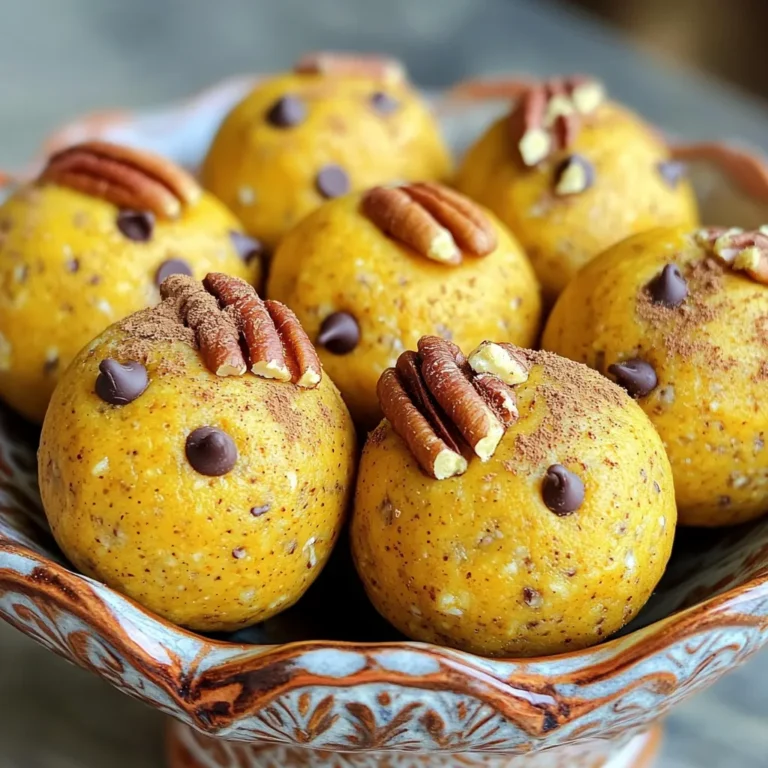 To make Pumpkin Cheesecake Energy Balls, gather these simple ingredients: - 1 cup rolled oats - 1 cup almond flour - ½ cup canned pumpkin puree - 2 tablespoons maple syrup - 1 teaspoon vanilla extract - ½ teaspoon cinnamon - ¼ teaspoon nutmeg - ¼ teaspoon ginger - ¼ teaspoon salt - ½ cup cream cheese, softened - ½ cup pecans or walnuts, chopped (optional) - ¼ cup mini chocolate chips (optional) These ingredients work together to create a tasty and healthy treat. The rolled oats and almond flour form a great base, while pumpkin puree adds moisture and flavor. Maple syrup and vanilla extract give sweetness. The spices bring warmth, making them perfect for any season. Cream cheese adds a creamy texture that makes these energy balls feel rich and indulgent. You can also add nuts or chocolate chips for extra crunch and sweetness. Each ingredient plays a role in making these energy balls a delightful snack or dessert. 1. Mixing dry ingredients In a large bowl, combine 1 cup of rolled oats with 1 cup of almond flour. Stir them together until they blend well. This mix gives the energy balls a nice base. 2. Combining wet ingredients Next, add in ½ cup of canned pumpkin puree, 2 tablespoons of maple syrup, and 1 teaspoon of vanilla extract. Mix until everything is well combined. You want a thick and sticky blend here. 3. Incorporating spices Sprinkle in ½ teaspoon of cinnamon, ¼ teaspoon of nutmeg, ¼ teaspoon of ginger, and ¼ teaspoon of salt. Mix again until the spices are fully blended. This step adds flavor and warmth. 4. Folding in cream cheese Now, fold in ½ cup of softened cream cheese. This makes the mixture creamy and rich. Make sure to mix until smooth, so every bite is delightful. 5. Adding optional ingredients If you like, toss in ½ cup of chopped pecans or walnuts and ¼ cup of mini chocolate chips. Stir until they are evenly mixed in. These add texture and a bit of sweetness. 6. Chilling the mixture Refrigerate the mixture for about 30 minutes. Chilling helps it firm up, making it easier to roll into balls. 7. Forming energy balls After chilling, use your hands to form the mixture into small balls, about 1 inch in size. This is where you shape your tasty treats. 8. Setting the energy balls Place the formed balls on a parchment-lined baking sheet. Refrigerate for another 15-20 minutes to set. This final chill helps them hold their shape. Chilling the mixture is key. It helps the ingredients bind and firm up. I suggest refrigerating it for at least 30 minutes. If the mixture seems too wet, add more almond flour or oats. A thicker mix makes better balls. To boost flavor, add extra spices like allspice or cloves. You can also try different nut butters. Peanut butter or sunflower seed butter brings new tastes. These swaps can make your energy balls unique. For a fun presentation, place the energy balls in a pretty bowl. You can garnish them with a sprinkle of cinnamon or a few pecan halves on top. Serve with warm apple cider or a cold glass of almond milk. These pair nicely and make for a tasty treat. {{image_2}} You can make these energy balls even better. Consider using sweet potato or squash instead of pumpkin. They add a nice twist. Sweet potato gives a rich flavor. It also packs in extra nutrients. You can simply swap equal amounts in the recipe. Adding dried fruits is another option. Cranberries or raisins add sweetness and chewiness. They pair well with the spices in the energy balls. Just chop them up and mix them in during step 5. This small change can make a big difference. If you need gluten-free options, use certified gluten-free oats. Many brands make oats that fit this need. The almond flour is already gluten-free, so you’re good there. For vegan substitutions, swap the cream cheese for a vegan option. There are many brands that make plant-based cream cheese. You can also use nut butter like almond or cashew. This change keeps the texture rich while making it vegan-friendly. To keep your Pumpkin Cheesecake Energy Balls fresh, store them in the fridge. Use an airtight container to prevent them from drying out. You can also wrap them in plastic wrap for extra protection. If you want to keep them longer, freeze them. Place the balls in a single layer on a baking sheet. Once frozen, transfer them to a freezer-safe bag. This way, they won’t stick together. In the fridge, these energy balls last about one week. They are best enjoyed fresh, but you can still eat them after a week. Watch for signs of spoilage, like a change in smell or texture. If they feel dry or hard, it’s time to toss them. Always check for mold or any off-putting scents before enjoying your treat. To make these energy balls vegan, swap cream cheese for a plant-based version. Use vegan cream cheese or cashew cream. Check your maple syrup to ensure it's pure. Oats and almond flour are already vegan, so you’re good to go! Yes, you can use other flours. If you want a gluten-free option, try oat flour or coconut flour. Just remember, different flours change the texture. Almond flour keeps them soft and moist. For a party, present the energy balls in a fun way. Use a decorative bowl or a clear jar. You can add a sprinkle of cinnamon on top for flair. Garnish with pecan halves for a nice touch. This makes them look great and tasty! To make your energy balls sweeter, add more maple syrup. Start with an extra tablespoon. You can also mix in a bit of powdered sugar if you like. Taste the mixture before rolling them into balls. Adjust to your liking! In this blog post, you learned how to make Pumpkin Cheesecake Energy Balls. We covered the ingredients, steps for preparation, and tips for flavor and texture. You can use seasonal ingredients or dietary alternatives, too. Remember to store them properly so they stay fresh. These energy balls are delicious and fit well into many diets. Enjoy making them and have fun with your own twists!