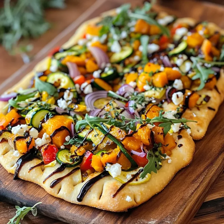 - 2 cups whole wheat flour - 1 teaspoon salt - 1 teaspoon baking powder - 3/4 cup water (adjust as needed) - 1 tablespoon olive oil - 1 cup butternut squash, roasted and diced - 1 red bell pepper, diced - 1 zucchini, sliced - 1/2 red onion, thinly sliced - 1 cup arugula - 1/2 cup crumbled feta cheese - 2 tablespoons balsamic glaze - Fresh thyme leaves for garnish When I make these flatbreads, I start with whole wheat flour. It gives a nice nutty flavor. Then, I add salt and baking powder. These help the dough rise and taste good. I mix in water and olive oil to bind it all together. Next, I focus on the fresh vegetables. I love using roasted butternut squash. It adds sweetness and warmth. Diced red bell pepper and sliced zucchini bring color and crunch. I also include thinly sliced red onion for a bit of zing. For toppings, I layer fresh arugula and crumbled feta cheese on top. The feta adds a creamy, salty bite that contrasts with the soft veggies. I finish each flatbread with a drizzle of balsamic glaze. This adds a sweet-tart flavor that brightens the dish. Finally, I sprinkle fresh thyme leaves for an extra touch of freshness. These ingredients come together to create a delicious and colorful meal. Once you gather them, you are ready to make something special! Combine Dry Ingredients In a large bowl, mix 2 cups of whole wheat flour, 1 teaspoon of salt, and 1 teaspoon of baking powder. This mix gives your flatbread a nice flavor and texture. Add Wet Ingredients Next, slowly add 3/4 cup of water and 1 tablespoon of olive oil. Stir with a fork until the dough starts to come together. Kneading and Resting the Dough Knead the dough for about 5 minutes. It should feel smooth and soft. Then, cover it with a damp cloth. Let it rest for 30 minutes. This helps the dough become easier to roll. Oven Temperature and Preparation Preheat your oven to 400°F (200°C). This hot oven gives the veggies a nice roast. Roasting Process for Each Vegetable On a baking sheet, spread 1 cup of diced butternut squash and 1 sliced zucchini. Drizzle with olive oil and sprinkle with salt. Roast these for 20-25 minutes. After 10 minutes, add 1 diced red bell pepper and 1/2 thinly sliced red onion. They will roast for the last 10 minutes. Dividing the Dough After resting, divide the dough into 4 equal pieces. Each piece will be a flatbread. Cooking Techniques and Tips On a floured surface, roll each piece into a thin flatbread, about 1/4 inch thick. Heat a non-stick skillet or cast-iron griddle on medium-high heat. Cook each flatbread for 2-3 minutes on each side until golden and slightly puffed. Keep them warm after cooking. Layering Vegetables and Toppings On each flatbread, layer the roasted veggies evenly. Then, add a handful of fresh arugula and 1/2 cup of crumbled feta cheese. Presentation Suggestions Drizzle each flatbread with balsamic glaze and sprinkle with fresh thyme leaves. For a great look, serve them on a rustic wooden board with extra thyme and balsamic glaze on the side. Kneading Techniques Kneading the dough is key for great flatbreads. Use your palms to push down and fold the dough. This helps develop gluten, which gives the flatbread a nice chew. Knead for about five minutes until the dough feels smooth and elastic. Adjusting Consistency If your dough is too sticky, add a little flour. If it’s too dry, add water a tablespoon at a time. The right texture should be soft but not wet. This balance is crucial for cooking evenly. Alternative Herbs and Seasonings You can switch up the taste with different herbs. Try rosemary, oregano, or basil for a fresh twist. A pinch of garlic powder can also add flavor. Experiment to find your favorite mix! Cheese Substitutions If you want a different cheese, feta is great, but try goat cheese or ricotta too. These cheeses melt well and add nice flavors to the flatbread. Each choice changes the dish in a new way. Pairing with Dips and Sides Serve your flatbreads with hummus, tzatziki, or a fresh dip. A side salad with lemon vinaigrette pairs nicely too. These sides enhance the meal and add more colors to your plate. Ideal Dining Settings These flatbreads are perfect for casual meals or a fun gathering. They work well for family dinners or picnics. Set them on a wooden board for a rustic look and let everyone dig in together! {{image_2}} What are the best vegetables for each season? In spring, use fresh asparagus and peas. Summer is great for ripe tomatoes and sweet corn. In fall, try roasted butternut squash and Brussels sprouts. Winter calls for hearty root vegetables like carrots and parsnips. These seasonal veggies add flavor and nutrition. What are some creative combinations? Mix roasted sweet potatoes with kale for a hearty bite. Pair zucchini and red bell pepper for a vibrant touch. You can also combine roasted eggplant with fresh herbs for a unique twist. Let your imagination guide you! What are gluten-free flatbread alternatives? You can use almond flour or chickpea flour. Both create a tasty base. Try using gluten-free all-purpose flour for a simple swap. Just adjust the water amount for the dough. What are vegan topping ideas? Skip the feta cheese and use avocado or hummus. You can also use nutritional yeast for a cheesy flavor. Top with fresh herbs, like basil or cilantro, for extra zest. How can I use alternative grains? Try using oat flour or spelt flour for a different taste. Each grain gives a unique flavor and texture to your flatbread. Experiment to find what you love best. What effects do different flours have on flavor and texture? Whole wheat flour gives a nutty flavor and hearty texture. Almond flour adds moisture and a slight sweetness. Each flour changes the flatbread, so don’t be afraid to mix and match! To keep your harvest veggie flatbreads fresh, store them properly. First, let the flatbreads cool completely. Wrap each flatbread in plastic wrap or foil. Place them in an airtight container. You can store them in the fridge for up to five days. If you want to keep them longer, freeze them. Lay flatbreads in a single layer in a freezer-safe bag. They will last up to three months in the freezer. When it’s time to enjoy your flatbreads again, reheating them right is key. You can use a skillet or an oven. For a skillet, heat it over medium heat. Add the flatbread and cook for about 2 minutes on each side until warm. If using an oven, preheat it to 350°F (175°C). Wrap the flatbreads in foil and heat for about 10 minutes. This keeps the texture nice and soft. Your flatbreads will last for about five days in the fridge if stored well. In the freezer, they can last up to three months. Check for any signs of spoilage. If you see mold or an off smell, it’s best to throw them away. Reseal your storage containers each time you take a flatbread out. This helps keep the rest fresh and tasty. To make flatbreads from scratch, mix 2 cups of whole wheat flour, 1 teaspoon of salt, and 1 teaspoon of baking powder in a bowl. Then, slowly add 3/4 cup of water and 1 tablespoon of olive oil. Mix until a dough forms. Knead the dough for about 5 minutes until it feels smooth. Let it rest for 30 minutes under a damp cloth. Harvest flatbreads shine with seasonal veggies. Great choices include: - Butternut squash - Red bell peppers - Zucchini - Red onions - Arugula for freshness These veggies add color and flavor, making your flatbreads delicious. Yes, you can prepare the dough ahead of time. After kneading the dough, wrap it in plastic. Store it in the fridge for up to 24 hours. This method saves time when you’re ready to cook. Cook the flatbreads for about 2-3 minutes on each side. They should turn golden and puff up slightly. Check for a nice, crisp texture when they are done. Absolutely! You can make these flatbreads for meal prep. Store cooked flatbreads in an airtight container. They last well in the fridge for up to 3 days. Reheat them in a skillet for the best taste. Making flatbreads from scratch is fun and easy. We covered all the key steps, from mixing fresh ingredients to roasting veggies. I shared tips on texture and flavor to help you create a perfect dish. Remember, experimenting with different vegetables and toppings gives your flatbreads a fresh twist. Store them right, and they’ll last longer. Enjoy making this simple, tasty flatbread and impress your friends and family!