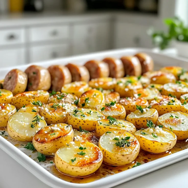 - 1 pound smoked chicken sausage, sliced into rounds - 1.5 pounds baby potatoes, halved - 1 tablespoon olive oil - 4 cloves garlic, minced The main ingredients create a tasty base for this dish. Smoked chicken sausage brings great flavor. Baby potatoes add heartiness. Olive oil helps everything roast well. Garlic gives a wonderful aroma. - 1 teaspoon dried thyme - 1 teaspoon smoked paprika - ½ cup grated Parmesan cheese - Fresh parsley, chopped, for garnish Seasonings elevate the dish. Dried thyme adds earthy notes. Smoked paprika gives a hint of sweetness and depth. Parmesan cheese melts beautifully and adds a savory touch. Fresh parsley brightens up the dish and adds color. - Salt and black pepper to taste - Cooking tips for ingredient quality Salt and black pepper bring out the best in flavors. Use fresh ground black pepper for a stronger taste. For the best results, choose high-quality sausage and fresh garlic. Good ingredients make all the difference in this recipe. 1. Preheat oven and prepare baking sheet: Start by preheating your oven to 400°F (200°C). Line a large baking sheet with parchment paper. This makes for easy cleanup later. 2. Toss potatoes with seasonings: In a large mixing bowl, combine the halved baby potatoes with 1 tablespoon of olive oil, 4 minced garlic cloves, 1 teaspoon of dried thyme, 1 teaspoon of smoked paprika, salt, and freshly ground black pepper. Toss until the potatoes are well coated. 1. Initial roasting of potatoes: Spread the seasoned potatoes in a single layer on the prepared baking sheet. Roast them in the oven for about 20 minutes. This starts to soften the potatoes and brings out their flavor. 2. Combining sausage with potatoes: After 20 minutes, take the baking sheet out of the oven. Add 1 pound of sliced smoked chicken sausage to the potatoes. Gently toss everything together to mix the sausage with the potatoes. 3. Finishing touches with Parmesan: Return the sheet pan to the oven and cook for another 15-20 minutes. When the potatoes are tender and golden brown, sprinkle ½ cup of grated Parmesan cheese evenly over the top. Let it melt and form a delicious crust. - Total preparation and cooking times: The prep time is about 10 minutes. The total cooking time is around 35-40 minutes. This means you can enjoy a tasty meal in just under an hour. - Tips for checking doneness: To check if the potatoes are done, pierce them with a fork. They should be soft inside and golden on the outside. Make sure the sausage is heated through as well. To boost flavors, I suggest adding fresh herbs like rosemary or basil. You can also sprinkle in some red pepper flakes for a little heat. For different tastes, try using Italian sausage or even spicy sausage. Each type brings its own unique flavor to the dish. When roasting, always spread the food in a single layer. This helps everything cook evenly. If you pile them up, some will cook faster than others. Place your baking sheet on the middle rack of your oven. This position ensures the heat circulates well around the food. You can serve directly from the sheet pan for a casual feel. If you want to impress, transfer it to a large platter. Once on the platter, sprinkle more parsley and cheese on top. This makes the dish look fresh and inviting. Place lemon wedges on the side for a pop of color and flavor. {{image_2}} You can switch up the sausage in this recipe. Try using Italian sausage for a nice kick. You can also use bratwurst or turkey sausage for different flavors. The type of sausage can change the whole meal. Feel free to swap out potatoes too. Bell peppers add a sweet crunch. Broccoli brings a bright color and a bit of health. Carrots or zucchini can also work well here. Mix and match to fit your taste! If you need a gluten-free meal, check the sausage label. Some brands offer gluten-free options. You can enjoy this dish without worry. For a low-carb version, skip the potatoes. Use cauliflower instead. It roasts well and absorbs flavors nicely. This makes your meal lighter while still being tasty. Want a kick? Add red pepper flakes for some heat. Just sprinkle a little over the dish before baking. You can control how spicy you want it. Try different cheeses too. Cheddar can give a sharp taste. Mozzarella melts beautifully and makes it creamy. Experiment to find your favorite flavor! To store leftovers, let the dish cool first. Then, place it in an airtight container. It stays fresh in the fridge for up to three days. If you want to freeze it, use a freezer-safe bag or container. Remove as much air as possible before sealing. Properly stored, it lasts up to three months in the freezer. Reheating is easy. The best method is to use an oven. Preheat your oven to 350°F (175°C). Spread the sausage and potatoes on a baking sheet. Heat for about 15 minutes, or until warm. You can also use a microwave for quick reheating. Heat in 30-second intervals, stirring in between to keep the texture nice. In the fridge, the dish lasts for about three days. Check for signs of spoilage. If it smells off or has a slimy texture, it’s best to toss it. Always trust your senses. Keeping food safe is important for health. Yes, you can use other types of sausage. Italian sausage adds a nice spice. Bratwurst or turkey sausage also works well. Each sausage brings its own flavor. Just make sure to slice them thinly for even cooking. Check if the potatoes are tender. You can use a fork to poke them. If the fork goes in easily, they are done. Look for a golden brown color on the outside. This shows they are roasted properly. You can prep the potatoes and sausage ahead of time. Toss the potatoes with seasonings and store them in the fridge. When you're ready, just roast them in the oven. This saves time and makes cooking easier later. In this post, I covered a tasty recipe with smoked chicken sausage, baby potatoes, and seasoning. You learned about preparation steps, cooking techniques, and tips for great flavor. I also shared storage info and variations to fit your taste. Remember, cooking can be fun and creative. Feel free to make it your own. Enjoy serving this dish to family and friends!