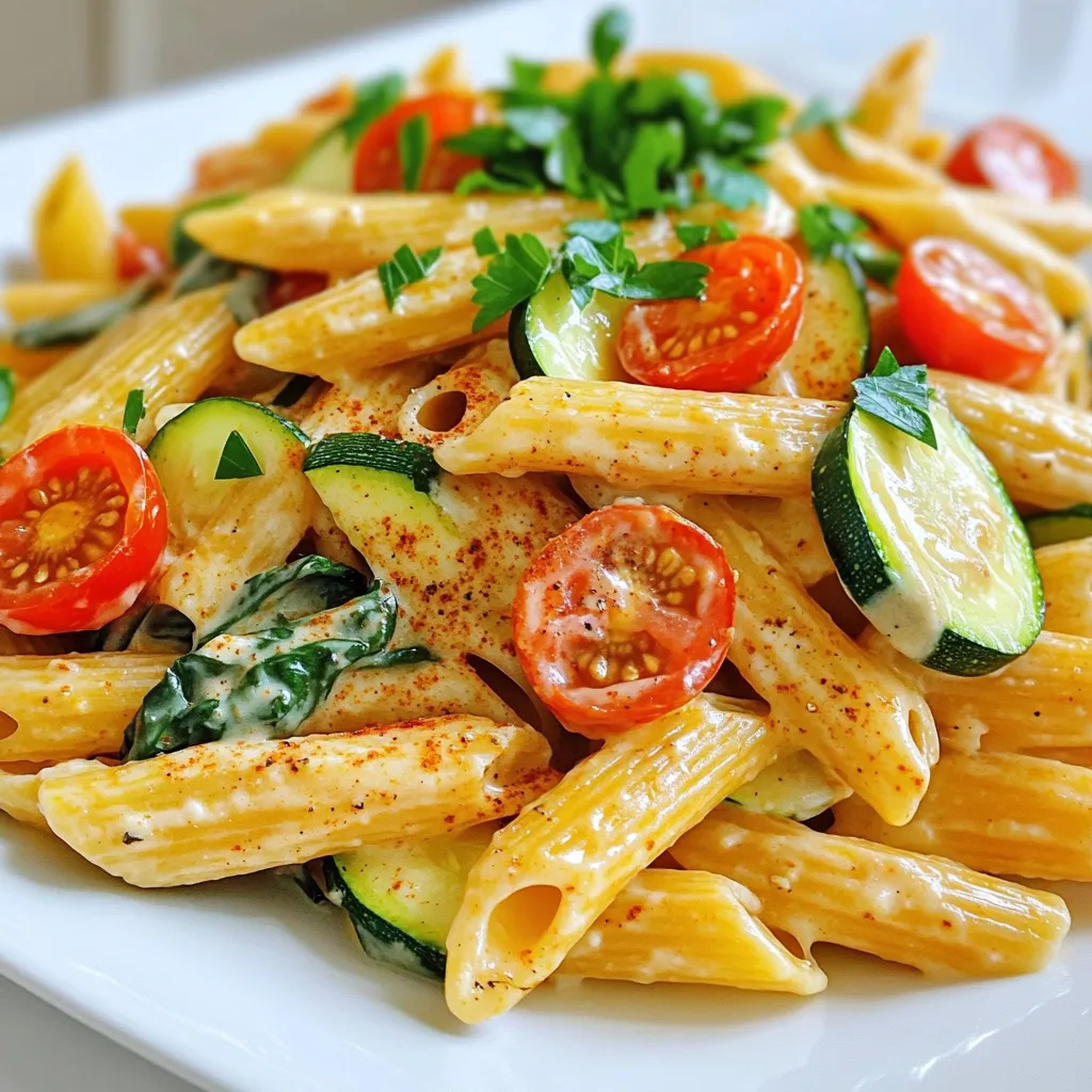 - 250g pasta (your choice: penne, fusilli, or linguine) - 1 tablespoon olive oil - 1 bell pepper (red or yellow), sliced - 1 zucchini, sliced - 1 cup cherry tomatoes, halved - 1 cup spinach, fresh - 3 cloves garlic, minced - 1 teaspoon Cajun seasoning - 1 teaspoon smoked paprika - 1 cup heavy cream or coconut cream - 1/2 cup grated Parmesan cheese or nutritional yeast for a vegan option - Salt and pepper to taste - Fresh parsley, chopped for garnish This creamy Cajun veggie pasta serves four. Each serving has about: - Calories: 450 - Protein: 12g - Carbohydrates: 50g - Fat: 20g - Fiber: 3g This dish is filling and has a nice balance of nutrients. You get veggies, carbs, and fats all in one meal! You can easily change ingredients to suit your taste. Here are some ideas: - Use whole wheat pasta for extra fiber. - Swap heavy cream for Greek yogurt for a lighter option. - Replace bell peppers with mushrooms or carrots for a different flavor. - Use almond milk instead of coconut cream for a nutty taste. - Add nutritional yeast instead of Parmesan for a vegan twist. These options keep the dish fun and fresh. Don't be afraid to get creative! First, boil water in a large pot. Add salt to the water for flavor. Once boiling, add 250g of your favorite pasta—penne, fusilli, or linguine. Cook until al dente, which usually takes about 8-10 minutes. Stir it occasionally to prevent sticking. After that, drain the pasta in a colander and set it aside. Now, grab a large skillet and heat 1 tablespoon of olive oil over medium heat. When the oil is hot, add your sliced bell pepper and zucchini. Sauté them for about 3-4 minutes until they soften a little. Next, toss in 3 minced garlic cloves and 1 cup of halved cherry tomatoes. Cook for another 2-3 minutes. You want the garlic to smell great and the tomatoes to get a bit blistered. It’s time to spice things up! Sprinkle in 1 teaspoon of Cajun seasoning and 1 teaspoon of smoked paprika. Mix well to coat the veggies evenly with the spices. Lower the heat and pour in 1 cup of heavy cream or coconut cream. Stir to combine and let it simmer for 2-3 minutes. This helps the sauce thicken a bit. After that, mix in 1/2 cup of grated Parmesan cheese or nutritional yeast for a vegan twist. Stir until it melts into the sauce. Season with salt and pepper to taste. Add 1 cup of fresh spinach to the skillet. Cook just until it wilts, which takes about 1 minute. Now, gently add your cooked pasta to the skillet. Toss everything together to coat the pasta in that creamy sauce. Remove the skillet from heat and let it sit for a minute. This allows all the flavors to blend beautifully. Now, you’re ready to serve! To make great pasta, follow these steps. - Always use a big pot of water. This helps the pasta cook evenly. - Salt the water well, about 1 tablespoon per 4 quarts. This adds flavor. - Stir the pasta often while it cooks. This keeps it from sticking. - Cook it until al dente, which means it should still have a slight bite. - Drain it quickly but do not rinse. Rinsing washes away flavor. If you want more kick, add more Cajun seasoning. Start small, maybe half a teaspoon more. Taste as you go. If it’s too spicy, add extra cream or cheese. This will cool it down. You can also use less seasoning if you prefer mild flavors. To store leftovers, let the pasta cool first. Then, place it in an airtight container. It can last in the fridge for up to three days. To reheat, warm it on low heat on the stove. Add a splash of cream or water to keep it creamy. {{image_2}} To make a vegan version, swap heavy cream for coconut cream. Use nutritional yeast instead of Parmesan cheese. The flavors remain bold and delicious. You still get that creamy texture and rich taste. This dish stays vibrant and satisfying without any animal products. Want to add protein? Toss in cooked chicken, shrimp, or tofu. Each option brings its own flavor. Chicken adds heartiness, while shrimp gives a fresh, seafood twist. Tofu is great for a plant-based protein boost. Cook your protein separately, then mix it in with the pasta and sauce. For a low-carb choice, substitute pasta with zucchini noodles or spaghetti squash. These options stay light and healthy, while still soaking up the creamy sauce. They offer a satisfying bite without the extra carbs. Just spiralize the zucchini or roast the squash before adding to the dish. For a great meal, pair your creamy Cajun veggie pasta with simple sides. A fresh green salad works well. Toss mixed greens with a light vinaigrette. You can also serve garlic bread on the side. Its crunchy texture complements the creamy pasta. Roasted vegetables add a nice touch, too. Try carrots, broccoli, or asparagus for vibrant color and flavor. When enjoying this dish, a nice glass of wine enhances the flavors. A crisp Sauvignon Blanc pairs well with the veggies. Its citrus notes balance the richness of the cream. If you prefer red wine, a light Pinot Noir is a good choice. It’s smooth and won’t overpower the dish. Remember to serve your wine chilled for the best taste. Presentation makes a meal special. Start by plating the creamy Cajun veggie pasta in a wide, shallow bowl. This allows the colors to shine. Garnish with chopped fresh parsley for a pop of green. You can add a sprinkle of extra Parmesan cheese on top, too. For added flair, serve with a lemon wedge on the side. The bright yellow adds a cheerful touch to your plate. You can easily make this pasta gluten-free. Simply choose gluten-free pasta. Look for types made from rice, corn, or quinoa. These options cook well and taste great. You can follow the same cooking steps. This way, you enjoy all the creamy goodness without gluten. Yes, you can use other vegetables in this dish. Feel free to swap bell peppers for mushrooms or broccoli. Carrots or asparagus also work well. The key is to choose veggies you like. Just make sure to cut them into similar sizes for even cooking. You can store leftovers for about three to four days. Place them in an airtight container in the fridge. When ready to eat, reheat in a pan over medium heat. Add a splash of water or cream to bring back the creaminess. Enjoy your tasty meal again! In this post, we explored a tasty creamy pasta dish. We started with the ingredients, covering substitutions and nutrition. Then, we walked through step-by-step cooking instructions. I shared tips for perfecting your pasta and storing leftovers. We also looked at exciting variations, like vegan and low-carb options. Finally, I highlighted serving suggestions to make your meal shine. Enjoy cooking and feel free to adapt this recipe to match your tastes!
