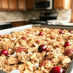 - 2 cups rolled oats - 1 cup pecans, roughly chopped - 1/2 cup almond slices - 1/4 cup unsweetened shredded coconut The main ingredients create a crunchy treat. Rolled oats are the base. They add fiber and texture. Pecans bring healthy fats and a nutty flavor. Almond slices add a nice crunch. Shredded coconut gives a hint of sweetness. - 1/2 teaspoon cinnamon - 1/4 teaspoon salt - 1/3 cup maple syrup - 1/4 cup coconut oil, melted - 1 teaspoon vanilla extract - 1/2 cup dried cranberries or raisins (optional) Additional ingredients enhance taste and health. Cinnamon adds warmth and flavor. Salt balances the sweetness. Maple syrup is the star sweetener. Coconut oil helps bind everything together. Vanilla extract adds depth. You can add dried cranberries or raisins for extra sweetness. Each serving has about 150 calories. This snack packs fiber, healthy fats, and protein. Rolled oats provide the fiber. Pecans and almonds offer healthy fats. The maple syrup gives quick energy. Each bite supports your health while satisfying your crunch cravings. 1. First, preheat your oven to 325°F (160°C). This step is key. A hot oven helps the granola become crunchy. 2. Next, line a large baking sheet with parchment paper. This keeps the granola from sticking. 3. Now, in a big mixing bowl, add the rolled oats, chopped pecans, almond slices, and shredded coconut. 4. Sprinkle in the cinnamon and salt. Stir everything together until mixed well. 1. In a separate bowl, whisk together the maple syrup, melted coconut oil, and vanilla extract. This mix adds sweetness and flavor. 2. Pour this wet mixture over the dry ingredients. 3. Stir thoroughly to coat all the dry mix. Each piece should get some of that sweet goodness. 1. Transfer the mixture to the prepared baking sheet. Press it down firmly into an even layer. This helps form nice clusters. 2. Bake in the oven for about 25-30 minutes. Stir the granola halfway through for even baking. It should turn golden brown and smell amazing. 3. Once done, remove it from the oven and let it cool completely on the baking sheet. This cooling step is vital for clustering. 4. After it cools, break it into clusters. If you want, fold in dried cranberries or raisins at this point for extra flavor. - Pressing mixture firmly: When you mix the granola, press it down hard. This helps it stick together and form those crunchy clusters. Use a spatula or your hands to really compact it on the baking sheet. - Avoiding over-baking: Keep an eye on your granola while it bakes. If you bake it too long, it can burn. Aim for a nice golden color. That’s when it’s perfect! - Pairing with yogurt or milk: I love adding granola to my yogurt or milk. It makes a great breakfast or snack. The crunch of the clusters pairs well with creamy textures. - Adding fruit or other toppings: Fresh fruit adds flavor and color. Try berries, banana slices, or even a sprinkle of cinnamon. You can also add a drizzle of honey or maple syrup for extra sweetness. - Different nuts and seeds: Feel free to swap pecans with other nuts like walnuts or almonds. You can also add seeds like chia or pumpkin seeds for more crunch and nutrition. - Sweetener alternatives: If you want to change the sweetness, try honey or agave syrup instead of maple syrup. Each option gives a different taste and texture to your granola. {{image_2}} You can change the flavor of your granola clusters easily. For a tropical twist, try coconut almond granola clusters. Just swap some pecans for coconut and add more almond slices. The sweet coconut and crunchy almonds give great taste. Another option is chocolate chip granola clusters. Just mix in chocolate chips after baking. This adds a fun, sweet bite to your snack. Kids love this version! Want a gluten-free option? Use certified gluten-free rolled oats. They work just as well. You won’t lose any taste, and they provide the same crunch. If you’re cutting back on sugar, try using a low-sugar maple syrup. You can also use mashed bananas or applesauce. These substitutes still keep your granola tasty and sweet. Think about adding seasonal spices to your clusters. For fall, nutmeg and ginger give warmth and flavor. Just a sprinkle can boost the taste. Also, try incorporating seasonal dried fruits. In autumn, dried apples or pears add a nice touch. In summer, dried cherries or blueberries are great. They add natural sweetness and a colorful pop to your granola. To keep your Maple Pecan Granola Clusters fresh, use an airtight container. This will help keep moisture out and maintain crunchiness. You can store them at room temperature for up to two weeks. Just make sure the container is in a cool, dry place away from direct sunlight. If you want to store your granola clusters for longer, freezing is a great option. To freeze, place the cooled clusters in a freezer-safe bag or container. Remove as much air as possible before sealing. When you're ready to eat them, thaw the clusters at room temperature. This helps to keep their texture nice and crunchy. Expect your Maple Pecan Granola Clusters to stay fresh for about two weeks at room temperature. If frozen properly, they can last up to three months. After this time, the taste and quality may decline. Always check for any off smells or changes in texture before enjoying. Homemade granola clusters can last up to two weeks. Store them in an airtight container at room temperature. If you keep them in the fridge, they can last a bit longer, but the texture may change. Yes, you can customize the ingredients to fit your needs. If you have nut allergies, swap pecans and almonds with seeds like sunflower or pumpkin. You can also replace maple syrup with honey or agave if you prefer. This makes the recipe adaptable for everyone. If your granola doesn’t cluster, make sure you pressed the mixture firmly before baking. You can also increase the amount of coconut oil or maple syrup. These help the clusters stick together. Stirring less during baking can also help maintain the clusters. Absolutely! Feel free to mix in other nuts like walnuts or hazelnuts. For fruits, try adding dried apricots, figs, or even chocolate chips. This way, you can create your own flavor combinations to enjoy. Maple pecan granola clusters are easy and fun to make. We covered the main ingredients like oats, nuts, and coconut. You learned to mix and bake for the best results. I added tips for perfect clusters and fun variations to try. Remember to store them properly for freshness. Whether you enjoy them with yogurt or on their own, these clusters are a delicious treat. Try different nuts or fruits to make them your own. Enjoy your homemade goodness!