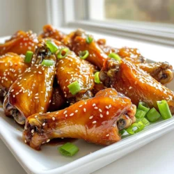 - 2 lbs chicken wings, cleaned and patted dry - 1/4 cup honey - 1/4 cup soy sauce (low sodium recommended) - 3 cloves garlic, minced - 1 tablespoon fresh ginger, grated - 1 teaspoon chili flakes - 2 tablespoons sesame seeds - 2 green onions, thinly sliced - Use low-sodium soy sauce to cut down on salt. - Try alternative sweeteners like agave or maple syrup for a different twist. These ingredients create a sweet and savory glaze that makes your wings shine. Feel free to adjust any of the optional ingredients for your taste. Add more heat with chili flakes or finish with sesame seeds and green onions for crunch. If you want a healthier option, using low-sodium soy sauce is a smart choice. You can also swap honey for a different sweetener. This flexibility allows you to make the recipe your own. Enjoy the process of cooking and let your taste buds guide you! Cleaning and drying the wings Start by rinsing the chicken wings under cold water. This step helps remove any residue. After rinsing, pat them dry using paper towels. This will help the wings crisp up later. Marinating process In a mixing bowl, combine the honey, soy sauce, minced garlic, grated ginger, sesame oil, black pepper, and chili flakes. Use a whisk to mix everything well. Add the cleaned wings to the bowl. Toss them until they are fully coated in the marinade. For the best flavor, let the wings marinate for at least 30 minutes. If you have time, marinate them overnight in the fridge. Preheating the air fryer Before cooking, preheat your air fryer to 380°F (193°C). This usually takes about five minutes. Preheating helps cook the wings evenly. Spraying the basket Lightly spray the air fryer basket with cooking oil. This step prevents the wings from sticking. A quick spray is all you need. Cooking time and temperature Place the marinated wings in a single layer in the air fryer basket. Ensure not to overcrowd them. Cook at 380°F (193°C) for 25 to 30 minutes. Flip the wings halfway through for even cooking. Check that the internal temperature reaches 165°F (74°C). Plating suggestions Once cooked, take the wings out of the air fryer. Drizzle any leftover honey garlic sauce from the marinade over them. For a beautiful touch, sprinkle sesame seeds and sliced green onions on top. Serve them on a large platter. Add extra green onions and sesame seeds for color. Pair with crunchy veggies or a dipping sauce for a perfect snack! To get the best crispy wings, adjust the cook time based on the size. Smaller wings need less time, while larger ones need more. A good rule is to cook them for 25 to 30 minutes. Always flip the wings halfway through cooking. This helps them cook evenly and get crispy all around. For great flavor, marinate the wings for at least 30 minutes. If you have time, marinate them overnight. This gives the wings a deeper flavor and makes them taste amazing. When serving honey garlic wings, pair them with crunchy sides. Fresh veggies or a salad work well. For dipping sauces, go for ranch or blue cheese. These will add a nice touch to your wings and make them even tastier. {{image_2}} You can change the flavor of these wings easily. For a teriyaki twist, swap honey for teriyaki sauce. This adds a sweet and savory taste. You can also use BBQ sauce for a smoky flavor. Just mix it into the marinade for a tasty change. If you love heat, try adding spicy peppers. Jalapeños or crushed red pepper can give your wings a nice kick. Adjust the amount based on your spice level. More heat makes it exciting! If you don't have an air fryer, don’t worry! You can bake these wings in the oven. Preheat your oven to 400°F (204°C). Place the wings on a baking sheet lined with parchment paper. Bake for 40-45 minutes, flipping halfway through, until crispy. Grilling is another great option. Heat your grill to medium-high. Cook the wings for about 20-25 minutes. Flip them often for even cooking. Grill marks will add a nice touch! You can make these wings gluten-free easily. Use tamari instead of soy sauce. This keeps the same great taste but fits special diets. If you want to reduce calories, try using less honey. You can also skip the sesame oil. This will still give you tasty wings without the extra calories. Enjoy them guilt-free! To store your leftover honey garlic wings, let them cool first. Place the wings in an airtight container. This helps keep them fresh. Store them in the fridge for up to three days. If you want the best taste, eat them sooner. You can freeze honey garlic wings for later. First, let the wings cool completely. Then, place them in a freezer bag. Remove as much air as you can from the bag. This helps prevent freezer burn. Your wings can stay good in the freezer for up to three months. When you’re ready to eat them, thaw them in the fridge overnight. To reheat your wings and keep them crispy, use your air fryer. Preheat it to 375°F (190°C). Place the wings in the basket in a single layer. Heat them for about 5 to 10 minutes. This should bring back their crunch. You can also use an oven at 350°F (175°C). Just make sure to turn them halfway through. Enjoy your wings like they were just made! You should cook wings in the air fryer for about 25-30 minutes. Set the temperature to 380°F (193°C). Flip the wings halfway through cooking. This ensures they get crispy all around. Always check that they reach an internal temperature of 165°F (74°C) for safety. Yes, you can cook frozen wings in the air fryer. However, you need to adjust the cooking time. Start at 30-35 minutes at 380°F (193°C). Check for doneness at the end and adjust as needed. Thawing them first can help with even cooking. Honey garlic wings taste great with many sides. Here are some ideas: - Crunchy veggies: Carrots and celery sticks add freshness. - Dipping sauces: Try ranch or blue cheese for a creamy dip. - Rice or noodles: Serve with jasmine rice or stir-fried noodles for a filling meal. - Salad: A light salad can balance the rich flavors of the wings. This blog post covered how to make delicious honey garlic chicken wings. You learned about the key ingredients, preparation steps, and tips for cooking and storing. I also discussed variations and answered common questions. Remember, marinating and cooking time influence flavor and texture. Don’t hesitate to experiment with flavors and sides that you love. Enjoy your cooking journey and savor those tasty wings!