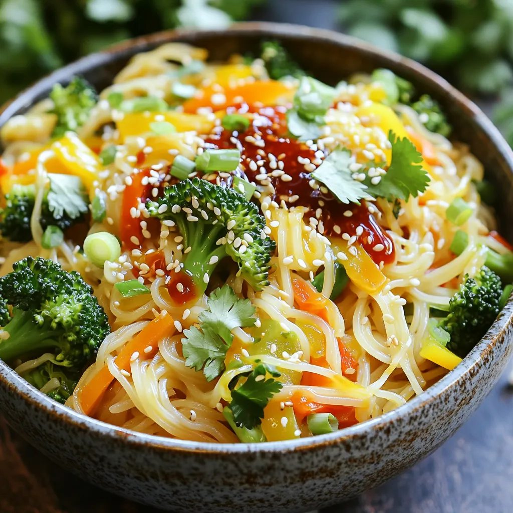 - 8 oz (225g) rice noodles - 3 tablespoons sesame oil - 5 cloves garlic, minced - 1-2 tablespoons sriracha (adjust to taste) - 2 tablespoons soy sauce - 1 tablespoon rice vinegar - 1 tablespoon honey or maple syrup - 1 cup broccoli florets - 1 bell pepper, thinly sliced (any color) - 1 carrot, julienned - 2 green onions, chopped Rice noodles are the star here. They cook quickly and soak up flavors well. Fresh vegetables add crunch and color. Garlic brings a strong taste, and the seasonings make it spicy and sweet. - Sesame seeds - Fresh herbs like cilantro or basil Garnishes add style and flavor. Sesame seeds give a nutty crunch. Fresh herbs like cilantro or basil add brightness. These make your dish look and taste even better! First, bring a pot of water to a boil. This usually takes just a few minutes. Add the rice noodles to the boiling water. Cook them for about 4-5 minutes, following the package instructions. Once they are soft, drain them and rinse with cold water. This step stops the cooking and keeps the noodles from getting mushy. While the noodles cook, heat 2 tablespoons of sesame oil in a large skillet over medium heat. Add 5 cloves of minced garlic to the hot oil. Sauté the garlic for 1 minute. You want it to smell nice but not burn. Next, add 1 cup of broccoli florets, 1 sliced bell pepper, and 1 julienned carrot to the skillet. Stir-fry these veggies for about 3-4 minutes. You want them to be tender-crisp, so they still have a nice bite. In a small bowl, whisk together 1-2 tablespoons of sriracha, 2 tablespoons of soy sauce, 1 tablespoon of rice vinegar, and 1 tablespoon of honey. Pour this sauce over your sautéed vegetables. Make sure to stir it well to coat everything evenly. Now it’s time to combine the noodles and sauce. Add the cooked noodles to the skillet. Drizzle the remaining tablespoon of sesame oil over the noodles. Toss everything together for another 2-3 minutes. This heats it through and mixes all the flavors. To serve, divide the spicy garlic noodles into two bowls. Garnish with chopped green onions, sesame seeds, and fresh cilantro or basil on top. This adds color and flavor to your dish. Enjoy your meal! You can control the heat in your spicy garlic noodle bowls. Start with 1 tablespoon of sriracha. Taste it, then add more if you like. This way, you can find the right spice level for your taste. If you want it milder, add honey to balance the heat. When cutting vegetables, keep them uniform. This ensures they cook evenly. For the broccoli, cut florets into small pieces. Slice the bell pepper thinly for quick cooking. Julienne the carrot for nice texture. These shapes help them cook fast and look great in your bowl. You can make a full meal by adding protein. Try grilled chicken, shrimp, or tofu for extra flavor. These proteins complement the noodles well. Serve it with a side salad or steamed veggies for a balanced meal. Enjoy your spicy garlic noodle bowls! {{image_2}} You can change up the veggies in your spicy garlic noodle bowls. Here are some fun options: - Zucchini, sliced thin - Snap peas, for crunch - Mushrooms, for a savory taste - Spinach, for a soft texture Feel free to mix and match based on what you have at home. Fresh vegetables add color and flavor to your dish. Want to make your noodle bowls heartier? Add a protein! Here are some tasty ideas: - Chicken, cooked and sliced - Shrimp, peeled and deveined - Tofu, cubed and sautéed - Beef, thinly sliced and stir-fried These proteins pair well with the spicy garlic sauce. Choose what you like best for added nutrition and flavor. If you need a gluten-free dish, don't worry! Here are some easy swaps: - Use gluten-free soy sauce or tamari - Try rice noodles made from 100% rice These options keep your meal delicious while meeting dietary needs. You can enjoy spicy garlic noodle bowls without any gluten! To store leftovers safely, let the spicy garlic noodle bowls cool to room temperature. Then, place them in an airtight container. They will stay fresh for up to three days in the fridge. Make sure to keep the garnishes separate until you serve. This helps keep them fresh and tasty. For the best reheating, use a microwave or a skillet. If using a microwave, place the noodles in a bowl and add a splash of water. Cover it with a microwave-safe lid. Heat in short bursts, stirring in between. If using a skillet, heat a little sesame oil over medium heat. Add the noodles and cook for a few minutes, stirring often. This keeps the noodles from getting soggy. Yes, you can freeze these noodle bowls! First, let them cool completely. Then, transfer them to a freezer-safe container. They can last up to two months in the freezer. When you are ready to eat, thaw them in the fridge overnight. Reheat them in the microwave or skillet as described above for the best texture. Spicy garlic noodle bowls stay fresh for up to three days in the fridge. To store them, place the noodles and veggies in an airtight container. Make sure to let them cool before sealing. This helps keep the dish from getting soggy. Yes, you can make spicy garlic noodle bowls ahead of time. Cook the noodles and veggies, then let them cool. Store them separately until you are ready to eat. When you want to enjoy them, simply reheat in a pan or microwave. Add a splash of water to keep them moist. If you can't find rice noodles, try using spaghetti or udon noodles. Both work well in this dish. Just adjust the cooking time based on the noodle type. For gluten-free options, consider using zucchini noodles or soba noodles. This recipe is great for meal prep. You can portion out servings in containers for easy lunches or dinners. Keep the sauce separate until you are ready to eat. This keeps everything fresh and tasty. Store in the fridge for quick meals throughout the week. This blog post explained how to make tasty spicy garlic noodle bowls. You learned about the key ingredients, like rice noodles and fresh veggies. We covered step-by-step cooking instructions, plus tips for spice and serving options. You can easily tweak the recipe to fit your taste or dietary needs. Whether you enjoy it now or save it for later, these bowls offer flavor and fun. Get creative with your ingredients, and enjoy a dish that's both simple and satisfying.