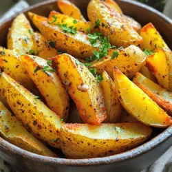 - 4 large russet potatoes - 4 tablespoons olive oil - 4 cloves garlic, minced - 2 teaspoons dried oregano - 2 teaspoons dried thyme - 1 teaspoon paprika - Salt and pepper to taste - Fresh parsley, chopped (for garnish) For this recipe, I love using large russet potatoes. They give the best texture. You'll need some olive oil to help the seasoning stick and create that perfect crisp. Garlic adds a nice punch of flavor that pairs well with herbs. Oregano and thyme give the wedges an earthy taste. Paprika adds a lovely color and a hint of warmth. Don’t forget the salt and pepper; they elevate all the flavors. Finally, fresh parsley is a must for that vibrant finish. Keep these ingredients handy, and let’s create something delicious! Start by washing and scrubbing the potatoes. Clean them well to remove dirt. I use a brush for this task. After washing, cut the potatoes into wedges. Aim for pieces about 1/4 inch thick. This size helps them cook evenly and get crisp. Next, grab a large mixing bowl. Add the potato wedges to the bowl. Pour in 4 tablespoons of olive oil. Then, add 4 cloves of minced garlic. Sprinkle in 2 teaspoons of dried oregano and 2 teaspoons of dried thyme. Don’t forget 1 teaspoon of paprika, plus salt and pepper to taste. Toss the wedges well to coat them evenly. This step is key for great flavor. Now, preheat your air fryer to 400°F (200°C). This makes a big difference in crispiness. Place the seasoned wedges in the air fryer basket in a single layer. Avoid overcrowding them. Cook at 400°F (200°C) for 15-20 minutes. Shake the basket halfway through. This helps them cook evenly and turn golden. When they are done, they should look crisp and inviting. To get that perfect crunch, oil is key. It helps the wedges brown and crisp up. Use olive oil, as it adds flavor. Make sure to coat each wedge evenly. This helps them cook well. Proper air circulation in the fryer is vital. Don’t overcrowd the basket. Keep some space between the wedges. This allows hot air to flow around them. You will end up with crispier results. For the best potato wedges, use russet potatoes. They have a high starch content. This gives you fluffy insides and crisp outsides. When selecting potatoes, look for firm ones. Avoid any soft spots or blemishes. To boost flavor, try adding more seasonings. Chili powder or cayenne can add heat. Parmesan cheese brings a nice savory touch. Fresh herbs like parsley or thyme can brighten the dish. Dried herbs work too, but fresh gives a richer taste. Experiment with different combinations to find your favorite. {{image_2}} You can spice up your potato wedges with different seasonings. Try adding chili powder for a kick. This will give your wedges a nice heat and flavor. You can also mix in some cheese with herbs. Using parmesan or cheddar adds a creamy taste that blends well with the garlic. If you do not have an air fryer, you can bake these wedges. Preheat your oven to 425°F (220°C). Spread your seasoned wedges on a baking sheet. Bake for 25-30 minutes until they are golden. You can also deep-fry the wedges for a crispy texture. Heat oil in a pot to 350°F (175°C) and fry until golden, about 5-7 minutes. Pair your garlic herb potato wedges with tasty sauces. Ketchup, ranch, or garlic aioli work great. You can also serve these wedges as a side dish with grilled chicken or burgers. They add crunch and flavor to any meal. To keep your potato wedges fresh, place them in an airtight container. This helps prevent them from drying out. You can store them in the fridge for up to three days. After that, the texture and flavor may change. Always let them cool completely before sealing. The air fryer shines when reheating these wedges. Set it to 350°F (175°C) and cook for about 5-7 minutes. This method restores their crispiness. If you don’t have an air fryer, you can use the oven. Just place them on a baking sheet at 350°F (175°C) for about 10 minutes. To freeze your potato wedges, let them cool completely first. Spread them in a single layer on a baking sheet. Freeze until firm, then transfer them to a freezer-safe bag. They can last up to three months in the freezer. When you’re ready to eat, thaw them in the fridge overnight before reheating. This keeps them from getting mushy. Yes, you can try other potatoes! Yukon Gold or red potatoes work well. Both have a creamy texture and hold up nicely. Sweet potatoes are also a tasty option. They add a hint of sweetness to your dish. Just remember to adjust the cooking time if you use different types. To make your potato wedges healthier, reduce the olive oil. Use only two tablespoons instead of four. You can also air fry them longer for a crispier texture. Try adding herbs or spices for flavor instead of oil. This keeps calories down while still tasting great. There are many great dipping sauces! Here’s a quick list for you: - Ketchup - Ranch dressing - Garlic aioli - Spicy mayo - Barbecue sauce - Sour cream - Honey mustard Choose any of these to add flavor to your tasty wedges! We covered a lot about making garlic herb potato wedges. You learned the best ingredients, steps, and tips for crispy results. We explored different methods and how to store leftovers. By trying variations or new seasonings, you can keep this dish fresh and exciting. Remember, enjoy the process and take your time. With these tips, your next batch of potato wedges will impress everyone. Don't hesitate to experiment with flavors and dips to find your perfect match. Happy cooking!