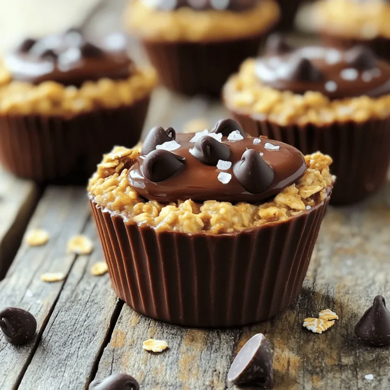 To make these tasty no-bake chocolate peanut butter oat cups, you need: - 1 cup rolled oats - 1/2 cup creamy peanut butter - 1/4 cup honey or maple syrup - 1/4 cup unsweetened cocoa powder - 1/2 teaspoon vanilla extract - 1/8 teaspoon salt - 1/3 cup dark chocolate chips (dairy-free if desired) - 1/4 cup chopped nuts (e.g., almonds or walnuts, optional) - Sea salt for topping (optional) - Rolled oats: Use quick oats if you prefer a finer texture. - Peanut butter: Almond butter or sunflower butter works well too. - Honey or maple syrup: Agave syrup can serve as a sweetener too. - Cocoa powder: For a richer taste, use dark cocoa powder. - Dark chocolate chips: You can use milk chocolate chips if you like. - Chopped nuts: Feel free to skip them or use your favorite nuts. - Sea salt: It adds a nice touch of flavor. Each serving contains roughly: - Calories: 150 - Total fat: 8g - Saturated fat: 2g - Carbohydrates: 18g - Fiber: 2g - Sugars: 6g - Protein: 4g These oat cups provide a good balance of protein, healthy fats, and carbs, making them a great snack! To make these no-bake chocolate peanut butter oat cups, follow these steps: 1. First, take a large mixing bowl. Add 1 cup of rolled oats, 1/4 cup of cocoa powder, and 1/8 teaspoon of salt. Mix them well. 2. In another bowl, combine 1/2 cup of creamy peanut butter, 1/4 cup of honey (or maple syrup), and 1/2 teaspoon of vanilla extract. Stir until it's smooth. 3. Pour the peanut butter mix into the oat mix. Stir until they blend nicely. The mix should feel sticky. 4. Gently fold in 1/3 cup of dark chocolate chips and 1/4 cup of chopped nuts if you like. Make sure they spread evenly. - Use a sturdy spatula to mix the ingredients. This helps to combine them better. - If the mix is too dry, add a bit more peanut butter. If it's too wet, add a little more oats. - Make sure to blend until there are no dry spots. This ensures every bite is tasty. 1. Line a muffin tin with cupcake liners or lightly grease the cups. This step helps with easy removal. 2. Use a tablespoon to scoop the mixture into each muffin cup. Firmly press it down. This helps the cups hold their shape. 3. If you want a touch of salt, sprinkle a little sea salt on top of each cup. 4. Finally, place the muffin tin in the fridge for at least 30 minutes. This helps the cups set well. You can change this recipe to suit your taste. Try using almond butter instead of peanut butter. For a fruity twist, add mashed bananas or applesauce into the mix. If you love spice, sprinkle in some cinnamon or nutmeg. You can swap honey for agave syrup or maple syrup for a different sweetness. Mixing too quickly can lead to clumps. Make sure you stir slowly and evenly. If the mixture is too dry, it won't hold together. Add a bit more peanut butter or honey to fix this. Another mistake is not pressing the mixture firmly into the muffin cups. This step is key to keeping the cups shaped well. Don't skip refrigerating them long enough either; they need time to set. To make your oat cups look fancy, add a drizzle of melted chocolate on top. You can also sprinkle chopped nuts or coconut flakes for a nice touch. Using colorful cupcake liners can brighten up the display. A few pieces of fresh fruit on the side can add a pop of color and freshness. {{image_2}} You can swap the honey for maple syrup. Both sweeteners work well. Agave nectar is another good choice. Each sweetener adds its own flavor. Honey gives a floral note, while maple syrup adds warmth. If you prefer a sugar-free option, try a sugar substitute like stevia. Creamy peanut butter is the star here, but you can mix it up. Almond butter or cashew butter are great alternatives. Both nut butters have a unique taste and texture. Nut butters can change the flavor of your cups. Choose what you like best or have on hand. You can add fun extras to take these cups up a notch. Try adding a sprinkle of cinnamon for warmth. Chia seeds can add a nice crunch and boost nutrition. For a tropical twist, mix in some shredded coconut. You can even toss in mini marshmallows for a sweet surprise. Each addition creates a new flavor adventure! Store your oat cups in an airtight container. This keeps them fresh and prevents drying out. You can use a glass jar or a plastic container. Place parchment paper between layers if stacking them. This helps avoid sticking and makes them easy to grab. When stored properly, these oat cups last about one week in the fridge. If you freeze them, they can stay good for up to three months. Just remember to label the container with the date. This way, you can keep track of their freshness. To freeze your oat cups, wrap each one in plastic wrap. Then place them in a freezer-safe bag. When you want to enjoy them, take out the desired amount. Let them thaw in the fridge overnight. You can also warm them in the microwave for a few seconds. This makes them taste fresh again! Yes, you can make these oat cups vegan. Simply replace honey with maple syrup. Use dairy-free dark chocolate chips for a fully vegan treat. This swap keeps the flavor rich and satisfying. You can use many tasty toppings. Here are some ideas: - Chopped nuts like almonds or walnuts - Shredded coconut - Dried fruit such as cranberries or raisins - A drizzle of melted dark chocolate - A sprinkle of sea salt for extra flavor These toppings add texture and flavor to your oat cups. You can easily adjust the recipe for common allergies. Here are some swaps: - For nut allergies, use sunbutter or soy nut butter instead of peanut butter. - If you need to avoid gluten, use gluten-free oats. - For a sugar-free option, consider using a sugar substitute like stevia. These changes keep the oat cups delicious while making them allergy-friendly. In this post, we covered the key ingredients for oat cups, including substitutions and nutrition facts. I shared a step-by-step guide on how to prepare and mold them perfectly. We explored tips for customizing flavors and common mistakes to avoid. You learned about various sweeteners and how to store these cups well. Oat cups are fun to make and easy to customize. Try different flavors and toppings to find your favorite. Enjoy your tasty creations!