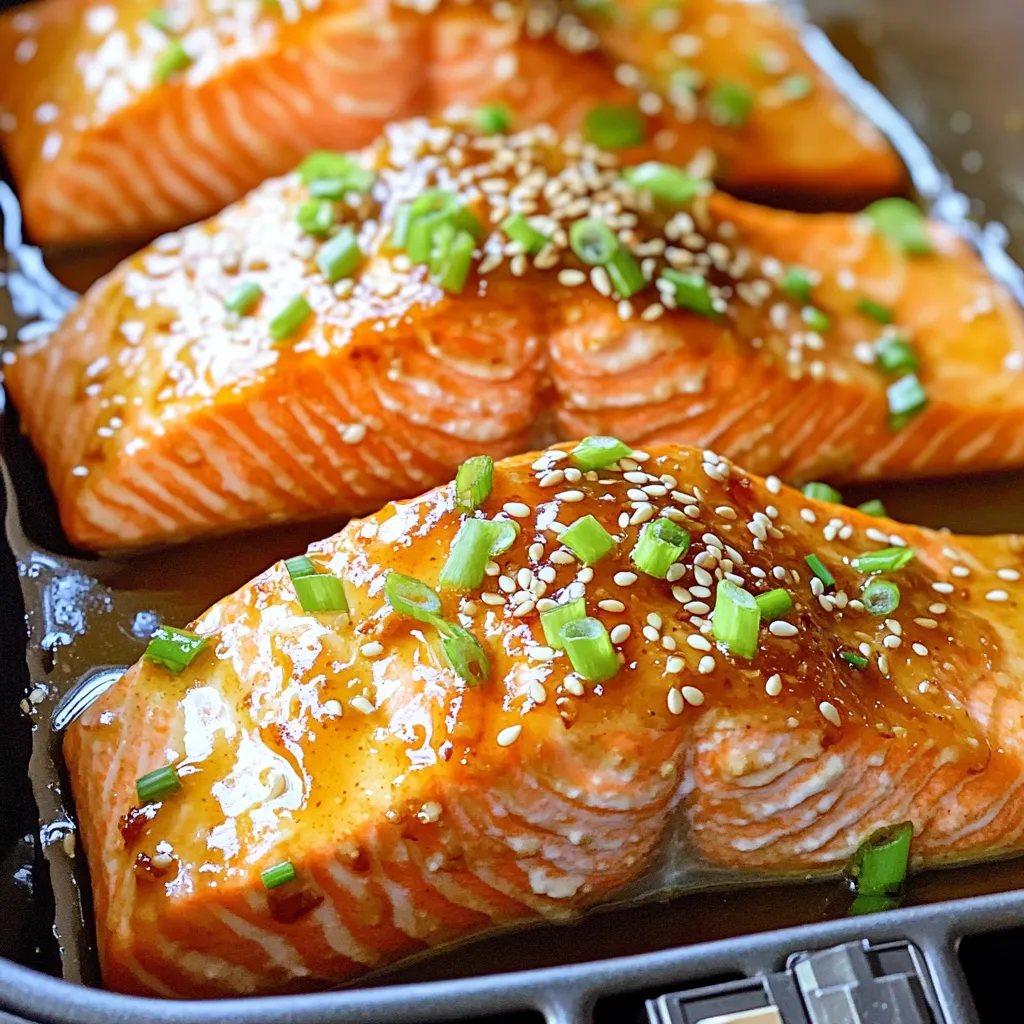 - 4 salmon fillets (about 6 oz each) - 1/4 cup honey - 3 cloves garlic, minced - 2 tablespoons soy sauce (or tamari for gluten-free) - 1 tablespoon freshly squeezed lemon juice - 1 teaspoon sesame oil - Salt and pepper to taste - 1 tablespoon sesame seeds (optional for garnish) - 2 green onions, chopped (for garnish) You can swap honey for maple syrup if you want a vegan option. For garlic, try garlic powder if you don't have fresh garlic. You can also use coconut aminos instead of soy sauce for a gluten-free alternative. If you lack sesame oil, olive oil works fine in a pinch. To boost the flavor, add fresh herbs like dill or parsley. You can also sprinkle red pepper flakes for a little heat. A touch of orange juice can brighten the dish too. For a nutty flavor, consider adding chopped nuts on top after cooking. First, gather your ingredients. You need honey, garlic, soy sauce, lemon juice, and sesame oil. In a bowl, mix 1/4 cup honey, 3 minced garlic cloves, 2 tablespoons soy sauce, 1 tablespoon lemon juice, and 1 teaspoon sesame oil. Whisk them together until they blend well. This mix gives the salmon a sweet and savory flavor. Next, take your salmon fillets. Season them with salt and pepper on both sides. Place the fillets in a shallow dish. Pour the honey garlic mixture over them. Make sure to coat each fillet well. Let the salmon marinate for at least 15 minutes. This step is key for flavor! Now, it's time to cook! Preheat your air fryer to 400°F (200°C). This takes about 5 minutes. Preheating helps the salmon cook evenly. After preheating, lightly grease the air fryer basket. This step helps prevent sticking. Place the marinated salmon in the basket. Make sure there is space between each fillet. Cook the salmon for 8-10 minutes. Check for doneness by seeing if it flakes easily with a fork. The salmon should have a nice golden color on top. Once done, take the salmon out and let it rest for a few minutes. For added flavor, you can garnish it with sesame seeds and chopped green onions. Enjoy your meal! To get salmon just right, focus on time and temperature. Set your air fryer to 400°F (200°C). Cook for 8-10 minutes. Check for flakiness with a fork. If it flakes easily, it’s done! Avoid overcooking. It makes the fish dry. Keep an eye on it at the 8-minute mark for best results. Using quality ingredients makes a difference. I love using wild-caught salmon for flavor and texture. For honey, I recommend local or organic brands. They tend to have more depth in taste. Kikkoman or San-J are great for soy sauce. For sesame oil, try Spectrum or La Tourangelle. These brands enhance the dish. Make your dish look as good as it tastes. Serve the salmon on a clean, white plate. This highlights the vibrant colors. Drizzle some extra honey sauce on top for shine. Sprinkle sesame seeds and chopped green onions for a pop of color. This simple touch makes your meal more appealing. {{image_2}} You can add fresh herbs to the honey garlic mix. Try parsley, dill, or basil. These herbs boost the taste and add a fresh flavor. Just chop them finely and mix them in with the honey and garlic. This twist makes the dish feel bright and lively. Want some heat? Add red pepper flakes or sriracha to the marinade. Start with a pinch and taste as you go. This change gives the salmon a nice kick without overpowering the sweet honey flavor. It’s perfect if you like a bit of spice in your meal. Pair your salmon with tasty sides. Steamed rice or quinoa works great. Add a side of roasted veggies for color and crunch. You can also serve a simple salad to balance the flavors. These sides make your meal more complete and satisfying. Enjoy mixing and matching to find your favorite combinations! After cooking, let the salmon cool to room temperature. Store leftovers in an airtight container. Keep the salmon in the fridge for up to 2 days. If you want to keep it longer, freezing is a good option. When reheating, you want to keep the salmon moist. The best way is in the air fryer. Set it to 350°F (175°C) and heat for about 5 minutes. You can also use the microwave. Heat it in 30-second intervals. Check often to avoid overcooking. To freeze, wrap the salmon tightly in plastic wrap. Then place it in a freezer bag. This helps prevent freezer burn. The salmon can last up to 3 months in the freezer. When ready to eat, thaw it overnight in the fridge before reheating. You should cook salmon in an air fryer for 8 to 10 minutes. This time can vary based on the thickness of the fillets. Check the salmon at the 8-minute mark. If it flakes easily with a fork, it is ready. Yes, you can use other fish like trout or cod. Each type of fish may need slight cooking time adjustments. Salmon works best due to its rich flavor and texture. Consider pairing honey garlic salmon with rice or steamed veggies. Quinoa or a fresh salad also complements it well. These sides balance the sweet and savory flavors. Yes, this recipe can be gluten-free. Use tamari instead of regular soy sauce. Always check labels to ensure no gluten ingredients are present. Salmon is done when it flakes easily with a fork. The inside should be opaque and moist. You can also use a meat thermometer; it should read 145°F (63°C). This blog post covered how to make delicious honey garlic salmon in an air fryer. We listed the key ingredients and their substitutes, along with flavor tips to enhance your dish. The step-by-step instructions guide you through marinating and cooking your salmon perfectly. I shared advice on storage and suggested variations to keep meals exciting. Enjoy your salmon adventures! With simple changes, you can always discover new flavors.