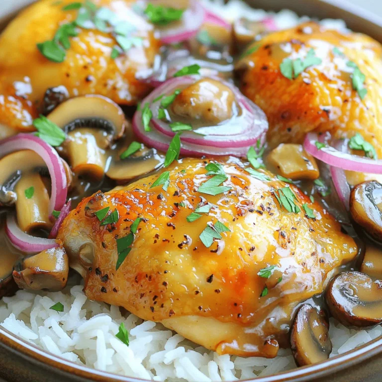 - 4 chicken thighs, skinless and boneless - 2 cups fresh mushrooms, sliced (cremini or button) - 1 medium onion, chopped - 3 garlic cloves, minced - 1 cup low-sodium chicken broth - 2 tablespoons soy sauce - 1 teaspoon dried thyme - 1 teaspoon paprika - Salt and pepper, to taste - 1 tablespoon olive oil The main ingredients in this dish create a rich and warm flavor. Chicken thighs give a juicy base. Fresh mushrooms add an earthy taste. Onion and garlic bring depth to the dish. Broth and seasoning tie everything together for a savory blend. - 2 tablespoons cornstarch (optional, for thickening) - Fresh parsley, chopped (for garnish) You can use cornstarch if you want a thicker sauce. Just mix it with water to make a slurry. Pour this into the slow cooker at the end of cooking. Garnish with fresh parsley to brighten the plate. It adds color and a nice touch of flavor. - Searing the chicken thighs Start by heating a large skillet over medium heat. Add the olive oil and let it warm. Season your chicken thighs with salt, pepper, and paprika. Sear the chicken thighs for about 4-5 minutes on each side. You want them golden brown. This step adds a nice flavor. If you are in a hurry, you can skip this step. - Layering ingredients in the slow cooker In the slow cooker, add the chopped onion and minced garlic first. Place the seared chicken thighs on top of the onion and garlic. Then, layer the sliced mushrooms over the chicken. These layers build a great flavor base for your dish. - Cooking time on low or high Cover the slow cooker with its lid. Cook on low for 6-7 hours or on high for 3-4 hours. The chicken should be tender and fully cooked when done. - Thicker sauce technique If you like a thicker sauce, mix cornstarch with a little water to create a slurry. Stir this into the slow cooker during the last 30 minutes of cooking. This will help thicken the sauce nicely. - Best sides to pair with the dish Serve the mushroom chicken thighs over a bed of rice or creamy mashed potatoes. The sauce pairs well with both. You can also serve it with steamed vegetables for a fresh touch. - Presentation tips Once the chicken is done, carefully place the thighs on a serving plate. Mix the mushroom sauce well and adjust the seasoning if needed. Drizzle the sauce over the chicken. Garnish with chopped fresh parsley for a nice color contrast. This makes the dish look inviting and delicious! To boost the taste of chicken thighs, marinating is key. Try mixing olive oil, soy sauce, and garlic for a simple marinade. Let the chicken soak for at least 30 minutes. It makes a big difference. For herbs, I love using thyme and paprika. They add depth and warmth. One big mistake is overcooking the chicken. Overcooked chicken becomes dry and tough. Remember, slow cooking makes it tender, so don't rush. Another mistake is skipping the searing step. Searing adds a rich flavor and color. Always sear the chicken thighs if you can. For the best results, use a slow cooker with adjustable settings. A model with a timer is perfect for busy cooks. Essential utensils include a large skillet for searing and a sturdy spatula for flipping the chicken. These tools make the process easy and fun. {{image_2}} You can switch the mushrooms for different types. Try shiitake or portobello. Each type adds its own flavor. For chicken, use chicken breast if you prefer. Just remember, breast cooks faster than thighs. If you need gluten-free options, use gluten-free soy sauce. This keeps the flavor while meeting your needs. For a low-sodium alternative, choose a low-sodium broth. You can also skip the soy sauce altogether. You can use an Instant Pot to cook this dish faster. Just set it to high pressure for about 15 minutes. For an oven-baked version, place everything in a baking dish. Cover it and bake at 350°F for about 45 minutes. Both methods keep the chicken juicy and flavorful. To keep your Slow Cooker Mushroom Chicken Thighs fresh, follow these tips: - Refrigeration: Place leftovers in an airtight container. This helps keep the chicken moist. Store in the fridge for up to 3 days. - Freezing: If you want to save some for later, freeze the dish. Use a freezer-safe container or bag. It can stay good for up to 3 months. Thaw in the fridge before reheating. When it’s time to enjoy your leftovers, here’s how to do it right: - Recommended methods: The best way to reheat is in the microwave. Heat in short bursts, stirring in between. You can also use the stove on low heat. This keeps the chicken juicy. - Best containers for storage: Use glass containers or BPA-free plastic for storing. They are safe and easy to use when reheating. Cooking chicken thighs in a slow cooker takes about 6-7 hours on low or 3-4 hours on high. The time depends on the heat setting you choose. Chicken is done when it reaches 165°F (75°C). The slow cooker makes it tender and juicy, perfect for enjoying. Yes, you can add vegetables to the slow cooker! Feel free to include carrots, bell peppers, or green beans. These veggies add flavor and nutrition. Just chop them up and place them in the pot with the chicken and mushrooms. They will cook down nicely during the slow cooking process. Absolutely! This recipe is great for meal prepping. You can cook a batch and store it for later. Just let the chicken cool before placing it in airtight containers. It will keep in the fridge for up to four days. You can easily reheat it for a quick meal. Mushroom chicken thighs pair well with many sides. You can serve them over rice or mashed potatoes. They also go nicely with crusty bread to soak up the sauce. For a fresh touch, add a side salad or steamed veggies. Garnish with chopped parsley for added color. This blog post covers a delicious slow cooker chicken thigh recipe. You learned about key ingredients like chicken, mushrooms, and broth. I shared step-by-step instructions for preparation and cooking. I also included tips to enhance flavor, common mistakes to avoid, and variations to suit different diets. In conclusion, cooking can be simple and fun. With the right ingredients and techniques, you can create a tasty meal. Enjoy the process and share it with others.