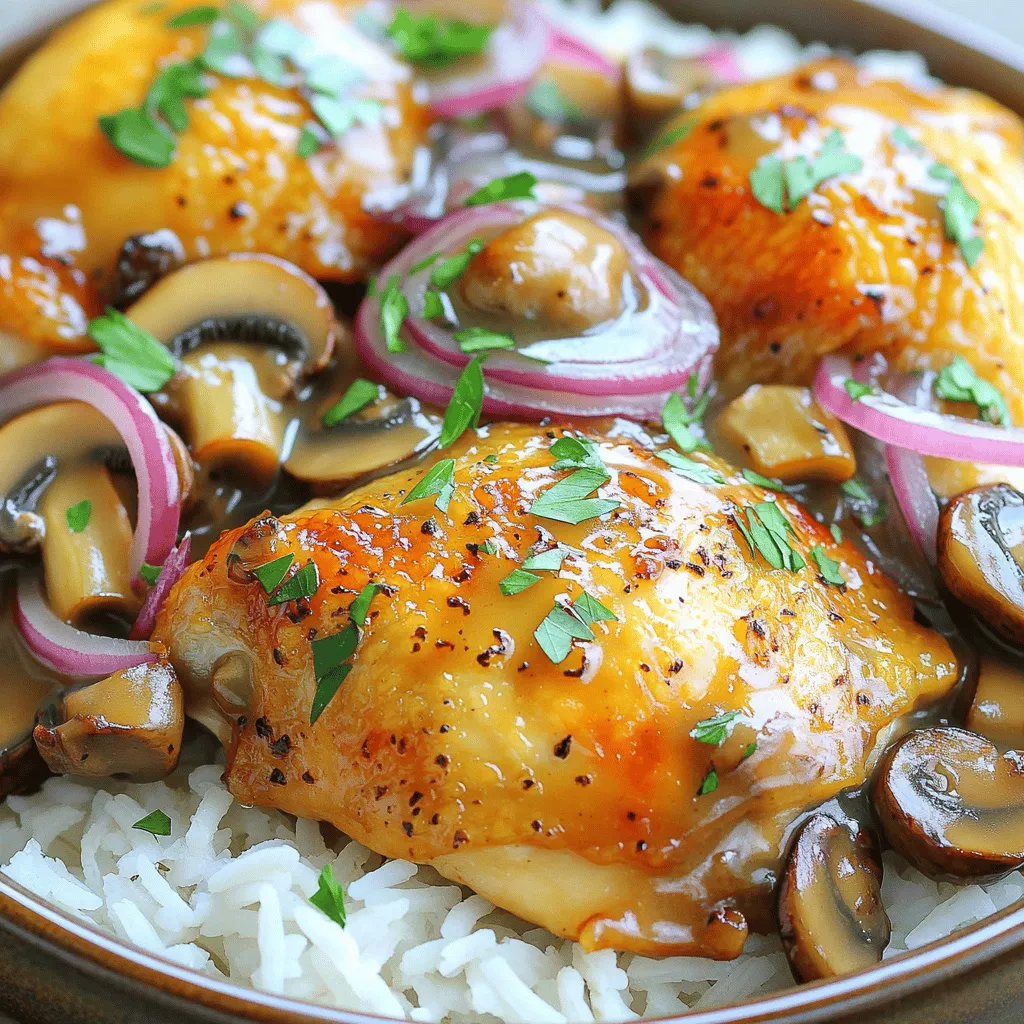 - 4 chicken thighs, skinless and boneless - 2 cups fresh mushrooms, sliced (cremini or button) - 1 medium onion, chopped - 3 garlic cloves, minced - 1 cup low-sodium chicken broth - 2 tablespoons soy sauce - 1 teaspoon dried thyme - 1 teaspoon paprika - Salt and pepper, to taste - 1 tablespoon olive oil The main ingredients in this dish create a rich and warm flavor. Chicken thighs give a juicy base. Fresh mushrooms add an earthy taste. Onion and garlic bring depth to the dish. Broth and seasoning tie everything together for a savory blend. - 2 tablespoons cornstarch (optional, for thickening) - Fresh parsley, chopped (for garnish) You can use cornstarch if you want a thicker sauce. Just mix it with water to make a slurry. Pour this into the slow cooker at the end of cooking. Garnish with fresh parsley to brighten the plate. It adds color and a nice touch of flavor. - Searing the chicken thighs Start by heating a large skillet over medium heat. Add the olive oil and let it warm. Season your chicken thighs with salt, pepper, and paprika. Sear the chicken thighs for about 4-5 minutes on each side. You want them golden brown. This step adds a nice flavor. If you are in a hurry, you can skip this step. - Layering ingredients in the slow cooker In the slow cooker, add the chopped onion and minced garlic first. Place the seared chicken thighs on top of the onion and garlic. Then, layer the sliced mushrooms over the chicken. These layers build a great flavor base for your dish. - Cooking time on low or high Cover the slow cooker with its lid. Cook on low for 6-7 hours or on high for 3-4 hours. The chicken should be tender and fully cooked when done. - Thicker sauce technique If you like a thicker sauce, mix cornstarch with a little water to create a slurry. Stir this into the slow cooker during the last 30 minutes of cooking. This will help thicken the sauce nicely. - Best sides to pair with the dish Serve the mushroom chicken thighs over a bed of rice or creamy mashed potatoes. The sauce pairs well with both. You can also serve it with steamed vegetables for a fresh touch. - Presentation tips Once the chicken is done, carefully place the thighs on a serving plate. Mix the mushroom sauce well and adjust the seasoning if needed. Drizzle the sauce over the chicken. Garnish with chopped fresh parsley for a nice color contrast. This makes the dish look inviting and delicious! To boost the taste of chicken thighs, marinating is key. Try mixing olive oil, soy sauce, and garlic for a simple marinade. Let the chicken soak for at least 30 minutes. It makes a big difference. For herbs, I love using thyme and paprika. They add depth and warmth. One big mistake is overcooking the chicken. Overcooked chicken becomes dry and tough. Remember, slow cooking makes it tender, so don't rush. Another mistake is skipping the searing step. Searing adds a rich flavor and color. Always sear the chicken thighs if you can. For the best results, use a slow cooker with adjustable settings. A model with a timer is perfect for busy cooks. Essential utensils include a large skillet for searing and a sturdy spatula for flipping the chicken. These tools make the process easy and fun. {{image_2}} You can switch the mushrooms for different types. Try shiitake or portobello. Each type adds its own flavor. For chicken, use chicken breast if you prefer. Just remember, breast cooks faster than thighs. If you need gluten-free options, use gluten-free soy sauce. This keeps the flavor while meeting your needs. For a low-sodium alternative, choose a low-sodium broth. You can also skip the soy sauce altogether. You can use an Instant Pot to cook this dish faster. Just set it to high pressure for about 15 minutes. For an oven-baked version, place everything in a baking dish. Cover it and bake at 350°F for about 45 minutes. Both methods keep the chicken juicy and flavorful. To keep your Slow Cooker Mushroom Chicken Thighs fresh, follow these tips: - Refrigeration: Place leftovers in an airtight container. This helps keep the chicken moist. Store in the fridge for up to 3 days. - Freezing: If you want to save some for later, freeze the dish. Use a freezer-safe container or bag. It can stay good for up to 3 months. Thaw in the fridge before reheating. When it’s time to enjoy your leftovers, here’s how to do it right: - Recommended methods: The best way to reheat is in the microwave. Heat in short bursts, stirring in between. You can also use the stove on low heat. This keeps the chicken juicy. - Best containers for storage: Use glass containers or BPA-free plastic for storing. They are safe and easy to use when reheating. Cooking chicken thighs in a slow cooker takes about 6-7 hours on low or 3-4 hours on high. The time depends on the heat setting you choose. Chicken is done when it reaches 165°F (75°C). The slow cooker makes it tender and juicy, perfect for enjoying. Yes, you can add vegetables to the slow cooker! Feel free to include carrots, bell peppers, or green beans. These veggies add flavor and nutrition. Just chop them up and place them in the pot with the chicken and mushrooms. They will cook down nicely during the slow cooking process. Absolutely! This recipe is great for meal prepping. You can cook a batch and store it for later. Just let the chicken cool before placing it in airtight containers. It will keep in the fridge for up to four days. You can easily reheat it for a quick meal. Mushroom chicken thighs pair well with many sides. You can serve them over rice or mashed potatoes. They also go nicely with crusty bread to soak up the sauce. For a fresh touch, add a side salad or steamed veggies. Garnish with chopped parsley for added color. This blog post covers a delicious slow cooker chicken thigh recipe. You learned about key ingredients like chicken, mushrooms, and broth. I shared step-by-step instructions for preparation and cooking. I also included tips to enhance flavor, common mistakes to avoid, and variations to suit different diets. In conclusion, cooking can be simple and fun. With the right ingredients and techniques, you can create a tasty meal. Enjoy the process and share it with others.