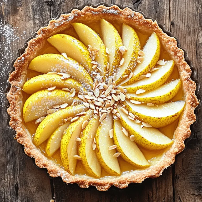 - 1 ½ cups all-purpose flour - ½ cup powdered sugar - ½ teaspoon salt - ½ cup unsalted butter, chilled and cubed - 1 large egg yolk - 2 tablespoons ice water - 3 ripe pears, peeled, cored, and sliced - ½ cup almond meal (or ground almonds) - ½ cup granulated sugar - 1 teaspoon vanilla extract - 1 teaspoon almond extract - 2 large eggs - ½ cup heavy cream - ¼ teaspoon ground cinnamon - Slivered almonds for topping - Powdered sugar for dusting Using high-quality butter makes a difference in the crust's taste. If you want a dairy-free option, coconut oil works well. For almond meal, you can use ground almonds or even finely chopped nuts. If you dislike almond flavor, replace almond extract with more vanilla. Try using mixed nuts for crunch instead of slivered almonds. Quality ingredients lead to better flavor and texture. Fresh pears provide sweetness and moisture. Good flour gives the crust its structure. Fresh eggs help the filling set perfectly. Always choose the best you can find, as they elevate your tart from good to great. The right ingredients matter, so don’t skip on them! Start by mixing the flour, powdered sugar, and salt in a large bowl. Use your fingertips to combine the cubed butter until it looks like coarse crumbs. This gives the crust a nice texture. Next, add the egg yolk and ice water. Mix until a dough forms. Shape the dough into a disc and wrap it in plastic wrap. Chill it in the fridge for at least 30 minutes. This step keeps your crust flaky. In a separate bowl, whisk together the almond meal, granulated sugar, vanilla extract, almond extract, eggs, heavy cream, and ground cinnamon. Mix until it is smooth. This filling is rich and tasty, adding depth to the tart. It pairs perfectly with the pears. After preheating your oven to 375°F (190°C), roll out the chilled dough on a lightly floured surface. Fit it into a 9-inch tart pan. Trim any excess dough. Pre-bake the crust for 15 minutes with parchment paper and pie weights. Remove the weights and bake for another 10 minutes until it is golden. Let it cool. Now, arrange the pear slices evenly over the baked crust. Pour the smooth almond filling over the pears, making sure it seeps between the slices. Sprinkle slivered almonds on top for added crunch. Bake the tart for 30-35 minutes until the filling is set and golden brown. Let it cool for 10 minutes before serving. Dust with powdered sugar for a sweet finish. Enjoy your delicious pear almond tart! To make a great tart crust, start with cold butter. This helps it stay flaky. Use your fingers to mix the butter with the flour. Stop when you see coarse crumbs. This means you are on the right track. After mixing, wrap the dough and chill it. Chilling helps the dough hold its shape. - Use a light touch when rolling out the dough. - Roll from the center outward for even thickness. - Trim the edges with a sharp knife for clean lines. When slicing pears, aim for even pieces. This helps them cook uniformly. Use a sharp knife to make clean cuts. If you have a mandoline, use it for thin, even slices. - Arrange the pear slices in a circular pattern. - Overlap the slices slightly for a beautiful look. - Add a sprinkle of lemon juice to keep them fresh. For that bakery-style finish, keep an eye on your tart while it bakes. Look for a golden top and a set filling. If the edges darken too fast, cover them with foil. This prevents burning. - Let the tart cool in the pan for ten minutes. - Dust with powdered sugar for a lovely touch. - Serve with mint leaves or whipped cream for flair. {{image_2}} You can swap pears for other fruits. Apples work great in this tart. Their crisp texture adds a lovely bite. You can also try peaches for a juicy twist. If you want a berry flavor, use fresh blueberries or raspberries. Each fruit gives a new taste. Just keep the filling recipe the same. If you need a nut-free option, replace the almond meal with sunflower seed flour. It provides a similar texture and flavor. For a gluten-free tart, use a gluten-free flour blend. This blend works well in the crust. Make sure to check labels for safe ingredients. You can boost the flavor with spices and extracts. Adding a pinch of nutmeg brings warmth to the tart. Try a dash of cardamom for a floral note. You can also mix in orange zest for a fresh, bright flavor. These small changes will make your tart unique and exciting. To keep your pear almond tart fresh, store it in the fridge. Use an airtight container. The tart will stay good for up to three days. If you want to keep it longer, freezing is a great option. When you want to enjoy the tart again, preheat your oven to 350°F (175°C). Place the tart on a baking sheet. Heat it for about 10 to 15 minutes until warm. This helps keep the crust crisp and the filling creamy. You can freeze the tart for up to two months. First, let it cool completely. Then, wrap it tightly in plastic wrap and aluminum foil. When you’re ready to eat it, thaw it in the fridge overnight. Reheat as mentioned above to restore its bakery-fresh taste. Yes, you can make the tart ahead of time. It is best to bake the crust and prepare the filling. Store the baked crust in the fridge for up to two days. You can also prepare the filling a day before and keep it in the fridge. Assemble the tart the day you plan to serve it for the best taste and texture. The tart crust may shrink due to overworking the dough or not chilling it enough. When you mix the dough, do it gently. After mixing, wrap the dough and chill it well. This helps the butter firm up and prevents shrinkage during baking. Use pie weights while pre-baking to keep the crust in place. You can serve the pear almond tart with whipped cream or vanilla ice cream. Fresh mint leaves add a nice touch too. If you want something extra, drizzle some caramel sauce over the tart. This sweet addition pairs well with the tart flavor of the pears. In this article, we explored the key ingredients for a perfect pear almond tart. We discussed how to make the crust, prepare the filling, and assemble it all together. I shared tips for achieving the best flavor and texture. You learned about variations and how to store leftovers properly. Remember, using quality ingredients makes a big difference. Try different fruits and flavors to make your tart unique. Enjoy the process, and happy baking!