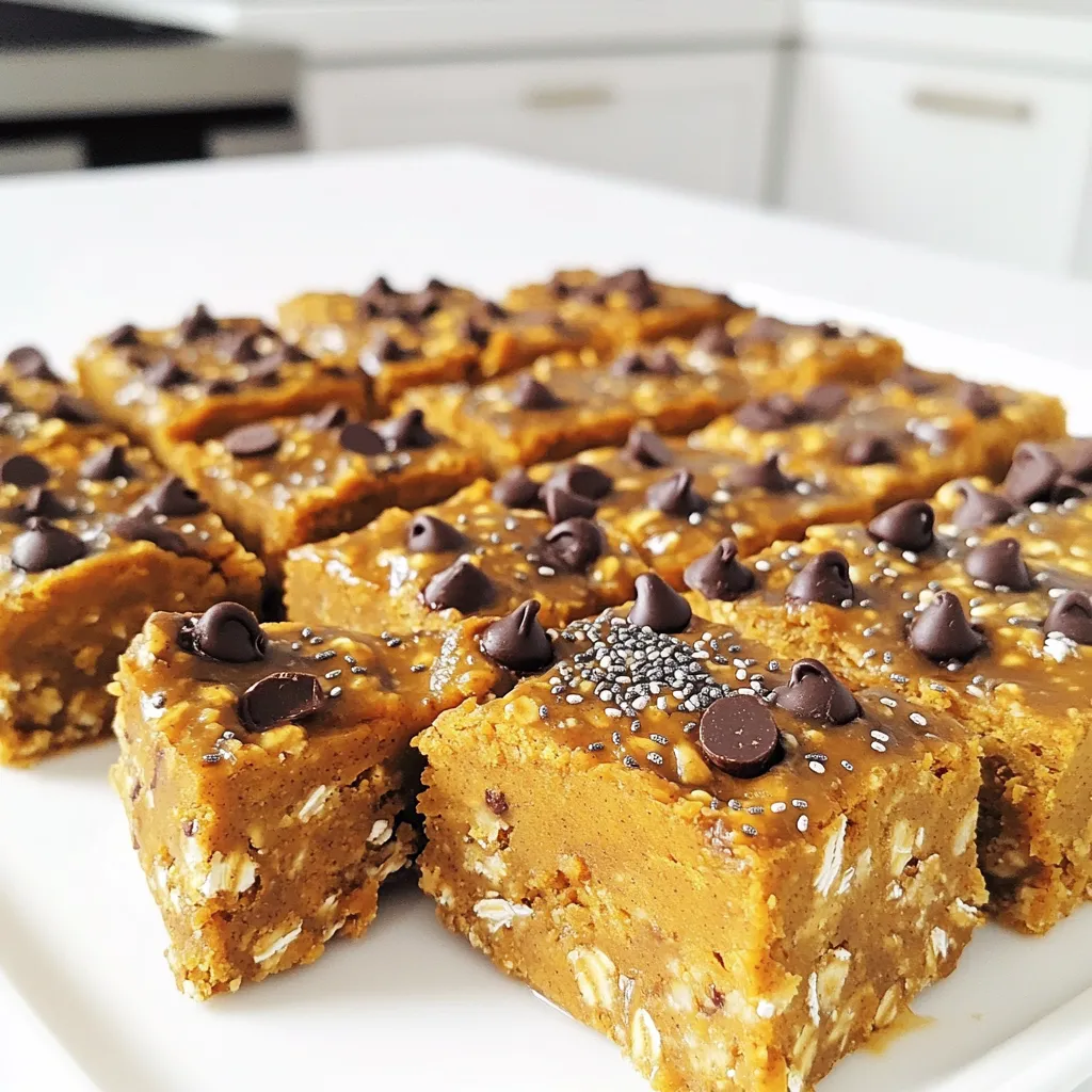To make these tasty pumpkin oatmeal chocolate bars, you'll need: - 1 cup rolled oats - 1/2 cup pumpkin puree - 1/4 cup almond butter (or nut butter of choice) - 1/4 cup pure maple syrup - 1 teaspoon vanilla extract - 1/2 teaspoon ground cinnamon - 1/4 teaspoon nutmeg - 1/4 teaspoon salt - 1/2 cup dark chocolate chips These ingredients create a delicious base. The rolled oats give the bars a hearty texture, while pumpkin adds moisture and flavor. Almond butter binds everything together and adds creaminess. For extra taste and nutrients, consider adding: - 1/4 cup chopped walnuts - 2 tablespoons chia seeds Chopped walnuts add a nice crunch. Chia seeds boost the bars with fiber and omega-3s. Both options enhance the overall flavor and nutrition profile. If you have allergies, here are some easy swaps: - Use sunflower seed butter instead of almond butter for a nut-free option. - Replace maple syrup with agave syrup for a vegan alternative. - Choose gluten-free oats to make this recipe safe for gluten-sensitive eaters. These substitutions ensure you can enjoy the bars no matter your dietary needs. Always check labels to avoid hidden allergens. Start by gathering your ingredients. You need rolled oats, pumpkin puree, almond butter, and maple syrup. In a medium bowl, mix the rolled oats, pumpkin puree, almond butter, and maple syrup. Stir until everything blends well. Next, add the vanilla extract, ground cinnamon, nutmeg, and salt. Keep mixing until the spices are even. Now fold in the dark chocolate chips and walnuts if you want. This adds great flavor and texture. Take an 8x8-inch baking dish and line it with parchment paper. Make sure you leave some paper hanging over the edges. This helps you lift the bars out later. Next, transfer your mixture into the dish. Press it down firmly to fill the corners. Use the back of a spatula or your hands for this. If you like, sprinkle chia seeds on top and press them lightly into the mix. Now, place your baking dish in the refrigerator. Let it chill for at least 2 hours. This helps the bars set and become firm. After the time is up, take out the dish. Use the parchment paper to lift the bars out. Cut them into squares or bars as you like. Enjoy your delicious pumpkin oatmeal chocolate bars! To get the best texture in your bars, use rolled oats. They add chewiness. Make sure you mix well. This helps the oats absorb moisture. Press the mixture firmly into the baking dish. A tight pack keeps the bars from falling apart. After chilling, cut them into uniform squares. This makes them easier to grab and eat. If you want a softer bar, add a bit more pumpkin puree. For crunch, add more nuts. These bars shine when served on a wooden platter. Garnish with a sprinkle of cinnamon. This gives a warm touch. You can also add extra chocolate chips on top. They look great and taste even better. For a fun twist, pair them with yogurt. You can use vanilla or Greek yogurt for a creamy side. These bars also work well as a lunchbox treat. Kids love them, and they are healthy too. Store the bars in an airtight container. This keeps them fresh for longer. You can keep them in the fridge for up to a week. If you want to save them longer, freeze them. Wrap each bar in plastic wrap before freezing. This makes it easy to grab one later. Just thaw in the fridge overnight when you want to eat one. You can also crumble a bar over oatmeal for a tasty breakfast. {{image_2}} You can easily change the taste of your pumpkin oatmeal chocolate bars. Adding spices can make a big difference. Try adding a pinch of ginger for warmth. You can also use allspice or cardamom for a unique twist. If you want a sweeter taste, add a splash of almond extract. Each spice or extract brings its own fun flavor. Experiment to find your favorite mix! Mix-ins can add crunch and extra flavor. Chopped nuts like pecans or almonds work well. If you prefer seeds, try pumpkin or sunflower seeds. Both add a nice texture. Dried fruits like cranberries or raisins also fit perfectly. Just remember to chop them small so they mix in easily. This way, every bite has a little surprise! You can make these bars fit many diets. To keep it vegan, ensure your chocolate chips are dairy-free. You can also replace almond butter with sunflower seed butter for nut-free bars. For a gluten-free option, choose certified gluten-free oats. This way, everyone can enjoy these tasty treats. With a few simple swaps, you can cater to many diets! To keep your pumpkin oatmeal chocolate bars fresh, store them in an airtight container. Line the container with parchment paper to prevent sticking. You can place a layer of parchment between the bars, too. This simple step helps maintain their shape and taste. Keep them in the fridge for the best results. The cool air helps the bars stay firm and tasty. When stored properly, these bars last about one week in the fridge. If you notice a change in smell or texture, it's best to toss them. Always check for any signs of spoilage before enjoying a bar. These bars are perfect for quick snacks or healthy desserts throughout the week. If you want to save some bars for later, freezing is a great option. Wrap each bar in plastic wrap or parchment paper. Then, place the wrapped bars in a freezer-safe bag. This way, they won't get freezer burn. You can freeze them for up to three months. When you’re ready to eat, just take a bar out and let it thaw in the fridge. Enjoy your tasty treat anytime! Yes, you can use quick oats. They absorb liquid faster. This change may make the bars softer. Rolled oats give a chewier texture, which many people prefer. If you use quick oats, keep an eye on the mixture. It might need less time in the fridge. You can swap almond butter for any nut or seed butter. Peanut butter works well and adds a nice flavor. Sunflower seed butter is also a great choice for a nut-free option. Just make sure the texture stays thick enough to hold the bars together. To make these bars nut-free, use sunflower seed butter instead of almond butter. This keeps the same creamy texture without nuts. Always check for nut-free chocolate chips, too. Enjoying these bars without nuts is easy and still delicious! Absolutely! These bars are great for meal prep. You can make a batch and store them for snacks. They last well in the fridge for about a week. Just cut them into squares and keep them in an airtight container. This makes it easy to grab one on the go! In this article, we explored how to make delicious pumpkin oatmeal chocolate bars. We discussed key ingredients, easy steps, and tips for perfect texture. I shared fun ways to serve them and how to store leftovers. You can also try different flavors and make dietary adjustments. These bars are tasty and can fit many diets. Now, you have the tools to create your own tasty treat. Let your creativity shine as you experiment with this recipe!