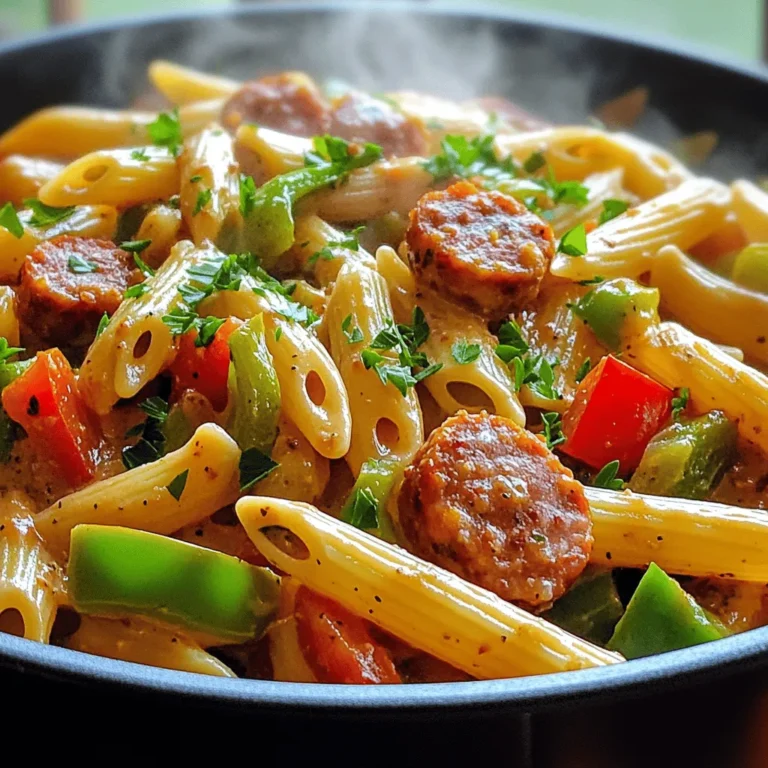 This dish is full of flavor and easy to make. Here are the key items you need: - 12 oz penne pasta - 1 lb smoked sausage, sliced - 1 tablespoon olive oil - 1 medium onion, diced - 3 cloves garlic, minced - 1 bell pepper (red or green), diced - 1 can (14 oz) diced tomatoes (with juice) - 4 cups chicken broth - 2 tablespoons Cajun seasoning - 1 teaspoon smoked paprika - Salt and pepper to taste - 1 cup heavy cream - 1 cup shredded cheese (cheddar or Monterey Jack) - Fresh parsley, chopped (for garnish) You can make this dish your own by adding some options: - Spinach or kale for extra greens - Different types of sausage for varied flavors - Red pepper flakes for added heat - Corn for a sweet crunch - Green onions for a fresh touch Choosing the right ingredients makes a big difference. Here are some tips: - Look for fresh pasta; it cooks faster and tastes better. - Choose high-quality smoked sausage for deeper flavor. - Use low-sodium chicken broth to control salt levels. - Select ripe tomatoes for a richer sauce. - Fresh herbs add brightness; always pick the freshest ones. Making smart choices in your ingredients helps bring out the best in your One-Pot Cajun Sausage Pasta! First, gather your ingredients. You need: - 12 oz penne pasta - 1 lb smoked sausage, sliced - 1 tablespoon olive oil - 1 medium onion, diced - 3 cloves garlic, minced - 1 bell pepper, diced - 1 can (14 oz) diced tomatoes - 4 cups chicken broth - 2 tablespoons Cajun seasoning - 1 teaspoon smoked paprika - Salt and pepper to taste - 1 cup heavy cream - 1 cup shredded cheese - Fresh parsley, chopped Make sure everything is ready before you start cooking. Chop the onion, garlic, and bell pepper. Slice the sausage. This prep helps the dish cook faster. In a large pot, heat the olive oil over medium heat. Add the sliced sausage. Sauté it for about 5-6 minutes until it is browned. This step adds flavor to the dish. Next, stir in the diced onion, bell pepper, and garlic. Cook until the veggies are soft, around 3-4 minutes. Then, add the Cajun seasoning and smoked paprika. Stir well to mix the spices with the sausage and veggies. Now, pour in the diced tomatoes with juice, chicken broth, and penne pasta. Stir everything together. Bring the mix to a boil. Once it boils, reduce the heat to low. Cover the pot and let it simmer for about 12-15 minutes. Stir occasionally until the pasta is cooked al dente. Once the pasta is cooked, remove the pot from the heat. Stir in the heavy cream and shredded cheese. Mix until everything is melted and creamy. Taste and adjust the salt and pepper as needed. To serve, garnish with fresh chopped parsley. This adds a nice touch of color and flavor. Your One-Pot Cajun Sausage Pasta is ready to enjoy! To make the best one-pot Cajun sausage pasta, use high-quality smoked sausage. It adds a rich flavor. Sauté the sausage until it gets a nice brown color. This step brings out more taste. Don't rush the cooking of the onions and peppers; they should be soft. Mix the Cajun seasoning well with the veggies. It ensures every bite is packed with flavor. Use heavy cream at room temperature; it blends better. Finally, remember to taste and adjust the seasoning before serving. A few mistakes can ruin your dish. First, don’t skip the browning step for sausage. It adds depth. Second, watch the cooking time on the pasta. Overcooked pasta turns mushy. Stir the pot occasionally as it simmers. This helps the pasta cook evenly. Don’t forget to season the cream and cheese mixture. It needs salt and pepper too. Lastly, avoid adding too much liquid. The pasta will soak up the broth, so start with the right amount. Pair this dish with a simple green salad for a fresh crunch. A side of garlic bread works well to soak up the sauce. You can also serve it with roasted vegetables for added nutrition. For drinks, a light white wine complements the spices nicely. If you want something non-alcoholic, try iced tea with lemon. These pairings elevate the meal and balance the rich flavors of the pasta. {{image_2}} You can make this dish vegetarian by swapping the sausage for plant-based protein. Use sliced mushrooms, tempeh, or tofu for a hearty texture. Add chickpeas for protein and fiber. You can also add more veggies like zucchini or spinach to boost flavors. Just sauté them with the onions and peppers for a tasty twist. If you love spice, try adding diced jalapeños or crushed red pepper flakes. You can also use spicy sausage instead of smoked sausage for more kick. For a smoky flavor, add a dash of hot sauce during cooking. Always taste and adjust the heat to your liking. For cheese lovers, consider using pepper jack for a spicy twist. If you want a lighter option, go for low-fat cheese. For a vegan choice, plant-based cheese melts work well. Nutritional yeast can add a cheesy flavor without dairy. Just sprinkle it on top before serving for extra flavor. To keep your One-Pot Cajun Sausage Pasta fresh, let it cool first. Then, place it in an airtight container. This method helps lock in flavors and keeps your pasta safe. Store it in the fridge for up to three days. Remember to label your container with the date, so you know when it was made. When you are ready to enjoy your leftovers, use a saucepan. Add a splash of chicken broth or water to keep it moist. Heat over medium heat, stirring often. This method helps your pasta heat evenly. You can also use a microwave. Place your pasta in a microwave-safe bowl, cover it, and heat in short bursts. Stir in between to avoid hot spots. You can freeze One-Pot Cajun Sausage Pasta for up to three months. Portion it into freezer-safe containers. Leave some space at the top, as food expands when frozen. To thaw, move it to the fridge overnight. Reheat it following the steps above. This way, you will still enjoy a tasty meal later! Yes, you can use other types of pasta. Bowtie, fusilli, or spaghetti work well. Just make sure to adjust the cooking time. Some pasta may need more or less time to cook. Always check the package for the right timing. To make it spicier, add extra Cajun seasoning or a pinch of cayenne pepper. If you want less heat, use less Cajun seasoning. You can also skip the smoked paprika for a milder taste. Taste as you go, and adjust to your liking. You can use half-and-half or whole milk as a lighter option. For a dairy-free choice, try coconut milk or cashew cream. Both will add creaminess without the dairy. Just remember, the flavor may change a bit. Leftovers can stay fresh in the fridge for about three to four days. Store them in an airtight container. When you’re ready to eat, just reheat on the stove or in the microwave. Yes, you can prep this dish ahead of time. Cook the pasta and sausage, then store them separately. When you’re ready to eat, combine everything and heat it up. It saves time and makes for a quick meal later on. This blog covered how to make a tasty one-pot Cajun sausage pasta. We explored the main and optional ingredients, shared tips for choosing quality items, and offered step-by-step cooking instructions. I also shared tricks to perfect your dish, ways to avoid common mistakes, and suggestions for side dishes. Whether you want spicy heat, vegetarian options, or storage tips, there’s something here for everyone. With this knowledge, you can create a flavorful meal quickly and easily. Enjoy your cooking and share it with others!