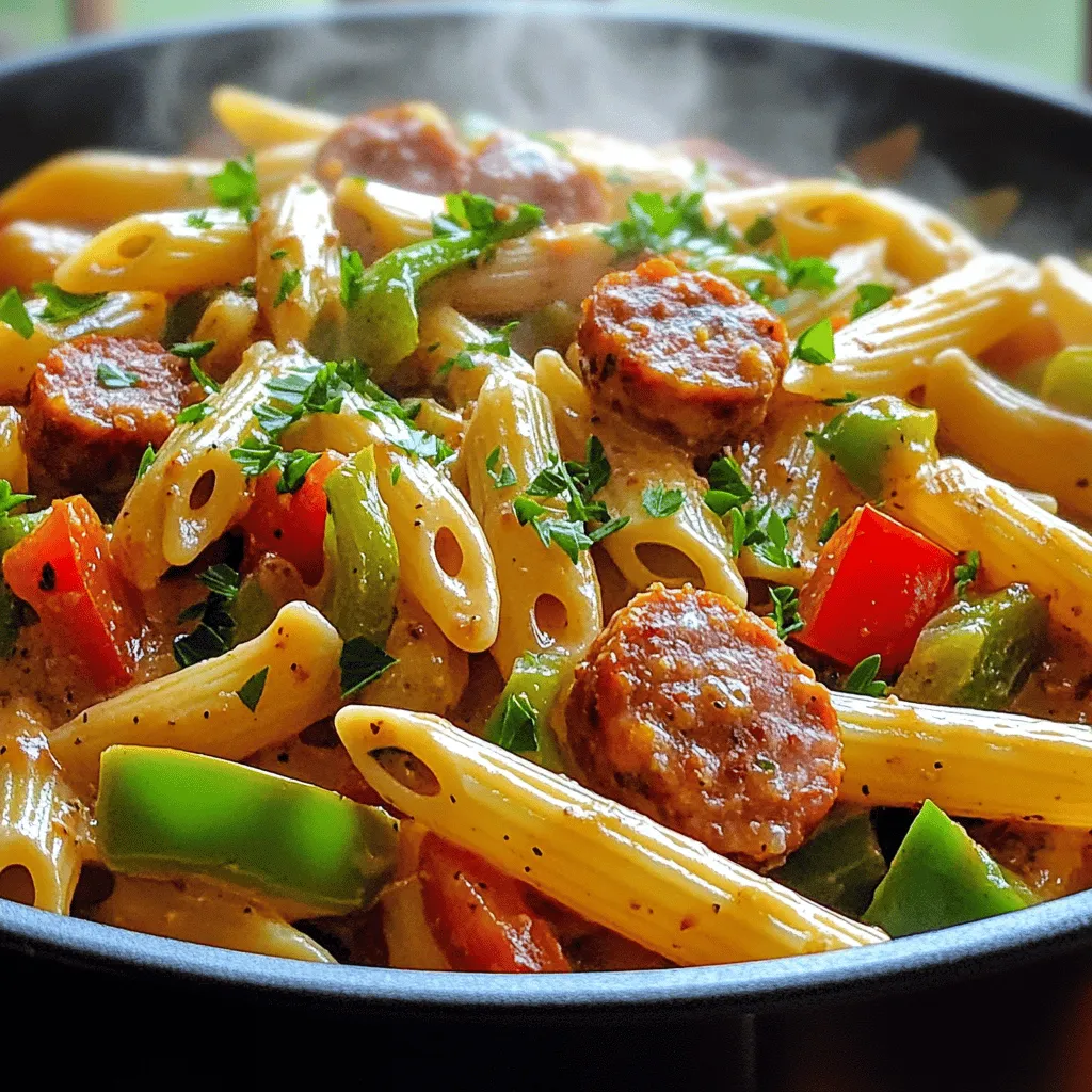 This dish is full of flavor and easy to make. Here are the key items you need: - 12 oz penne pasta - 1 lb smoked sausage, sliced - 1 tablespoon olive oil - 1 medium onion, diced - 3 cloves garlic, minced - 1 bell pepper (red or green), diced - 1 can (14 oz) diced tomatoes (with juice) - 4 cups chicken broth - 2 tablespoons Cajun seasoning - 1 teaspoon smoked paprika - Salt and pepper to taste - 1 cup heavy cream - 1 cup shredded cheese (cheddar or Monterey Jack) - Fresh parsley, chopped (for garnish) You can make this dish your own by adding some options: - Spinach or kale for extra greens - Different types of sausage for varied flavors - Red pepper flakes for added heat - Corn for a sweet crunch - Green onions for a fresh touch Choosing the right ingredients makes a big difference. Here are some tips: - Look for fresh pasta; it cooks faster and tastes better. - Choose high-quality smoked sausage for deeper flavor. - Use low-sodium chicken broth to control salt levels. - Select ripe tomatoes for a richer sauce. - Fresh herbs add brightness; always pick the freshest ones. Making smart choices in your ingredients helps bring out the best in your One-Pot Cajun Sausage Pasta! First, gather your ingredients. You need: - 12 oz penne pasta - 1 lb smoked sausage, sliced - 1 tablespoon olive oil - 1 medium onion, diced - 3 cloves garlic, minced - 1 bell pepper, diced - 1 can (14 oz) diced tomatoes - 4 cups chicken broth - 2 tablespoons Cajun seasoning - 1 teaspoon smoked paprika - Salt and pepper to taste - 1 cup heavy cream - 1 cup shredded cheese - Fresh parsley, chopped Make sure everything is ready before you start cooking. Chop the onion, garlic, and bell pepper. Slice the sausage. This prep helps the dish cook faster. In a large pot, heat the olive oil over medium heat. Add the sliced sausage. Sauté it for about 5-6 minutes until it is browned. This step adds flavor to the dish. Next, stir in the diced onion, bell pepper, and garlic. Cook until the veggies are soft, around 3-4 minutes. Then, add the Cajun seasoning and smoked paprika. Stir well to mix the spices with the sausage and veggies. Now, pour in the diced tomatoes with juice, chicken broth, and penne pasta. Stir everything together. Bring the mix to a boil. Once it boils, reduce the heat to low. Cover the pot and let it simmer for about 12-15 minutes. Stir occasionally until the pasta is cooked al dente. Once the pasta is cooked, remove the pot from the heat. Stir in the heavy cream and shredded cheese. Mix until everything is melted and creamy. Taste and adjust the salt and pepper as needed. To serve, garnish with fresh chopped parsley. This adds a nice touch of color and flavor. Your One-Pot Cajun Sausage Pasta is ready to enjoy! To make the best one-pot Cajun sausage pasta, use high-quality smoked sausage. It adds a rich flavor. Sauté the sausage until it gets a nice brown color. This step brings out more taste. Don't rush the cooking of the onions and peppers; they should be soft. Mix the Cajun seasoning well with the veggies. It ensures every bite is packed with flavor. Use heavy cream at room temperature; it blends better. Finally, remember to taste and adjust the seasoning before serving. A few mistakes can ruin your dish. First, don’t skip the browning step for sausage. It adds depth. Second, watch the cooking time on the pasta. Overcooked pasta turns mushy. Stir the pot occasionally as it simmers. This helps the pasta cook evenly. Don’t forget to season the cream and cheese mixture. It needs salt and pepper too. Lastly, avoid adding too much liquid. The pasta will soak up the broth, so start with the right amount. Pair this dish with a simple green salad for a fresh crunch. A side of garlic bread works well to soak up the sauce. You can also serve it with roasted vegetables for added nutrition. For drinks, a light white wine complements the spices nicely. If you want something non-alcoholic, try iced tea with lemon. These pairings elevate the meal and balance the rich flavors of the pasta. {{image_2}} You can make this dish vegetarian by swapping the sausage for plant-based protein. Use sliced mushrooms, tempeh, or tofu for a hearty texture. Add chickpeas for protein and fiber. You can also add more veggies like zucchini or spinach to boost flavors. Just sauté them with the onions and peppers for a tasty twist. If you love spice, try adding diced jalapeños or crushed red pepper flakes. You can also use spicy sausage instead of smoked sausage for more kick. For a smoky flavor, add a dash of hot sauce during cooking. Always taste and adjust the heat to your liking. For cheese lovers, consider using pepper jack for a spicy twist. If you want a lighter option, go for low-fat cheese. For a vegan choice, plant-based cheese melts work well. Nutritional yeast can add a cheesy flavor without dairy. Just sprinkle it on top before serving for extra flavor. To keep your One-Pot Cajun Sausage Pasta fresh, let it cool first. Then, place it in an airtight container. This method helps lock in flavors and keeps your pasta safe. Store it in the fridge for up to three days. Remember to label your container with the date, so you know when it was made. When you are ready to enjoy your leftovers, use a saucepan. Add a splash of chicken broth or water to keep it moist. Heat over medium heat, stirring often. This method helps your pasta heat evenly. You can also use a microwave. Place your pasta in a microwave-safe bowl, cover it, and heat in short bursts. Stir in between to avoid hot spots. You can freeze One-Pot Cajun Sausage Pasta for up to three months. Portion it into freezer-safe containers. Leave some space at the top, as food expands when frozen. To thaw, move it to the fridge overnight. Reheat it following the steps above. This way, you will still enjoy a tasty meal later! Yes, you can use other types of pasta. Bowtie, fusilli, or spaghetti work well. Just make sure to adjust the cooking time. Some pasta may need more or less time to cook. Always check the package for the right timing. To make it spicier, add extra Cajun seasoning or a pinch of cayenne pepper. If you want less heat, use less Cajun seasoning. You can also skip the smoked paprika for a milder taste. Taste as you go, and adjust to your liking. You can use half-and-half or whole milk as a lighter option. For a dairy-free choice, try coconut milk or cashew cream. Both will add creaminess without the dairy. Just remember, the flavor may change a bit. Leftovers can stay fresh in the fridge for about three to four days. Store them in an airtight container. When you’re ready to eat, just reheat on the stove or in the microwave. Yes, you can prep this dish ahead of time. Cook the pasta and sausage, then store them separately. When you’re ready to eat, combine everything and heat it up. It saves time and makes for a quick meal later on. This blog covered how to make a tasty one-pot Cajun sausage pasta. We explored the main and optional ingredients, shared tips for choosing quality items, and offered step-by-step cooking instructions. I also shared tricks to perfect your dish, ways to avoid common mistakes, and suggestions for side dishes. Whether you want spicy heat, vegetarian options, or storage tips, there’s something here for everyone. With this knowledge, you can create a flavorful meal quickly and easily. Enjoy your cooking and share it with others!