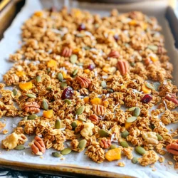 This granola needs simple, tasty ingredients. Here’s what you will use: - 2 cups rolled oats - 1 cup nuts (walnuts, pecans, or almonds), roughly chopped - 1/2 cup pumpkin seeds - 1/2 cup unsweetened shredded coconut - 1/2 cup maple syrup - 1/4 cup coconut oil, melted - 1 teaspoon vanilla extract - 1 tablespoon pumpkin pie spice - 1/2 teaspoon salt Each ingredient adds its own magic. The oats provide a hearty base. The nuts give crunch and protein. Pumpkin seeds add a lovely nutty flavor. Coconut brings sweetness and chew. Maple syrup and coconut oil bind it all together. Vanilla extract adds a warm note. Pumpkin pie spice gives the granola its fall vibe. A pinch of salt balances the sweetness. You can add extra fun with these optional ingredients: - 1/2 cup dried cranberries or raisins These add a burst of sweetness and chewiness. You can mix and match other dried fruits, too. Try adding chopped dates or apricots for variety. This gives you a chance to make the granola your own. Each serving of this granola is packed with goodness. Here’s what you get: - Calories: About 220 - Protein: 5 grams - Fat: 10 grams - Carbohydrates: 30 grams - Fiber: 4 grams - Sugar: 7 grams This granola is a great source of energy. It’s perfect for breakfast or a snack. You’ll feel full and satisfied. With the right mix of flavors and nutrients, it’s a treat you can enjoy without guilt. First, set your oven to 325°F (165°C). This is the perfect temperature for baking granola. Next, line a large baking sheet with parchment paper. This step helps with easy cleanup and keeps the granola from sticking. In a large bowl, add 2 cups of rolled oats. Then, include 1 cup of chopped nuts. You can choose walnuts, pecans, or almonds—whatever you like best. Next, throw in 1/2 cup of pumpkin seeds and 1/2 cup of shredded coconut. Finally, sprinkle in 1/2 teaspoon of salt. Mix everything well until it’s all combined. Grab another bowl and measure out 1/2 cup of maple syrup. Add 1/4 cup of melted coconut oil to this bowl. Then, pour in 1 teaspoon of vanilla extract and 1 tablespoon of pumpkin pie spice. Whisk these ingredients together until they blend smoothly. Now, pour the wet mixture over the dry ingredients. Stir well to coat everything evenly. After that, spread the granola mixture onto the lined baking sheet. Bake it in your preheated oven for 25-30 minutes. Stir the granola halfway through. This helps it bake evenly. You will know it’s ready when it turns golden brown and smells great. Once baked, take the granola out of the oven. Let it cool completely on the baking sheet. If you want, add 1/2 cup of dried cranberries or raisins at this point. After it cools, break the granola into clusters. Store it in an airtight container. It will stay fresh for up to two weeks. To get the best crunch, use rolled oats. They toast evenly and stay crisp. Mix nuts, seeds, and coconut well with the oats. This helps blend flavors. Stir the granola halfway through baking. This step keeps it from burning and helps it bake evenly. Let it cool completely before breaking it apart. This helps form those tasty clusters you want. You can swap nuts for seeds if you like. Sunflower seeds work great too. For sweeteners, try honey instead of maple syrup. If you want a coconut-free version, leave out the shredded coconut. You can use olive oil instead of coconut oil if you prefer. These changes keep the recipe flexible for all tastes. For extra flavor, add a pinch of cinnamon or nutmeg. You can also mix in some cocoa powder for a chocolate twist. Dried fruit, like cranberries or raisins, add sweetness. If you like spice, try adding a dash of cayenne pepper for warmth. These tweaks let you create a granola that fits your taste perfectly. {{image_2}} You can change the flavors of your pumpkin pie spice granola by using seasonal ingredients. In winter, add chopped dried apples or cranberries for a festive touch. In spring, try mixing in fresh strawberries or blueberries for a burst of color and taste. In summer, include chopped peaches or nectarines to keep it light and fresh. Each season brings new flavors that can make your granola exciting and fun. If you need a nut-free granola, simply skip the nuts. You can use more seeds, like sunflower or flaxseeds, instead. For a gluten-free version, ensure your oats are certified gluten-free. This way, you can enjoy your granola without worry. You can also use gluten-free oats to keep it safe for everyone. Making this granola vegan is easy! Just replace the honey or maple syrup with agave nectar. You can also use plant-based butter instead of coconut oil. This way, everyone can enjoy the tasty flavors of pumpkin pie spice granola. The result will still be delicious and satisfying, perfect for any meal or snack. Store your pumpkin pie spice granola in an airtight container. A glass jar or plastic bin works well. Keep it in a cool, dry place. Avoid areas near heat or sunlight. This helps keep the flavors fresh and tasty. When stored correctly, your granola can last for up to two weeks. If you want it to last longer, consider freezing it. Granola can stay fresh in the freezer for up to three months. Just remember to thaw it in the fridge before eating. Check your granola for any off smells or strange flavors. If it smells stale or tastes odd, it’s time to toss it. Look for any signs of mold or moisture. If you see clumps or wet spots, do not eat it. Fresh granola will smell sweet and spicy. Yes, you can make Pumpkin Pie Spice Granola a few days in advance. It stores well. Just keep it in an airtight container. This granola stays fresh for up to two weeks. I love making a big batch for busy mornings. You can enjoy it right away or save it for later. You can serve Pumpkin Pie Spice Granola in many ways. It's great with yogurt or milk. I like it over fresh fruit for added flavor. You can also sprinkle it on oatmeal or smoothie bowls. For a sweet treat, use it in desserts like parfaits or as a topping for ice cream. To make your granola crispy, spread it evenly on the baking sheet. Stir it halfway through baking to ensure even cooking. Baking at a lower temperature for a longer time can help too. Watch for a golden color; that's when it's just right. Let it cool completely before breaking it into clusters. Absolutely! You can customize Pumpkin Pie Spice Granola to fit your taste. Swap nuts for your favorites or add seeds like sunflower or chia. Dried fruits like apricots or figs can bring new flavors. If you like spice, add a pinch of cinnamon or nutmeg. The choice is yours! This blog post covered all you need to know about making Pumpkin Pie Spice Granola. We explored key ingredients, step-by-step instructions, and helpful tips. I offered variations for different diets and shared storage tips to keep it fresh. Now, you can enjoy a tasty treat that fits your needs. With a few simple steps, you can create a delicious granola that everyone will love. Happy baking!