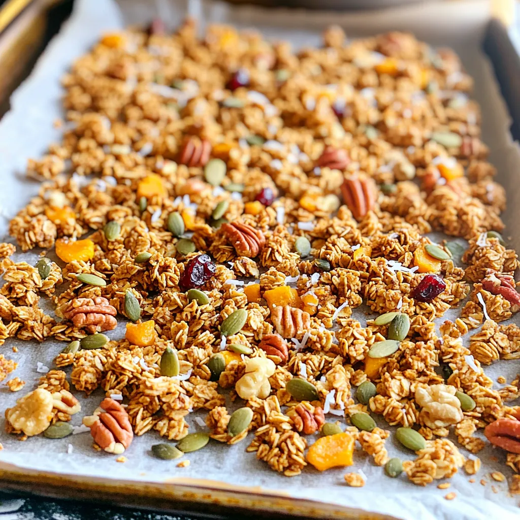 This granola needs simple, tasty ingredients. Here’s what you will use: - 2 cups rolled oats - 1 cup nuts (walnuts, pecans, or almonds), roughly chopped - 1/2 cup pumpkin seeds - 1/2 cup unsweetened shredded coconut - 1/2 cup maple syrup - 1/4 cup coconut oil, melted - 1 teaspoon vanilla extract - 1 tablespoon pumpkin pie spice - 1/2 teaspoon salt Each ingredient adds its own magic. The oats provide a hearty base. The nuts give crunch and protein. Pumpkin seeds add a lovely nutty flavor. Coconut brings sweetness and chew. Maple syrup and coconut oil bind it all together. Vanilla extract adds a warm note. Pumpkin pie spice gives the granola its fall vibe. A pinch of salt balances the sweetness. You can add extra fun with these optional ingredients: - 1/2 cup dried cranberries or raisins These add a burst of sweetness and chewiness. You can mix and match other dried fruits, too. Try adding chopped dates or apricots for variety. This gives you a chance to make the granola your own. Each serving of this granola is packed with goodness. Here’s what you get: - Calories: About 220 - Protein: 5 grams - Fat: 10 grams - Carbohydrates: 30 grams - Fiber: 4 grams - Sugar: 7 grams This granola is a great source of energy. It’s perfect for breakfast or a snack. You’ll feel full and satisfied. With the right mix of flavors and nutrients, it’s a treat you can enjoy without guilt. First, set your oven to 325°F (165°C). This is the perfect temperature for baking granola. Next, line a large baking sheet with parchment paper. This step helps with easy cleanup and keeps the granola from sticking. In a large bowl, add 2 cups of rolled oats. Then, include 1 cup of chopped nuts. You can choose walnuts, pecans, or almonds—whatever you like best. Next, throw in 1/2 cup of pumpkin seeds and 1/2 cup of shredded coconut. Finally, sprinkle in 1/2 teaspoon of salt. Mix everything well until it’s all combined. Grab another bowl and measure out 1/2 cup of maple syrup. Add 1/4 cup of melted coconut oil to this bowl. Then, pour in 1 teaspoon of vanilla extract and 1 tablespoon of pumpkin pie spice. Whisk these ingredients together until they blend smoothly. Now, pour the wet mixture over the dry ingredients. Stir well to coat everything evenly. After that, spread the granola mixture onto the lined baking sheet. Bake it in your preheated oven for 25-30 minutes. Stir the granola halfway through. This helps it bake evenly. You will know it’s ready when it turns golden brown and smells great. Once baked, take the granola out of the oven. Let it cool completely on the baking sheet. If you want, add 1/2 cup of dried cranberries or raisins at this point. After it cools, break the granola into clusters. Store it in an airtight container. It will stay fresh for up to two weeks. To get the best crunch, use rolled oats. They toast evenly and stay crisp. Mix nuts, seeds, and coconut well with the oats. This helps blend flavors. Stir the granola halfway through baking. This step keeps it from burning and helps it bake evenly. Let it cool completely before breaking it apart. This helps form those tasty clusters you want. You can swap nuts for seeds if you like. Sunflower seeds work great too. For sweeteners, try honey instead of maple syrup. If you want a coconut-free version, leave out the shredded coconut. You can use olive oil instead of coconut oil if you prefer. These changes keep the recipe flexible for all tastes. For extra flavor, add a pinch of cinnamon or nutmeg. You can also mix in some cocoa powder for a chocolate twist. Dried fruit, like cranberries or raisins, add sweetness. If you like spice, try adding a dash of cayenne pepper for warmth. These tweaks let you create a granola that fits your taste perfectly. {{image_2}} You can change the flavors of your pumpkin pie spice granola by using seasonal ingredients. In winter, add chopped dried apples or cranberries for a festive touch. In spring, try mixing in fresh strawberries or blueberries for a burst of color and taste. In summer, include chopped peaches or nectarines to keep it light and fresh. Each season brings new flavors that can make your granola exciting and fun. If you need a nut-free granola, simply skip the nuts. You can use more seeds, like sunflower or flaxseeds, instead. For a gluten-free version, ensure your oats are certified gluten-free. This way, you can enjoy your granola without worry. You can also use gluten-free oats to keep it safe for everyone. Making this granola vegan is easy! Just replace the honey or maple syrup with agave nectar. You can also use plant-based butter instead of coconut oil. This way, everyone can enjoy the tasty flavors of pumpkin pie spice granola. The result will still be delicious and satisfying, perfect for any meal or snack. Store your pumpkin pie spice granola in an airtight container. A glass jar or plastic bin works well. Keep it in a cool, dry place. Avoid areas near heat or sunlight. This helps keep the flavors fresh and tasty. When stored correctly, your granola can last for up to two weeks. If you want it to last longer, consider freezing it. Granola can stay fresh in the freezer for up to three months. Just remember to thaw it in the fridge before eating. Check your granola for any off smells or strange flavors. If it smells stale or tastes odd, it’s time to toss it. Look for any signs of mold or moisture. If you see clumps or wet spots, do not eat it. Fresh granola will smell sweet and spicy. Yes, you can make Pumpkin Pie Spice Granola a few days in advance. It stores well. Just keep it in an airtight container. This granola stays fresh for up to two weeks. I love making a big batch for busy mornings. You can enjoy it right away or save it for later. You can serve Pumpkin Pie Spice Granola in many ways. It's great with yogurt or milk. I like it over fresh fruit for added flavor. You can also sprinkle it on oatmeal or smoothie bowls. For a sweet treat, use it in desserts like parfaits or as a topping for ice cream. To make your granola crispy, spread it evenly on the baking sheet. Stir it halfway through baking to ensure even cooking. Baking at a lower temperature for a longer time can help too. Watch for a golden color; that's when it's just right. Let it cool completely before breaking it into clusters. Absolutely! You can customize Pumpkin Pie Spice Granola to fit your taste. Swap nuts for your favorites or add seeds like sunflower or chia. Dried fruits like apricots or figs can bring new flavors. If you like spice, add a pinch of cinnamon or nutmeg. The choice is yours! This blog post covered all you need to know about making Pumpkin Pie Spice Granola. We explored key ingredients, step-by-step instructions, and helpful tips. I offered variations for different diets and shared storage tips to keep it fresh. Now, you can enjoy a tasty treat that fits your needs. With a few simple steps, you can create a delicious granola that everyone will love. Happy baking!