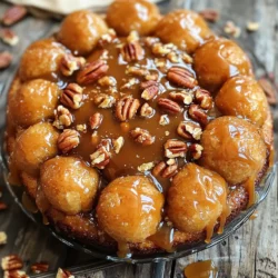 To make the best caramel monkey bread, gather these items: - 2 cans (16.5 oz each) refrigerated biscuit dough - 1 cup brown sugar, packed - 1/2 cup granulated sugar - 1/2 cup unsalted butter (1 stick), melted - 1 teaspoon ground cinnamon - 1 cup caramel sauce (store-bought or homemade) - 1/2 cup chopped pecans or walnuts (optional) - Cooking spray You can swap some ingredients if needed. Here are a few ideas: - Use homemade biscuit dough instead of store-bought for a fresh taste. - Replace brown sugar with coconut sugar for a different flavor. - If you don’t have nuts, try using chocolate chips instead. - Use margarine in place of butter if that’s what you have on hand. Make your monkey bread even more special with these fun toppings: - Drizzle extra caramel sauce on top before serving for extra sweetness. - Add a sprinkle of sea salt to balance the sweetness. - Serve with whipped cream or ice cream for a treat. - Try adding dried fruit like raisins or cranberries for a fruity twist. 1. First, preheat your oven to 350°F (175°C). This step is key for even baking. 2. Grease a bundt pan with cooking spray. This helps the bread come out easily later. 3. In a medium bowl, mix the granulated sugar and cinnamon. Stir well and set it aside. 4. Open the biscuit dough. Cut each biscuit into quarters. This makes them easier to roll. 5. Roll each piece into a ball. Then, coat them in the cinnamon-sugar mix. Shake off any extra sugar. 6. Place half of the coated biscuit balls in the bundt pan. This is your first layer. 7. If you like nuts, sprinkle half of the chopped pecans or walnuts over the first layer. 8. Drizzle half of the caramel sauce over the biscuit layer. Spread it out to cover well. 9. Add the remaining biscuit balls on top. Follow with the rest of the nuts, and drizzle with the rest of the caramel sauce. 10. In a small saucepan, melt the butter. Mix it with the brown sugar until smooth. Pour this mixture over the top layer of biscuit dough. 1. Place the bundt pan in the preheated oven. Bake for 30 to 35 minutes. 2. Look for a golden brown color on top. This signals that it’s done. 3. Once baked, remove the pan from the oven. Allow it to cool for about 10 minutes. 4. Carefully invert the bundt pan onto a serving plate. Let the monkey bread fall out gently. - Use fresh biscuit dough for the best flavor and texture. - Make sure to coat the dough balls well in the cinnamon-sugar mix. This adds sweetness and helps with texture. - Don’t skip the resting time after baking. It helps the bread set before you invert it. - For extra gooeyness, add more caramel sauce on top just before serving. Enjoy making this sweet and sticky treat! When making caramel monkey bread, avoid a few common mistakes. First, do not skip the cooking spray. This step keeps the bread from sticking to the pan. Next, be careful with the biscuit dough. Cut the biscuits evenly to ensure they bake well. If they are too big, they may not cook all the way through. Lastly, don’t rush the cooling time. Letting it cool for ten minutes helps it hold its shape. To make your monkey bread even better, add some extras. A pinch of nutmeg with the cinnamon adds warmth. Also, try using different nuts. Pecans or walnuts are great, but almonds or hazelnuts work too. For a chocolate twist, add mini chocolate chips with the dough. You can also mix a bit of vanilla extract into the butter and brown sugar. This small change adds a nice depth of flavor. You’ll know your caramel monkey bread is ready when it turns golden brown. Check the center with a toothpick. It should come out clean, with no dough stuck to it. If you see any wet dough, bake it a few minutes more. The edges will also look crispy and firm. Trust your eyes and your nose; it should smell amazing when it’s done! {{image_2}} Caramel monkey bread is so fun to make! You can change the flavor easily. Try adding chocolate chips for a rich treat. Vanilla bean paste gives a nice twist. You can even use orange zest for a bright taste. If you like nuts, try mixing in almonds or hazelnuts. Each variation makes this dish feel new and exciting. Seasonal flavors can change your monkey bread game. In fall, add pumpkin spice to mix. Just use cinnamon, nutmeg, and cloves. It brings warmth and comfort. For winter, try peppermint extract and crushed candy canes. This adds a festive touch. In summer, fresh berries mixed into the dough give a fruity vibe. Each season brings a chance to create something fresh. You can serve caramel monkey bread in different ways. Pull-apart servings make it fun at parties. Instead of a bundt pan, use a large oven-safe dish. Layer the dough balls closely and bake as normal. This way, guests can easily pull off pieces. You can also make mini versions in muffin tins. These are cute and perfect for snacks. Each presentation keeps the fun alive! After enjoying your caramel monkey bread, let it cool completely. Wrap the leftover bread in plastic wrap or aluminum foil. You can also place it in an airtight container. This keeps it moist and fresh. Store it at room temperature for up to two days. If you want it to last longer, refrigerate it. To reheat your monkey bread, preheat your oven to 350°F (175°C). Place the monkey bread in a baking dish. Cover it with foil to keep it from drying out. Heat for about 10-15 minutes. You can also microwave individual pieces for about 20-30 seconds. Drizzle a bit of caramel sauce on top before serving for extra sweetness. If you want to freeze your caramel monkey bread, first let it cool. Wrap it tightly in plastic wrap, then in foil. This helps prevent freezer burn. You can freeze it for up to three months. When you're ready to eat, thaw it overnight in the fridge. Reheat it in the oven as described above for the best taste. Yes, you can use homemade biscuit dough. It gives a fresh taste. Just make sure it’s soft and fluffy. Follow your favorite biscuit recipe. Cut it into small pieces, just like store-bought dough. Coat them in cinnamon-sugar for that sweet kick. The baking time may be similar, but keep an eye on it. I love serving caramel monkey bread warm. It’s best when fresh from the oven. Invert it onto a plate for a fun presentation. Drizzle more caramel sauce on top for extra sweetness. Serve it with a side of whipped cream for dipping. Guests can pull apart pieces easily. This makes it even more fun and tasty. Caramel monkey bread is best enjoyed fresh. If you have leftovers, store them in an airtight container. It can last up to three days at room temperature. For longer storage, keep it in the fridge. Just reheat it in the oven for a few minutes. This way, it stays warm and tasty. In this blog post, we covered the key ingredients, detailed instructions, and helpful tips for making caramel monkey bread. We also explored variations to keep your baking exciting. Remember, avoiding common mistakes and using the right ingredients makes a big difference. With the right storage, you can enjoy this treat longer. Embrace your creativity with flavor and presentation options. This sweet dish is perfect for sharing and celebrating. Enjoy your baking adventures and make every bite special!