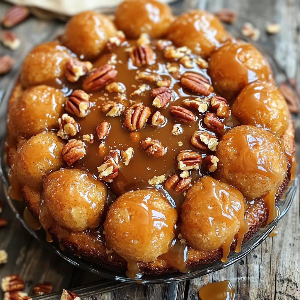 To make the best caramel monkey bread, gather these items: - 2 cans (16.5 oz each) refrigerated biscuit dough - 1 cup brown sugar, packed - 1/2 cup granulated sugar - 1/2 cup unsalted butter (1 stick), melted - 1 teaspoon ground cinnamon - 1 cup caramel sauce (store-bought or homemade) - 1/2 cup chopped pecans or walnuts (optional) - Cooking spray You can swap some ingredients if needed. Here are a few ideas: - Use homemade biscuit dough instead of store-bought for a fresh taste. - Replace brown sugar with coconut sugar for a different flavor. - If you don’t have nuts, try using chocolate chips instead. - Use margarine in place of butter if that’s what you have on hand. Make your monkey bread even more special with these fun toppings: - Drizzle extra caramel sauce on top before serving for extra sweetness. - Add a sprinkle of sea salt to balance the sweetness. - Serve with whipped cream or ice cream for a treat. - Try adding dried fruit like raisins or cranberries for a fruity twist. 1. First, preheat your oven to 350°F (175°C). This step is key for even baking. 2. Grease a bundt pan with cooking spray. This helps the bread come out easily later. 3. In a medium bowl, mix the granulated sugar and cinnamon. Stir well and set it aside. 4. Open the biscuit dough. Cut each biscuit into quarters. This makes them easier to roll. 5. Roll each piece into a ball. Then, coat them in the cinnamon-sugar mix. Shake off any extra sugar. 6. Place half of the coated biscuit balls in the bundt pan. This is your first layer. 7. If you like nuts, sprinkle half of the chopped pecans or walnuts over the first layer. 8. Drizzle half of the caramel sauce over the biscuit layer. Spread it out to cover well. 9. Add the remaining biscuit balls on top. Follow with the rest of the nuts, and drizzle with the rest of the caramel sauce. 10. In a small saucepan, melt the butter. Mix it with the brown sugar until smooth. Pour this mixture over the top layer of biscuit dough. 1. Place the bundt pan in the preheated oven. Bake for 30 to 35 minutes. 2. Look for a golden brown color on top. This signals that it’s done. 3. Once baked, remove the pan from the oven. Allow it to cool for about 10 minutes. 4. Carefully invert the bundt pan onto a serving plate. Let the monkey bread fall out gently. - Use fresh biscuit dough for the best flavor and texture. - Make sure to coat the dough balls well in the cinnamon-sugar mix. This adds sweetness and helps with texture. - Don’t skip the resting time after baking. It helps the bread set before you invert it. - For extra gooeyness, add more caramel sauce on top just before serving. Enjoy making this sweet and sticky treat! When making caramel monkey bread, avoid a few common mistakes. First, do not skip the cooking spray. This step keeps the bread from sticking to the pan. Next, be careful with the biscuit dough. Cut the biscuits evenly to ensure they bake well. If they are too big, they may not cook all the way through. Lastly, don’t rush the cooling time. Letting it cool for ten minutes helps it hold its shape. To make your monkey bread even better, add some extras. A pinch of nutmeg with the cinnamon adds warmth. Also, try using different nuts. Pecans or walnuts are great, but almonds or hazelnuts work too. For a chocolate twist, add mini chocolate chips with the dough. You can also mix a bit of vanilla extract into the butter and brown sugar. This small change adds a nice depth of flavor. You’ll know your caramel monkey bread is ready when it turns golden brown. Check the center with a toothpick. It should come out clean, with no dough stuck to it. If you see any wet dough, bake it a few minutes more. The edges will also look crispy and firm. Trust your eyes and your nose; it should smell amazing when it’s done! {{image_2}} Caramel monkey bread is so fun to make! You can change the flavor easily. Try adding chocolate chips for a rich treat. Vanilla bean paste gives a nice twist. You can even use orange zest for a bright taste. If you like nuts, try mixing in almonds or hazelnuts. Each variation makes this dish feel new and exciting. Seasonal flavors can change your monkey bread game. In fall, add pumpkin spice to mix. Just use cinnamon, nutmeg, and cloves. It brings warmth and comfort. For winter, try peppermint extract and crushed candy canes. This adds a festive touch. In summer, fresh berries mixed into the dough give a fruity vibe. Each season brings a chance to create something fresh. You can serve caramel monkey bread in different ways. Pull-apart servings make it fun at parties. Instead of a bundt pan, use a large oven-safe dish. Layer the dough balls closely and bake as normal. This way, guests can easily pull off pieces. You can also make mini versions in muffin tins. These are cute and perfect for snacks. Each presentation keeps the fun alive! After enjoying your caramel monkey bread, let it cool completely. Wrap the leftover bread in plastic wrap or aluminum foil. You can also place it in an airtight container. This keeps it moist and fresh. Store it at room temperature for up to two days. If you want it to last longer, refrigerate it. To reheat your monkey bread, preheat your oven to 350°F (175°C). Place the monkey bread in a baking dish. Cover it with foil to keep it from drying out. Heat for about 10-15 minutes. You can also microwave individual pieces for about 20-30 seconds. Drizzle a bit of caramel sauce on top before serving for extra sweetness. If you want to freeze your caramel monkey bread, first let it cool. Wrap it tightly in plastic wrap, then in foil. This helps prevent freezer burn. You can freeze it for up to three months. When you're ready to eat, thaw it overnight in the fridge. Reheat it in the oven as described above for the best taste. Yes, you can use homemade biscuit dough. It gives a fresh taste. Just make sure it’s soft and fluffy. Follow your favorite biscuit recipe. Cut it into small pieces, just like store-bought dough. Coat them in cinnamon-sugar for that sweet kick. The baking time may be similar, but keep an eye on it. I love serving caramel monkey bread warm. It’s best when fresh from the oven. Invert it onto a plate for a fun presentation. Drizzle more caramel sauce on top for extra sweetness. Serve it with a side of whipped cream for dipping. Guests can pull apart pieces easily. This makes it even more fun and tasty. Caramel monkey bread is best enjoyed fresh. If you have leftovers, store them in an airtight container. It can last up to three days at room temperature. For longer storage, keep it in the fridge. Just reheat it in the oven for a few minutes. This way, it stays warm and tasty. In this blog post, we covered the key ingredients, detailed instructions, and helpful tips for making caramel monkey bread. We also explored variations to keep your baking exciting. Remember, avoiding common mistakes and using the right ingredients makes a big difference. With the right storage, you can enjoy this treat longer. Embrace your creativity with flavor and presentation options. This sweet dish is perfect for sharing and celebrating. Enjoy your baking adventures and make every bite special!