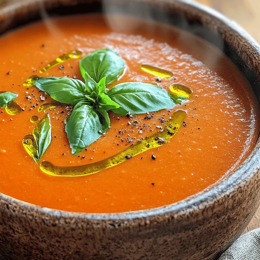 - 2 cans (28 oz each) whole peeled tomatoes - 1 medium onion, diced - 3 cloves garlic, minced - 4 cups vegetable broth - 1 cup fresh basil leaves, packed - 1/2 cup heavy cream (or coconut cream for a vegan option) - 1 teaspoon sugar - 1 teaspoon salt - 1/2 teaspoon black pepper - 1/4 teaspoon red pepper flakes (optional for heat) - Olive oil for drizzling - Fresh basil leaves for garnish When I make this slow cooker tomato basil soup, I start with my main ingredients. The whole peeled tomatoes bring a rich flavor. They also create a nice base for the soup. The diced onion adds sweetness, while the minced garlic gives it a punch. Next, I use vegetable broth. It adds a depth of flavor. I choose fresh basil leaves because they give the soup a fresh, bright taste. If you want a creamy texture, you can add heavy cream. Coconut cream works great for a vegan option. For seasoning, I add sugar, salt, and black pepper. The sugar balances the acidity of the tomatoes. Red pepper flakes give it a kick, but you can skip them if you prefer a milder soup. Finally, I drizzle olive oil on top and add fresh basil leaves for garnish. This completes the dish and makes it look beautiful. Start by opening the two cans of whole peeled tomatoes. Pour them into the slow cooker with all their juices. Next, take your medium onion and dice it into small pieces. Use a sharp knife for clean cuts. Then, mince the three cloves of garlic. The smell of fresh garlic will add a nice kick to the soup. Now it’s time to mix all the ingredients in the slow cooker. Add the diced onion and minced garlic to the tomatoes. Pour in four cups of vegetable broth. Sprinkle in one teaspoon of sugar, one teaspoon of salt, and half a teaspoon of black pepper. If you want some heat, add a quarter teaspoon of red pepper flakes. Stir everything gently to combine. Cover the slow cooker and set it to low. Let it cook for six to eight hours. This slow cooking helps the flavors blend well. About thirty minutes before you plan to serve, add one cup of fresh basil leaves. Stir them into the soup. This will give it a fresh and bright flavor. Once the cooking time is up, use an immersion blender to puree the soup until it’s smooth. If you don’t have an immersion blender, carefully transfer the soup in batches to a regular blender, then return it to the slow cooker. Next, stir in half a cup of heavy cream. This will make the soup creamy and rich. If the soup is too thick, you can adjust it by adding a little more vegetable broth. Finally, taste the soup and adjust the seasoning if needed. Serve it hot, drizzled with olive oil and garnished with fresh basil leaves for a lovely finish. - The best type of tomatoes for this soup is whole peeled tomatoes. They give a rich flavor. - Fresh basil adds brightness. It makes the soup taste fresh and lively. - I recommend using an immersion blender. It is easy and quick. - If you use a regular blender, let the soup cool first. Blend in batches for safety. Aim for a smooth soup, but you can leave some chunks for texture. - To add heat, sprinkle in red pepper flakes. Start small and taste as you go. - Balance sweetness and acidity with sugar and salt. Add a pinch of sugar if the soup tastes too acidic. Adjust to your liking. {{image_2}} You can easily make this soup vegan. Instead of using heavy cream, use coconut cream. It adds a rich, creamy taste. Plus, it keeps the soup dairy-free. Just stir it in at the end. Your soup will still be smooth and delicious. Want to boost the flavor? Try adding roasted red peppers or carrots. Roasted red peppers bring a sweet taste and a nice color. Carrots add a hint of natural sweetness and extra nutrients. You can also mix in herbs like thyme or oregano. These herbs give a fresh touch. They pair well with the basil in the soup. This soup is perfect with crusty bread or grilled cheese. The bread soaks up the soup's rich flavors. Grilled cheese adds a crunchy texture. You can serve it as a starter or a main dish. It’s filling and comforting, making it great for any meal. To store leftover soup, let it cool first. Then, pour it into a container. Use an airtight container for best results. I recommend glass containers. They keep the soup fresh and let you see what's inside. Label the container with the date. This way, you know when you made it. To freeze your tomato basil soup, let it cool completely. Pour it into freezer bags or containers. Leave some space at the top to allow for expansion. This helps prevent spills. When you're ready to eat, thaw the soup in the fridge overnight. You can also use the microwave for quicker thawing. Reheat on the stove over low heat. Stir gently to warm it evenly. In the fridge, this soup lasts about 3 to 5 days. Make sure to check for any signs of spoilage. In the freezer, it can last up to 3 months. Always label your containers with a date. This helps you enjoy your soup at its best. Yes, you can use fresh tomatoes. Fresh tomatoes add a bright taste. You will need about 2 to 3 pounds of fresh tomatoes. You should peel and chop them first. This can take more time than using canned. Canned tomatoes have a softer texture and are ready to use. They also have a rich flavor from cooking. If you want ease, go with canned. To make the soup spicier, add red pepper flakes. Start with a small amount, like 1/4 teaspoon. You can always add more if you want more heat. Another way is to add diced jalapeños or fresh chili peppers. You can also use hot sauce for a different kick. Always taste as you go to find your perfect spice level. Yes, you can make this soup ahead of time. It tastes great after sitting for a day. To prepare, cook the soup as usual and let it cool. Then, store it in the fridge for up to 3 days. When ready to serve, reheat it on the stove. You can also freeze the soup for up to 3 months. Just thaw it overnight in the fridge before reheating. This blog post shows you how to make a delicious tomato basil soup. We covered key ingredients, like tomatoes, onion, garlic, and creamy options. I guided you through simple steps for cooking and blending to get the best taste. You learned tips to enhance flavors and variations for different diets. Proper storage methods were also discussed to keep your soup fresh. Now, enjoy making and savoring your homemade soup. You’ll impress everyone with your cooking skills!