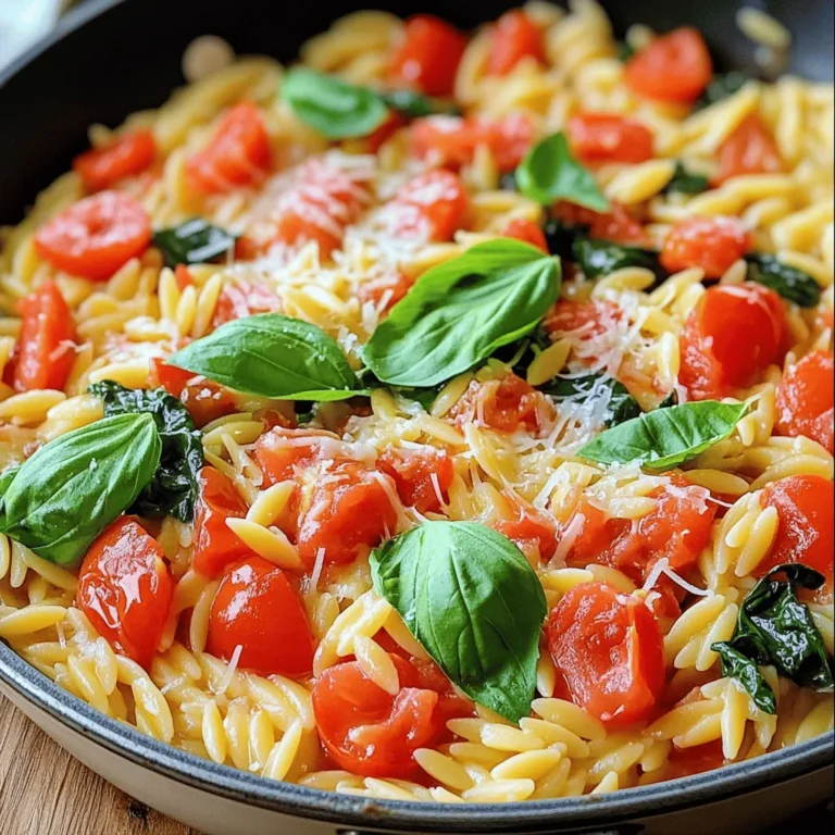 To make a tasty Tomato Parmesan Orzo Skillet, gather these ingredients: - 1 cup orzo pasta - 2 tablespoons olive oil - 1 medium onion, diced - 3 cloves garlic, minced - 1 can (14.5 oz) diced tomatoes, with juice - 2 cups vegetable broth - 1 teaspoon Italian seasoning - Salt and pepper to taste - 1 cup fresh spinach - 1 cup grated Parmesan cheese - Fresh basil leaves for garnish These ingredients blend together to create a rich and creamy meal. The orzo pasta cooks perfectly with the diced tomatoes and broth. The Parmesan adds a nice touch of flavor that makes this dish shine. You can change this dish to fit your taste. Here are some optional ingredients: - Red pepper flakes for heat - Bell peppers for crunch - Mushrooms for earthiness - Zucchini for added veggies - Different cheeses like mozzarella or feta Mix and match these ingredients to create your ideal dish. Each choice adds a unique twist. You might not have every ingredient on hand. Here are some helpful swaps: - Use any small pasta if you lack orzo. - Swap olive oil for butter for a different flavor. - Vegetable broth can be replaced with chicken broth. - Fresh spinach can be switched with kale or Swiss chard. These swaps keep your dish tasty while using what you have. Don’t worry; you can still make a delicious meal even if you improvise! 1. Heat 2 tablespoons of olive oil in a large skillet over medium heat. 2. Add 1 medium diced onion and cook until it’s soft and clear, about 4-5 minutes. 3. Stir in 3 minced garlic cloves and cook for 1-2 minutes until you smell the garlic. 4. Add 1 cup of orzo pasta to the skillet. Toast it for about 2 minutes while stirring. 5. Pour in 1 can of diced tomatoes (with juice) and 2 cups of vegetable broth. 6. Mix in 1 teaspoon of Italian seasoning, then add salt and pepper to taste. 7. Bring this mixture to a gentle boil, then lower the heat. Cover the skillet and simmer for 10-12 minutes. Stir it often until the orzo is al dente and the liquid is mostly gone. 8. Add in 1 cup of fresh spinach and stir until it wilts down. 9. Remove from heat and mix in 1 cup of grated Parmesan cheese until it melts and becomes creamy. 10. Taste and adjust seasoning with more salt and pepper if needed. 11. Serve hot and garnish with fresh basil leaves for a lovely touch. - Stir the orzo while it toasts. This makes it taste better. - Keep the heat low when simmering to avoid burning the bottom. - Use a lid while cooking; it helps keep moisture in and cooks evenly. - Always taste your dish before serving; adjust flavors for the best taste. While I can't provide images, I suggest taking pictures as you cook. This can help you track each step. Watching videos of similar recipes can also guide you through the process. Look for videos that show the texture of the orzo when it’s done. Seeing it will help you get it right! One mistake is overcooking the orzo. Watch it closely to keep it al dente. Another error is neglecting to season at every step. Each layer adds depth. Also, don't skip the fresh spinach. It adds color and nutrients. Lastly, avoid using low-quality cheese. Good Parmesan makes a big difference. To boost flavor, use high-quality olive oil. It enhances the dish's richness. Toast the orzo lightly in the oil; this step adds a nutty taste. Use fresh garlic and onions for the best aroma. Add salt gradually, tasting as you go. Fresh basil as a garnish brightens the dish. A large skillet is key for even cooking. Choose one with a lid for simmering. A wooden spoon helps stir without scratching the pan. Use a measuring cup for the orzo to ensure accuracy. Finally, a sharp knife and cutting board make prep easy. {{image_2}} You can easily make this dish vegetarian or vegan. To do this, simply use vegetable broth instead of chicken broth. For a vegan twist, swap out the Parmesan cheese for a plant-based cheese or nutritional yeast. Both options provide a cheesy flavor without dairy. You can also add more veggies, like bell peppers or zucchini, to boost nutrition and taste. If you want to add protein, chicken or shrimp works great. For chicken, cut it into bite-sized pieces. Sauté it in olive oil before you add the onion. Cook until it’s golden brown. For shrimp, add it after the orzo and broth. Let it cook for about 5 minutes until they turn pink. Both options make the dish more filling and satisfying. To boost flavor, try adding fresh herbs or spices. Fresh basil is nice for garnish, but you can mix it in too. Oregano or thyme can add depth to the dish. If you like heat, add red pepper flakes. Just a pinch can brighten the flavors. These small changes can turn a simple meal into something special. To store your Tomato Parmesan Orzo Skillet, let it cool first. Place it in an airtight container. This keeps the flavors fresh. You can store it in the fridge for up to three days. If you want to save it longer, consider freezing it. When you reheat the skillet, use low heat. Start on the stove or in the microwave. Add a splash of broth or water to keep it moist. Stir often to heat evenly. This helps the orzo stay creamy and avoid drying out. To freeze the skillet, portion it into smaller containers. This makes it easy to thaw later. Make sure to label each container with the date. You can freeze it for up to three months. When ready to eat, thaw overnight in the fridge before reheating. This will keep your dish tasty and fresh. Orzo is a type of pasta that looks like rice. It is small and has a soft texture when cooked. I enjoy using orzo because it absorbs flavors well. It works great in soups, salads, or as a side dish. In this recipe, orzo adds a nice heartiness to the meal. Yes, you can use other cheeses! While Parmesan is my favorite, you can try mozzarella for a milder taste. Feta cheese adds a tangy kick, which is delightful. Just keep in mind that different cheeses can change the dish's flavor and creaminess. To make the dish creamier, try adding more cheese. You can also mix in a splash of cream or milk. Another option is to stir in some cream cheese or mascarpone at the end. These additions will give your skillet a rich and smooth texture. No, this recipe is not gluten-free because orzo is made from wheat. However, you can find gluten-free orzo made from rice or corn. Just substitute the regular orzo with the gluten-free version. The cooking time may vary, so check the package for details. This dish lasts about 3-4 days in the fridge. To store it, place it in an airtight container. When you want to eat it, just reheat it on the stove or in the microwave. Add a splash of broth or water to keep it moist while reheating. You learned about key ingredients and how to cook orzo perfectly. I shared tips to avoid common mistakes and enhance flavors. Variations let you adapt the dish for any taste, while storage tips will help your leftovers last longer. With this guide, you can create a tasty orzo dish every time. Enjoy your cooking journey!