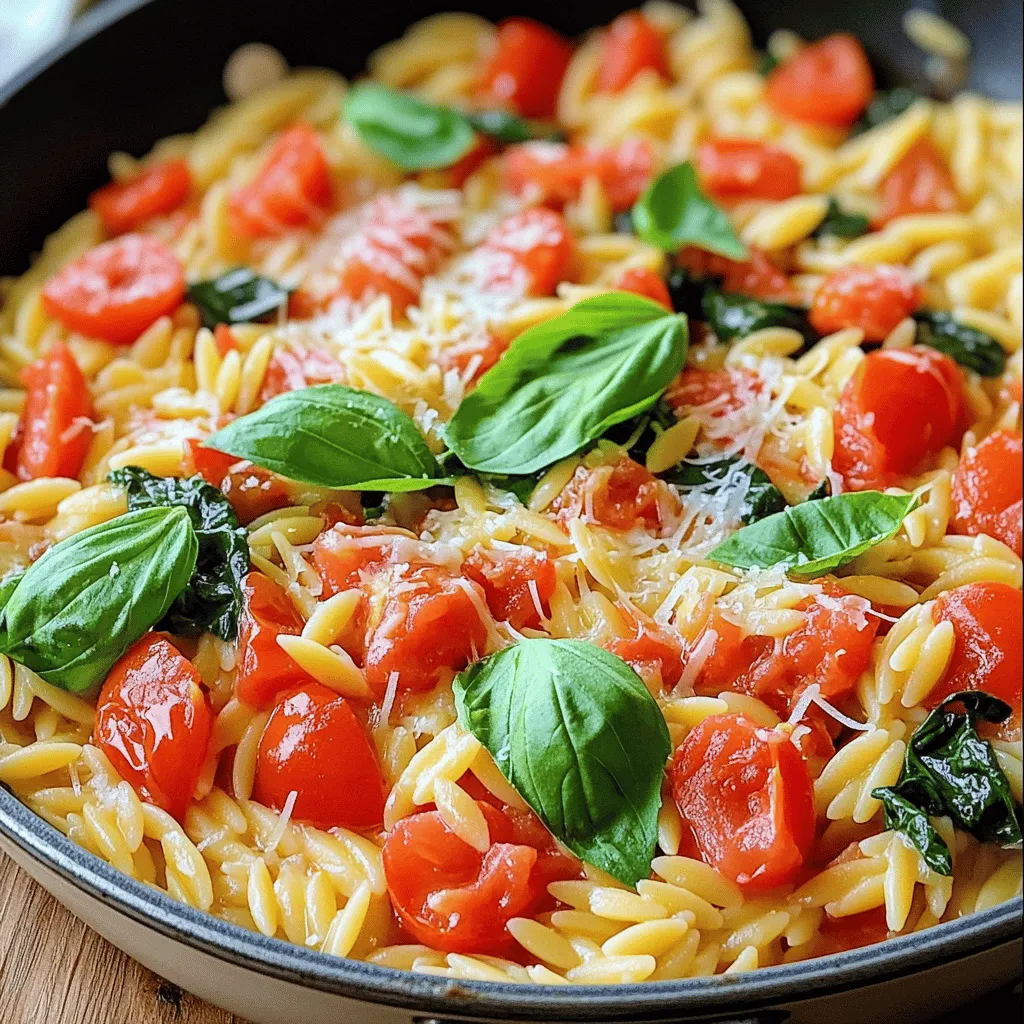 To make a tasty Tomato Parmesan Orzo Skillet, gather these ingredients: - 1 cup orzo pasta - 2 tablespoons olive oil - 1 medium onion, diced - 3 cloves garlic, minced - 1 can (14.5 oz) diced tomatoes, with juice - 2 cups vegetable broth - 1 teaspoon Italian seasoning - Salt and pepper to taste - 1 cup fresh spinach - 1 cup grated Parmesan cheese - Fresh basil leaves for garnish These ingredients blend together to create a rich and creamy meal. The orzo pasta cooks perfectly with the diced tomatoes and broth. The Parmesan adds a nice touch of flavor that makes this dish shine. You can change this dish to fit your taste. Here are some optional ingredients: - Red pepper flakes for heat - Bell peppers for crunch - Mushrooms for earthiness - Zucchini for added veggies - Different cheeses like mozzarella or feta Mix and match these ingredients to create your ideal dish. Each choice adds a unique twist. You might not have every ingredient on hand. Here are some helpful swaps: - Use any small pasta if you lack orzo. - Swap olive oil for butter for a different flavor. - Vegetable broth can be replaced with chicken broth. - Fresh spinach can be switched with kale or Swiss chard. These swaps keep your dish tasty while using what you have. Don’t worry; you can still make a delicious meal even if you improvise! 1. Heat 2 tablespoons of olive oil in a large skillet over medium heat. 2. Add 1 medium diced onion and cook until it’s soft and clear, about 4-5 minutes. 3. Stir in 3 minced garlic cloves and cook for 1-2 minutes until you smell the garlic. 4. Add 1 cup of orzo pasta to the skillet. Toast it for about 2 minutes while stirring. 5. Pour in 1 can of diced tomatoes (with juice) and 2 cups of vegetable broth. 6. Mix in 1 teaspoon of Italian seasoning, then add salt and pepper to taste. 7. Bring this mixture to a gentle boil, then lower the heat. Cover the skillet and simmer for 10-12 minutes. Stir it often until the orzo is al dente and the liquid is mostly gone. 8. Add in 1 cup of fresh spinach and stir until it wilts down. 9. Remove from heat and mix in 1 cup of grated Parmesan cheese until it melts and becomes creamy. 10. Taste and adjust seasoning with more salt and pepper if needed. 11. Serve hot and garnish with fresh basil leaves for a lovely touch. - Stir the orzo while it toasts. This makes it taste better. - Keep the heat low when simmering to avoid burning the bottom. - Use a lid while cooking; it helps keep moisture in and cooks evenly. - Always taste your dish before serving; adjust flavors for the best taste. While I can't provide images, I suggest taking pictures as you cook. This can help you track each step. Watching videos of similar recipes can also guide you through the process. Look for videos that show the texture of the orzo when it’s done. Seeing it will help you get it right! One mistake is overcooking the orzo. Watch it closely to keep it al dente. Another error is neglecting to season at every step. Each layer adds depth. Also, don't skip the fresh spinach. It adds color and nutrients. Lastly, avoid using low-quality cheese. Good Parmesan makes a big difference. To boost flavor, use high-quality olive oil. It enhances the dish's richness. Toast the orzo lightly in the oil; this step adds a nutty taste. Use fresh garlic and onions for the best aroma. Add salt gradually, tasting as you go. Fresh basil as a garnish brightens the dish. A large skillet is key for even cooking. Choose one with a lid for simmering. A wooden spoon helps stir without scratching the pan. Use a measuring cup for the orzo to ensure accuracy. Finally, a sharp knife and cutting board make prep easy. {{image_2}} You can easily make this dish vegetarian or vegan. To do this, simply use vegetable broth instead of chicken broth. For a vegan twist, swap out the Parmesan cheese for a plant-based cheese or nutritional yeast. Both options provide a cheesy flavor without dairy. You can also add more veggies, like bell peppers or zucchini, to boost nutrition and taste. If you want to add protein, chicken or shrimp works great. For chicken, cut it into bite-sized pieces. Sauté it in olive oil before you add the onion. Cook until it’s golden brown. For shrimp, add it after the orzo and broth. Let it cook for about 5 minutes until they turn pink. Both options make the dish more filling and satisfying. To boost flavor, try adding fresh herbs or spices. Fresh basil is nice for garnish, but you can mix it in too. Oregano or thyme can add depth to the dish. If you like heat, add red pepper flakes. Just a pinch can brighten the flavors. These small changes can turn a simple meal into something special. To store your Tomato Parmesan Orzo Skillet, let it cool first. Place it in an airtight container. This keeps the flavors fresh. You can store it in the fridge for up to three days. If you want to save it longer, consider freezing it. When you reheat the skillet, use low heat. Start on the stove or in the microwave. Add a splash of broth or water to keep it moist. Stir often to heat evenly. This helps the orzo stay creamy and avoid drying out. To freeze the skillet, portion it into smaller containers. This makes it easy to thaw later. Make sure to label each container with the date. You can freeze it for up to three months. When ready to eat, thaw overnight in the fridge before reheating. This will keep your dish tasty and fresh. Orzo is a type of pasta that looks like rice. It is small and has a soft texture when cooked. I enjoy using orzo because it absorbs flavors well. It works great in soups, salads, or as a side dish. In this recipe, orzo adds a nice heartiness to the meal. Yes, you can use other cheeses! While Parmesan is my favorite, you can try mozzarella for a milder taste. Feta cheese adds a tangy kick, which is delightful. Just keep in mind that different cheeses can change the dish's flavor and creaminess. To make the dish creamier, try adding more cheese. You can also mix in a splash of cream or milk. Another option is to stir in some cream cheese or mascarpone at the end. These additions will give your skillet a rich and smooth texture. No, this recipe is not gluten-free because orzo is made from wheat. However, you can find gluten-free orzo made from rice or corn. Just substitute the regular orzo with the gluten-free version. The cooking time may vary, so check the package for details. This dish lasts about 3-4 days in the fridge. To store it, place it in an airtight container. When you want to eat it, just reheat it on the stove or in the microwave. Add a splash of broth or water to keep it moist while reheating. You learned about key ingredients and how to cook orzo perfectly. I shared tips to avoid common mistakes and enhance flavors. Variations let you adapt the dish for any taste, while storage tips will help your leftovers last longer. With this guide, you can create a tasty orzo dish every time. Enjoy your cooking journey!